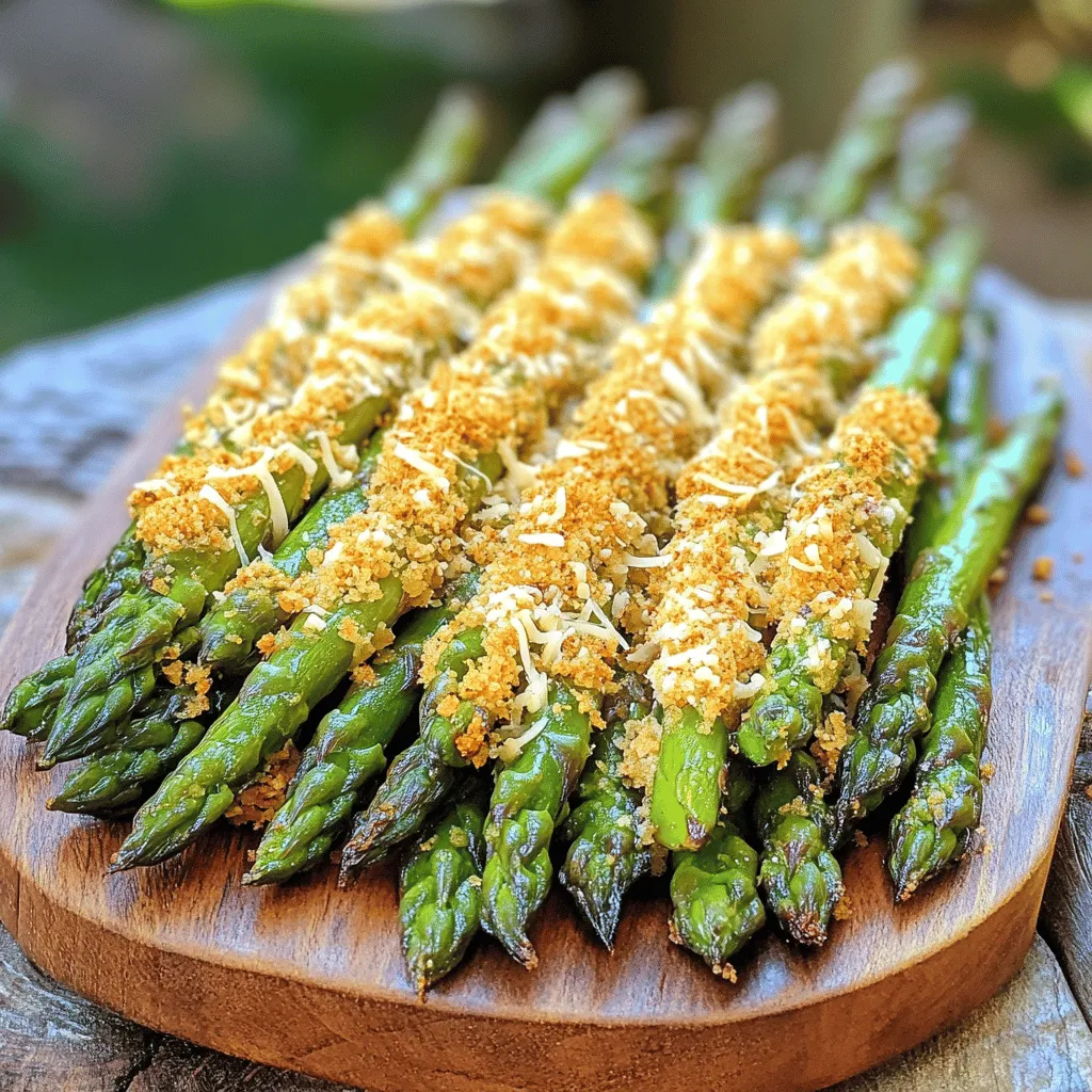 To make crispy asparagus asiago spears, you need these main ingredients: - 1 pound fresh asparagus, trimmed - 1 cup shredded Asiago cheese - 1 cup breadcrumbs (panko works best) - 2 large eggs, beaten - 1/2 cup all-purpose flour - 1 teaspoon garlic powder - 1 teaspoon paprika - Salt and pepper to taste - Olive oil spray These ingredients come together to create a dish that is both tasty and fun to eat. The fresh asparagus adds a nice crunch, while the Asiago cheese gives that rich flavor. You can try some optional ingredients to make this dish your own: - Lemon zest for a fresh kick - Fresh herbs like parsley or basil - Different cheese types like Parmesan or cheddar - Hot sauce for a spicy twist These extras allow you to play with flavors. Feel free to mix and match based on what you love! To prepare this dish, you will need the following tools: - Baking sheet - Parchment paper - Three shallow dishes for breading - Oven mitts for safety - A whisk for the eggs Having the right tools makes cooking easier and more fun. With these items on hand, you can create a beautiful plate of crispy asparagus asiago spears. For the full recipe, check the earlier section. To make crispy asparagus asiago spears, you need to prepare a few items. First, get your ingredients ready. You will need fresh asparagus, Asiago cheese, breadcrumbs, eggs, flour, garlic powder, paprika, salt, pepper, and olive oil spray. Next, preheat your oven to 425°F (220°C). This helps to make the spears crispy. Line a baking sheet with parchment paper. This will prevent sticking and make cleanup easy. 1. Set up your breading station. Use three shallow dishes. - In the first dish, add flour. - In the second, pour in beaten eggs. - In the third, mix breadcrumbs, shredded Asiago cheese, garlic powder, paprika, salt, and pepper. 2. Now, take one asparagus spear. Dip it into the flour. Shake off any extra flour. 3. Next, dip the floured spear into the egg. Let any excess egg drip off. 4. Finally, roll the asparagus in the breadcrumb mixture. Make sure it is well coated. 5. Place the breaded asparagus on your lined baking sheet. Make sure they are in a single layer. 6. Lightly spray the spears with olive oil. This step is key for crispiness. 7. Bake the asparagus in the oven for 15-20 minutes. Flip them halfway through for even cooking. 8. When they turn golden brown, remove them from the oven. Let them cool for a few minutes before serving. To get that perfect crunch, follow these tips: - Use panko breadcrumbs for extra texture. They are lighter and crispier. - Make sure the oil spray covers each spear lightly. Too much oil will make them soggy. - Avoid overcrowding the baking sheet. Give each spear space to breathe. - Flip the spears halfway through baking to ensure even crispiness. By following these steps, you will enjoy crispy asparagus asiago spears that are perfect every time. For the complete recipe, refer to the Full Recipe section of this article. To get the best breading on your asparagus, set up a clean space. Use three shallow bowls. Keep one for flour, one for egg, and one for the breadcrumb mix. Make sure to coat the asparagus well in each step. Shake off extra flour and egg. This helps the breadcrumbs stick better. The more even the coating, the crispier the outcome. Baking asparagus at 425°F (220°C) is key. This high heat allows the spears to cook quickly and evenly. Place the spears in a single layer. Avoid crowding them on the baking sheet. Flipping them halfway through baking ensures both sides get golden brown. Spraying with olive oil helps them crisp up. If you want extra crunch, try panko breadcrumbs. They add a great texture. To add more flavors, mix in herbs or spices. Try adding Italian seasoning or crushed red pepper for a kick. You can also sprinkle some lemon zest before serving. This adds a fresh taste that pairs well with the cheese. Another idea is to drizzle balsamic glaze on top. It gives a nice sweet-and-sour contrast. For more flavor ideas, check the Full Recipe. {{image_2}} You can swap Asiago for other cheeses. Parmesan works well and adds a nutty flavor. Cheddar gives a rich taste, while mozzarella melts beautifully for a gooey texture. Each cheese adds its own twist to the dish. Panko breadcrumbs give a great crunch. If you're looking for a twist, try crushed cornflakes or even ground nuts. Both options bring a unique texture and flavor to the dish. Experimenting with different crumbs can make this dish even more exciting. Asparagus shines, but other veggies can work too. Try zucchini, carrots, or green beans for a different taste. Just cut them to a similar size as asparagus for even cooking. You can enjoy this recipe all year long by using what's fresh and in season. For the full recipe, check out the detailed instructions above. After you enjoy your crispy asparagus asiago spears, store leftovers in a sealed container. Make sure the spears are fully cooled before sealing. This keeps them fresh and prevents sogginess. You can keep them in the fridge for up to three days. For best results, avoid stacking them too tightly. This helps maintain their crispiness. To reheat, preheat your oven to 350°F (175°C). Spread the asparagus spears on a baking sheet. Bake for about 10 minutes, or until they’re hot and crispy again. Avoid using the microwave, as it can make them soft. If you have an air fryer, use it for the best results. The air fryer works wonders for keeping them crispy. If you want to freeze your crispy asparagus asiago spears, first cool them completely. Lay them flat on a baking sheet and freeze for about an hour. Once frozen, transfer them to a freezer-safe bag. They can last for up to three months. When you’re ready to eat, bake them straight from the freezer. Just add a few extra minutes to the cooking time. Enjoy your tasty snack anytime! Yes, you can prepare Crispy Asparagus Asiago Spears in advance. Bread the asparagus and place them on a baking sheet. Cover the sheet with plastic wrap and store it in the fridge for up to 24 hours. When you're ready to bake, just remove the wrap and spray with olive oil. This saves time and lets you enjoy fresh, crispy spears anytime. Crispy Asparagus Asiago Spears pair well with many dishes. You can serve them as a side with grilled chicken or fish. They also make a tasty snack or appetizer for parties. Try them alongside a fresh salad or pasta for a full meal. Serve with a dipping sauce like ranch or a tangy aioli for added flavor. To make Crispy Asparagus Asiago Spears gluten-free, simply swap out the all-purpose flour and breadcrumbs. Use gluten-free flour and gluten-free breadcrumbs instead. There are many brands available that work well. Just ensure your Asiago cheese is free from gluten additives. This way, you can enjoy the same great taste without the gluten. This blog post covered the key steps to make crispy asparagus asiago spears. We went over the main ingredients, cooking instructions, and tips for achieving that perfect crunch. I also shared options for variations and how to store leftovers. In my view, making these tasty spears is worth the effort. They are a fun and healthy snack or side dish. Keep experimenting with flavors and enjoy your cooking adventures!