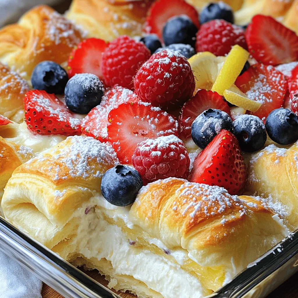 Here is what you need for the cheesecake crescent rolls casserole: - 2 cans (8 oz each) crescent roll dough - 16 oz cream cheese, softened - 1 cup granulated sugar - 1 teaspoon vanilla extract - 3 large eggs - 1 cup sour cream - 1 teaspoon lemon zest - ½ cup powdered sugar (for dusting) - Fresh berries (strawberries, blueberries, or raspberries for garnish) If you need to make swaps, here are some easy options: - You can use low-fat cream cheese instead of regular. - Greek yogurt can replace sour cream for a tangy twist. - If you want a sugar-free option, use a sugar substitute. - You can swap lemon zest for orange zest for a different flavor. Measuring ingredients correctly helps your casserole turn out great. Here are some tips: - Use a dry measuring cup for granulated sugar and powdered sugar. - Spoon the flour or sugar into the cup, then level it off with a knife. - For sticky ingredients like cream cheese, use a rubber spatula to help. - Eggs should be at room temperature for best mixing. These simple tips ensure your cheesecake crescent rolls casserole is a delightful treat. For the full recipe, check out the detailed instructions! Start by preheating your oven to 350°F (175°C). This step is key to ensure even baking. Next, grease a 9x13 inch baking dish with cooking spray or butter. This helps prevent sticking. Unroll the first can of crescent roll dough and lay it flat in the dish. Press the seams together to form a solid layer. In a large bowl, mix the softened cream cheese, granulated sugar, and vanilla extract. Use a hand mixer for this. Beat until the mixture is smooth and creamy. Then, add the eggs one at a time. Mix well after each egg. This helps get a nice, fluffy texture. Now, stir in the sour cream until everything is well combined. Don’t forget to add the lemon zest for a fresh taste. Pour the cheesecake mixture over the crescent roll layer in the baking dish. Spread it evenly with a spatula. Carefully unroll the second can of crescent roll dough. Tear it into smaller pieces if you like a rustic look. Place these pieces over the top of the cheesecake layer. Bake in your preheated oven for 35-40 minutes. The top should turn golden brown, and the cheesecake should set. Keep an eye on it to avoid over-baking. Once baked, let the casserole cool for at least 10 minutes. This makes it easier to cut. After cooling, dust the top with powdered sugar for a sweet finish. You can serve it warm or chilled, depending on your taste. Garnish with fresh berries for flavor and color. This dish is sure to impress! For the full recipe, check out the details provided earlier. To make a smooth cheesecake layer, start with softened cream cheese. Cold cream cheese does not mix well. Use a hand mixer to blend the cream cheese, sugar, vanilla, and lemon zest. Mix until it’s creamy and free of lumps. Add the eggs one by one, mixing well each time. Lastly, stir in the sour cream. This step adds richness and smoothness to your cheesecake layer. When working with crescent roll dough, keep it cool. If the dough gets too warm, it becomes hard to handle. Unroll it gently and press the seams together. This forms a solid base for your casserole. For the top layer, tear the dough into smaller pieces. This makes it more rustic and allows the cheesecake to peek through. One common mistake is overbaking the casserole. Keep a close eye on it. The top should be golden brown, and the cheesecake should be set but not dry. Another mistake is not cooling it before serving. Allowing it to rest for at least 10 minutes helps the flavors meld. Lastly, avoid skipping the powdered sugar dusting. It adds a lovely touch to your dish. For the complete recipe, check out the Full Recipe. {{image_2}} You can make this casserole even better by adding fruits or spices. Fresh berries are a great choice. You can mix in strawberries, blueberries, or raspberries. They add color and flavor. For a spicy twist, try adding a bit of cinnamon or nutmeg. These spices bring warmth to the dish. You can also add lemon or orange zest for a fruity kick. Each option adds a new taste that makes the casserole unique. If you want a lighter version, use low-fat cream cheese instead of regular. This keeps the creamy texture while cutting calories. You can also swap granulated sugar for a sugar-free alternative. Options like stevia or erythritol work well. For a lower fat content, use Greek yogurt in place of sour cream. These changes keep your dessert delicious without the guilt. For those avoiding gluten, there are good options. Look for gluten-free crescent roll dough in stores. Many brands offer tasty alternatives. You can also make your own dough using gluten-free flour blends. This way, everyone can enjoy the casserole. Just be sure to follow the baking time carefully, as gluten-free dough may cook differently. Enjoy the same great taste without the gluten! To store leftovers, let the casserole cool down first. Then, cut it into pieces. Use an airtight container to keep it fresh. Place a piece of parchment paper between layers if you stack them. This will prevent sticking. Store the container in the fridge. It will stay good for up to 3 days. You can freeze the casserole if you want to save some for later. First, let it cool completely. Then, wrap each piece tightly with plastic wrap. Place the wrapped pieces in a freezer-safe bag or container. Make sure to label it with the date. The casserole can last for about 2 months in the freezer. To reheat, take out the desired portion. If frozen, let it thaw in the fridge overnight first. Preheat your oven to 350°F (175°C). Place the casserole piece in an oven-safe dish. Cover it with foil to keep it moist. Heat for about 15-20 minutes or until warm. You can also microwave it for a quick option. Heat on medium power for 1-2 minutes, checking often. Enjoy it warm for the best taste. For the full recipe, refer to the earlier section. Yes, you can prepare this casserole a day in advance. Just follow the recipe and cover it with plastic wrap. Keep it in the fridge overnight. Bake it the next day for a warm treat. If you don’t have cream cheese, use mascarpone or ricotta cheese. Both will give a creamy texture. You can also use Greek yogurt for a lighter option, but it may change the flavor a bit. This casserole stays fresh in the fridge for about 3 to 4 days. Make sure to cover it tightly. If you want it to last longer, consider freezing it instead. Absolutely! You can add fresh fruit like strawberries or blueberries. Drizzling chocolate or caramel sauce can add sweetness. Whipped cream on top makes it extra special, too. Serving it warm is best for a gooey, creamy texture. However, it is also delicious chilled. It’s all about your personal taste! This post covered all the key steps to make Cheesecake Crescent Rolls Casserole. You learned about the right ingredients, helpful measuring tips, and step-by-step instructions to bake the perfect dish. I shared tips to avoid common mistakes and suggested tasty variations to try. Remember, storing leftovers correctly helps keep your dish fresh. Enjoy making this easy meal and feel free to get creative! Each bite can be your favorite. Happy cooking!