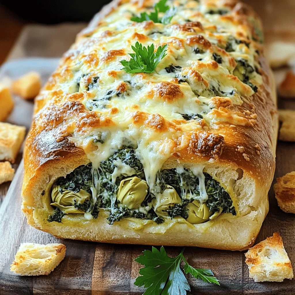 - 1 large round sourdough bread loaf - 1 cup fresh spinach, chopped - 1 cup canned artichoke hearts, drained and chopped - 1 cup cream cheese, softened - 1/2 cup sour cream - 1 cup shredded mozzarella cheese - 1/2 cup grated Parmesan cheese - 2 cloves garlic, minced - 1 teaspoon onion powder - 1/2 teaspoon crushed red pepper flakes (adjust to taste) - Salt and pepper to taste - 2 tablespoons olive oil - Fresh parsley, chopped (for garnish) The sourdough bread forms a crusty and flavorful base. It pairs well with the rich filling. Fresh spinach offers vitamins A and K, boosting your health. Artichoke hearts add fiber and antioxidants. Cream cheese and sour cream create a creamy texture that holds everything together. Mozzarella and Parmesan lend a cheesy, melty goodness. Garlic adds bold flavor while onion powder enhances it without overpowering. For sourdough, I recommend La Brea Bakery or your local artisan bakery. For cream cheese, brands like Philadelphia work great. If you prefer a lighter option, try Greek yogurt instead of sour cream. For cheese, use fresh mozzarella for a creamier taste or grab a pre-shredded blend for ease. If you can't find canned artichokes, frozen artichokes work too; just thaw and chop them. Always season with fresh salt and pepper for the best taste. Start by preheating your oven to 350°F (175°C). Take your large round sourdough bread loaf and place it on a cutting board. Cut off the top, creating a lid. Hollow out the inside, leaving a sturdy shell about one inch thick. Tear the removed bread into small chunks. Set these aside for later use. In a large mixing bowl, combine your softened cream cheese, sour cream, and olive oil. Use a hand mixer or a whisk to blend until the mixture is smooth. Next, fold in the chopped spinach, artichoke hearts, shredded mozzarella, grated Parmesan, minced garlic, onion powder, crushed red pepper flakes, and season with salt and pepper. Mix everything until well combined. Now, stuff this creamy mixture into your hollowed bread. Press down gently to ensure it’s packed well. Place the stuffed bread on a baking sheet. Scatter the reserved bread chunks around it. Brush these pieces with a little olive oil and sprinkle with salt. Cover the stuffed bread with aluminum foil. Bake for 25 minutes, then remove the foil. Continue baking for another 10 to 15 minutes, until the cheese is bubbly and the top is golden brown. Once done, let it cool for a few minutes. Garnish with fresh parsley before serving. For the full recipe, refer to the Spinach and Artichoke Stuffed Bread section above. To create a creamy filling for your Spinach and Artichoke Stuffed Bread, start with softened cream cheese. This makes mixing easy. Blend it with sour cream and olive oil until smooth. If you want extra creaminess, add more sour cream or cream cheese. Mix in the spinach and artichokes gently to keep the texture. Avoid over-mixing, as this can make your filling too dense. Baking times can change based on your oven type. For a conventional oven, bake the stuffed bread for about 35 to 40 minutes. If you use a convection oven, reduce the time by 5 to 10 minutes. Cover the bread with foil for the first half of the bake to keep it moist. Remove the foil to let the top brown nicely. Check for bubbly cheese to know when it’s done. Present your stuffed bread on a wooden cutting board for a rustic touch. Place the toasted bread pieces around it for dipping. You can also drizzle a little olive oil or serve marinara sauce on the side. Garnish with fresh parsley to add color and freshness. This simple setup makes your dish look gourmet and inviting. For the full recipe, you can refer to the earlier section. {{image_2}} You can easily make this dish vegetarian or vegan. To make it vegetarian, just skip the meat and use all plant-based ingredients. For vegan options, swap the cream cheese and sour cream for dairy-free versions. Use cashew cream or tofu for a rich texture. This keeps the flavors intact while making it suitable for everyone. Adding herbs or spices can change the taste a lot. Try adding fresh basil, dill, or thyme to the filling. You can also mix in some sun-dried tomatoes for a tangy kick. If you like heat, more crushed red pepper flakes can spice things up even more. Experimenting with flavors makes it fun and unique. Cheese choice plays a big role in taste and texture. If you want a sharper flavor, try using aged cheddar or gouda instead of mozzarella. Cream cheese can be swapped with ricotta for a lighter filling. Mixing different cheeses can create new textures and layers of flavor. Feel free to get creative! For the full recipe, check out the Spinach and Artichoke Stuffed Bread recipe above. Store any leftover spinach and artichoke stuffed bread in an airtight container. This keeps it fresh. You can also wrap it tightly in plastic wrap or foil. Make sure to keep it in the fridge. Leftovers should stay good for up to three days. To reheat your stuffed bread, preheat the oven to 350°F (175°C). Place the bread on a baking sheet. Cover it lightly with foil to prevent burning. Heat for about 15-20 minutes or until warm. This keeps the bread soft and the filling creamy. You can freeze the stuffed bread if you want to keep it longer. Wrap it well in plastic wrap and then in foil. This helps prevent freezer burn. It can last up to three months in the freezer. To enjoy, thaw it in the fridge overnight before reheating. Yes, you can use fresh artichokes. First, clean and cook them until tender. This may take longer than canned artichokes. Once cooked, chop them into small pieces. Fresh artichokes add a vibrant taste. However, they require more prep time. If you love that fresh flavor, it’s worth the effort! You can prepare the filling a day before. Mix the spinach, artichokes, and cheeses. Store it in the fridge. On the day you want to serve, hollow out the bread. Stuff it with the filling, then bake. This saves time and makes for a quick meal. Just remember to let it come to room temperature before baking for best results. This dish pairs well with many sides. Try serving it with a crisp salad. A light vinaigrette complements the rich flavors well. You can also offer marinara sauce or extra olive oil. These add a nice dip option for the bread pieces. Enjoy with friends for a fun gathering! You learned about making Spinach and Artichoke Stuffed Bread in this post. We covered the ingredients, step-by-step instructions, and useful tips. You can also explore variations and storage options. Remember, perfecting this dish takes practice. Don't hesitate to try new flavors or methods. Enjoy sharing this tasty bread with your friends and family. Your efforts will surely impress them!