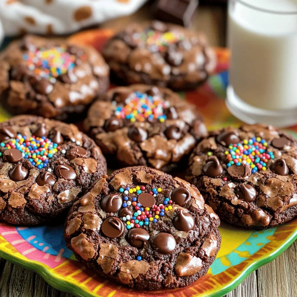 - 1 cup unsalted butter, softened - 1 cup granulated sugar - 1 cup brown sugar, packed - 2 large eggs - 1 teaspoon vanilla extract - 1 ¾ cups all-purpose flour - ⅔ cup unsweetened cocoa powder - 1 teaspoon baking powder - ½ teaspoon baking soda - ½ teaspoon salt - 1 cup semi-sweet chocolate chips - ½ cup rainbow sprinkles (plus more for topping) The base of these cookies is butter. It adds a rich flavor and soft texture. Sugar helps the cookies spread and creates sweetness. Granulated sugar gives a crisp edge, while brown sugar adds moisture. Eggs bind the ingredients and add fluffiness. Flour provides structure. Cocoa powder brings deep chocolate flavor. Baking powder and soda help the cookies rise. Salt balances sweetness and enhances flavor. Chocolate chips add melty goodness. Rainbow sprinkles offer fun color and crunch. If you need dairy-free cookies, use vegan butter instead of unsalted butter. For a gluten-free option, swap all-purpose flour with a gluten-free blend. You can replace eggs with applesauce or flaxseed meal mixed with water for vegan cookies. Try dark chocolate chips for a richer taste. If you want less sugar, reduce the granulated or brown sugar by a quarter cup. You can also use mini chocolate chips for more bites of chocolate in each cookie. To start, gather all your ingredients. You will need butter, both sugars, eggs, and cocoa powder. It’s best to have everything ready. Preheat your oven to 350°F (175°C). This step is key for even baking. Line your baking sheet with parchment paper to prevent sticking. In a large bowl, cream together the softened butter and sugars. Use a mixer for a smooth and fluffy texture. Add the eggs one at a time, mixing well. Then, stir in the vanilla extract. In another bowl, whisk together the flour, cocoa powder, baking powder, baking soda, and salt. This helps mix the dry ingredients evenly. Gradually add the dry mix to the wet ingredients. Be careful not to overmix. Now, fold in the chocolate chips and rainbow sprinkles. This is where the fun begins! Make sure they are evenly spread in the dough. Next, scoop tablespoon-sized balls of dough and place them on the prepared baking sheet. Leave about 2 inches of space between each cookie. This gives them room to spread while baking. For extra fun, sprinkle more rainbow sprinkles on top of each cookie. Bake the cookies for 10 to 12 minutes. Keep an eye on them; the edges should be set while the centers stay slightly soft. This ensures a chewy texture. Once baked, take the cookies out and let them cool on the baking sheet for about 5 minutes. This helps them firm up. After that, transfer them to a wire rack to cool completely. For a delightful treat, arrange the cookies on a colorful platter. Serve them with a glass of milk for the perfect pairing. Enjoy your cosmic brownie cookies! You can find the full recipe above for more details. To get the best texture for Cosmic Brownie Cookies, stick to these steps: - Use softened butter: This helps create a smooth, creamy dough. - Avoid overmixing: Mix just until combined for soft cookies. - Chill the dough: If you have time, chill the dough for 30 minutes. This helps the cookies hold their shape. - Bake at the right temperature: Make sure your oven is preheated to 350°F (175°C). This ensures even baking. Watch out for these common mistakes: - Using cold butter: Cold butter leads to dense cookies. - Skipping the measuring: Accurate measurements are key for perfect cookies. - Not spacing cookies: Leave enough space on the baking sheet. This allows them to spread properly. - Checking too early: Wait until the edges are set before pulling them out. Want to kick up the flavor? Try these ideas: - Add a pinch of espresso powder: This deepens the chocolate flavor. - Use dark chocolate chips: They add richness to each bite. - Mix in nuts: Chopped walnuts or pecans add a nice crunch. - Try different sprinkles: Seasonal sprinkles can make your cookies pop! For all the details, check out the Full Recipe for Cosmic Brownie Cookies. {{image_2}} You can switch things up with Cosmic Brownie Cookies. Add peanut butter for a nutty twist. Try mint extract for a refreshing kick. For a richer taste, use dark chocolate chips. You can even mix in toffee bits for a crunchy surprise. Each change gives a new flavor. Experiment until you find your favorite! If you need gluten-free cookies, swap all-purpose flour for almond or oat flour. Both work well and taste great. For a vegan option, replace eggs with flax eggs or applesauce. Use plant-based butter and dairy-free chocolate chips. These swaps keep the cookies delicious and friendly for different diets. Make your Cosmic Brownie Cookies festive! For Halloween, add orange and black sprinkles. For Christmas, use red and green. You can also shape the cookies into holiday themes. For birthdays, use colorful sprinkles to brighten up the batch. This way, every occasion can be special with your Cosmic Brownie Cookies! For the full recipe, check out the detailed instructions above. To keep your Cosmic Brownie Cookies fresh, store them in an airtight container. Place a piece of parchment paper between layers to prevent sticking. This way, your cookies remain soft and chewy. You can keep them at room temperature for about a week. If you want to keep them longer, move on to freezing. You can freeze Cosmic Brownie Cookies easily. First, let them cool completely. Then, place them in a single layer on a baking sheet. Freeze for about an hour. After that, transfer them to an airtight container or a freezer bag. This will help save space. They can last up to three months in the freezer. When you want one, just thaw it at room temperature. These cookies taste best within the first week. After that, they may become drier. To enjoy them longer, follow these best practices: - Store in a cool, dark place. - Avoid exposing them to heat or moisture. - For extra flavor, warm them briefly in the microwave. For the full recipe and more tips, check the Full Recipe section. Enjoy your delicious Cosmic Brownie Cookies! Cosmic Brownie Cookies are a fun twist on the classic brownie. They mix rich chocolate flavor with colorful sprinkles. Each bite is a sweet treat that brings joy. They remind me of the brownies I enjoyed as a kid, topped with frosting and sprinkles. These cookies have a soft center and a slightly crispy edge. They are perfect for all ages. You can tell the cookies are done when the edges look set. The centers should still feel soft. If you gently press on them, they should spring back a little. They will continue to cook on the baking sheet after you take them out. Keep an eye on them during the last few minutes of baking. Yes, you can definitely add more chocolate chips or sprinkles! If you love chocolate, feel free to add extra chips. Just make sure not to overdo it, or the dough may become too heavy. For sprinkles, more means more fun. Just toss in as many as you like for a colorful touch. To make your cookies chewier, try these tips: - Use brown sugar instead of white sugar. - Add an extra egg yolk. - Do not bake them too long. These changes will help keep the cookies soft and chewy. For decorating Cosmic Brownie Cookies, you can get creative. Use extra rainbow sprinkles on top for a festive look. Drizzle melted chocolate over them for added sweetness. You can even add a scoop of ice cream for a decadent dessert. Arrange them nicely on a colorful platter to impress your guests. For the full recipe, check the earlier section! In this article, we explored how to make Cosmic Brownie Cookies from start to finish. We covered the key ingredients, step-by-step baking instructions, and tips for perfect texture. You learned about flavor variations and dietary adjustments to meet your needs. Storing your cookies for freshness and answering common questions were also included. Now, you have everything you need to bake and enjoy these delightful cookies. Dive in and make your own Cosmic Brownie Cookies to share with friends and family!