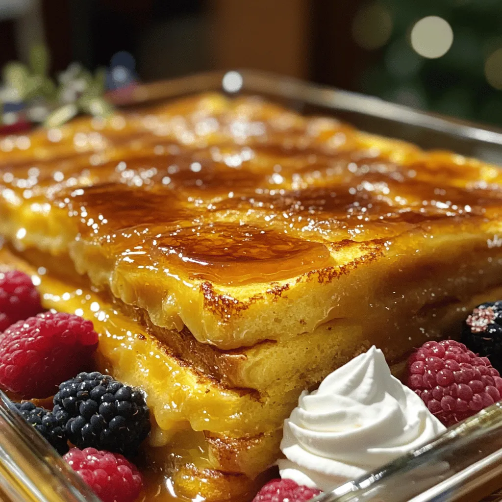 To create this indulgent dish, you need a few key ingredients: - 1 loaf of brioche or challah bread, cut into thick slices - 4 large eggs - 2 cups whole milk - 1/2 cup heavy cream - 1/2 cup sugar - 2 teaspoons vanilla extract - 1 teaspoon ground cinnamon - Pinch of salt - 1/2 cup brown sugar (for the caramelized topping) These ingredients bring rich flavors and a creamy texture to your French toast. The brioche or challah bread absorbs the egg mixture well, giving you that custardy bite. The eggs, milk, and cream work together to make a smooth base. Sugar adds sweetness, while cinnamon gives a warm, cozy flavor. You can take your French toast to the next level with some tasty toppings: - Fresh berries - Whipped cream Fresh berries add a burst of color and a tangy contrast. Whipped cream makes it even more special and creamy. You can mix and match these garnishes based on your mood or what you have on hand. Enjoy customizing your dish! For the full recipe, check out the detailed steps to create this delightful breakfast treat. Slicing the Bread Start by cutting your brioche or challah bread into thick slices. Aim for about 1 to 1.5 inches thick. This thickness helps the bread soak up the egg mixture well. Use a serrated knife for clean cuts. Arranging in the Baking Dish Next, take a greased 9x13-inch baking dish. Arrange the slices in the dish. Overlap them slightly to fit all the bread. This step ensures every piece gets that creamy texture later on. Whisking Ingredients Together In a large bowl, crack four eggs. Add two cups of whole milk and half a cup of heavy cream. Pour in half a cup of sugar, two teaspoons of vanilla extract, one teaspoon of ground cinnamon, and a pinch of salt. Whisk these together until smooth. Ensuring a Smooth Consistency Make sure there are no lumps in your mixture. A smooth consistency helps the bread soak evenly. If you see any lumps, keep whisking until everything is well combined. Pouring the Egg Mixture Once your egg mixture is ready, slowly pour it over the arranged bread slices. Use a spatula to gently press down on the bread. This helps each slice soak up the mixture fully. Refrigeration Process Cover the baking dish with plastic wrap. Place it in the fridge overnight. If you’re short on time, let it soak for at least four hours. This soaking time is key for great flavor and texture. Baking Instructions Preheat your oven to 350°F (175°C). Remove the dish from the fridge. Let it sit at room temperature for about 15 minutes before baking. Bake for 30 to 35 minutes. Look for a golden top and set custard. The smell will be heavenly! Remember, for the full recipe, you can check the earlier sections. Enjoy making this delightful dish! Bread Selection Tips Choose a rich bread like brioche or challah. These breads soak up the egg mixture well. Their soft and airy texture makes for a light meal. Avoid using stale bread, as it may become too soggy. Fresh bread gives the best results. Soaking Tips Soak the bread for at least four hours or overnight. This allows the flavors to blend and the bread to absorb the mixture. When soaking, gently press the bread down with a spatula. This step ensures every slice gets coated. Using a Kitchen Torch vs. Broiler You can use a kitchen torch to caramelize the sugar. This tool gives you more control. If you don’t have one, the broiler works too. Place the dish under the broiler for three to five minutes. Stay close and watch to prevent burning. Safety Tips for Caramelizing Be careful when using a kitchen torch. Keep the flame moving to avoid burning the sugar. For the broiler, use oven mitts to handle hot dishes. Always keep a safe distance from the flame. Best Pairings Serve your French toast with fresh berries. Strawberries, blueberries, or raspberries add bright flavors. A dollop of whipped cream can add creaminess. Maple syrup also makes a sweet addition. Presentation Tips Slice the French toast into squares or triangles. Arrange them neatly on a plate. Sprinkle extra brown sugar on top for a fancy look. Add a few berries on the side for color. This makes your dish pop and look appealing. {{image_2}} To make your Overnight Crème Brûlée French Toast even better, try adding zest. Zest from oranges or lemons brightens the flavor. It gives a fresh twist to the sweet custard. Just add a teaspoon of zest when you mix the eggs and cream. You can also experiment with different extracts. Instead of just vanilla, try almond or maple extract. Each extract brings its unique taste. Just use about half the amount of a stronger extract like almond. If you need gluten-free options, use gluten-free bread. Many stores offer gluten-free brioche or challah. This way, you can enjoy the same great taste without the gluten. For dairy-free substitutes, try almond milk or coconut milk. You can replace the heavy cream with coconut cream. This keeps the creaminess, but makes it dairy-free. Adding fresh fruits can make your French toast even more delightful. Sliced bananas or berries add color and taste. You can mix them into the egg mixture or layer them between the bread slices. If you love crunch, add nuts. Chopped pecans or walnuts give a nice texture. Sprinkle them on top before baking for a delicious crunch. Feel free to explore these ideas to make this dish your own. For the full recipe, check the link above. To keep your Overnight Crème Brûlée French Toast fresh, use an airtight container. This will help lock in moisture and flavor. You can store leftovers in the fridge for up to three days. If you want to keep it longer, consider freezing it. In that case, wrap individual slices in plastic wrap and place them in a freezer bag. They can last for up to three months in the freezer. When it's time to enjoy your leftovers, reheating is key. The best way to reheat is in the oven. Preheat your oven to 350°F (175°C). Place the French toast on a baking sheet and cover it with aluminum foil. Heat for about 15 to 20 minutes. This will warm it through without drying it out. If you prefer a quicker method, you can use the microwave. Heat a slice for about 30 seconds, but be careful. Microwaving can make it a bit soggy. To keep some crispness, consider giving it a quick toast in a pan after microwaving. This will help retain that fresh-baked feel. Enjoy your delicious French toast again! Yes, you can make Overnight Crème Brûlée French Toast the night before. It actually works best this way. You prepare it in advance, letting the bread soak overnight. This helps the bread absorb the egg mixture fully. This soaking time makes it extra soft and creamy. You just pop it in the oven the next morning. This saves you time and makes breakfast easier. I recommend using brioche or challah bread for this recipe. Both types of bread are soft and rich. They soak up the egg mixture well. This gives you a custardy texture. You can also use other bread types like French bread. However, brioche and challah will give the best flavor and texture. Just ensure the bread is fresh and cut into thick slices. To check if your French toast is done, look for a few signs. First, check if the top is golden brown. This usually takes about 30 to 35 minutes in the oven. Second, you can insert a knife in the center. If it comes out clean, it is done. The custard should also be set, not jiggly. If you see bubbles on top, that’s a good sign too. Enjoy this delicious dish warm for the best experience. Overnight Crème Brûlée French Toast blends rich flavors and simple steps. We covered the best bread, the egg mix, and baking methods. Remember, perfect texture matters, and garnishes enhance the dish's appeal. With variations, you can make this recipe fit your tastes. Store leftovers wisely, and follow reheating tips for best results. Enjoy this lovely dish and share your creations with others. It’s a delightful treat for any breakfast table.