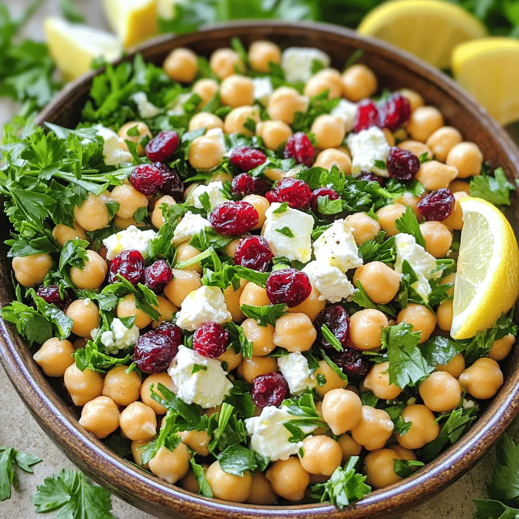 - 1 can (15 oz) chickpeas, drained and rinsed - 1 cup crumbled feta cheese - 1/2 cup dried cranberries - 1/4 cup red onion, finely chopped - 1/4 cup fresh parsley, chopped - 1/4 cup olive oil - 2 tablespoons fresh lemon juice - 1 teaspoon lemon zest - 1 teaspoon honey (or maple syrup for a vegan option) - Salt and pepper to taste Chickpeas are the star of this recipe. They are packed with protein and fiber. Feta adds a creamy texture and tangy flavor. Dried cranberries bring sweetness and a pop of color. This mix is not just tasty; it also offers many health benefits. In each serving, you will find about 300 calories. This dish includes around 12 grams of protein, 15 grams of fat, and 30 grams of carbohydrates. You also get 6 grams of fiber. Chickpeas are great for heart health. They can help you feel full longer. Feta cheese provides calcium, good for your bones. Dried cranberries are rich in antioxidants, which support your immune system. For more details on how to make this dish, check the Full Recipe. First, you need to prepare the main ingredients. Gather your chickpeas, red onion, feta cheese, dried cranberries, and fresh parsley. In a large mixing bowl, combine: - 1 can (15 oz) chickpeas, drained and rinsed - 1/4 cup red onion, finely chopped - 1 cup crumbled feta cheese - 1/2 cup dried cranberries - 1/4 cup fresh parsley, chopped Next, let’s make the zesty lemon vinaigrette. In a separate bowl, whisk together: - 1/4 cup olive oil - 2 tablespoons fresh lemon juice - 1 teaspoon lemon zest - 1 teaspoon honey (or maple syrup for a vegan option) - Salt and pepper to taste This vinaigrette will give the salad a bright and fresh flavor. Now, pour the vinaigrette over the chickpea mixture. Gently toss everything together. Make sure all the ingredients get a nice coating of the vinaigrette. This step is key for flavor. Let the salad sit for at least 10 minutes. This allows the flavors to meld. You can serve it chilled or at room temperature. Enjoy your Feta & Cranberry Chickpeas with Zesty Lemon Vinaigrette! For the complete recipe, check out the Full Recipe section. Adjust the salt and pepper to your taste. Start with a pinch of salt and a few twists of pepper. Mix well and taste. You can always add more. This salad gets better as it sits. Letting the flavors meld for at least 10 minutes makes a big difference. The chickpeas soak up the vinaigrette, making each bite burst with flavor. When serving, use a large bowl or a platter. This makes it look inviting. Garnish with extra parsley and a sprinkle of feta. Add lemon wedges on the side for a fresh touch. This salad pairs well with grilled chicken or warm pita bread. Both options add protein and a nice texture. You can prep this salad in advance. It keeps well in the fridge for a few days. Store it in an airtight container to maintain freshness. If you are making it ahead, wait to add the vinaigrette until just before serving. This keeps the chickpeas and feta from getting soggy. For the best taste, try to eat it within three days. For the full recipe, check the earlier section. {{image_2}} You can easily adjust this dish to fit your needs. For a vegan version, swap the feta cheese for tofu or a vegan cheese. This keeps the flavor and texture while making it plant-based. If you don’t have chickpeas, white beans or lentils work well too. They add protein while keeping the dish hearty. This salad is a great base for adding more ingredients. Try adding chopped bell peppers or cucumbers for extra crunch. Nuts like walnuts or almonds can add healthy fats and texture. You can also switch up the dried cranberries with raisins or cherries. For seasonal variations, add roasted pumpkin in the fall or fresh peas in the spring. Each change gives a new twist to the dish. While the zesty lemon vinaigrette is a hit, other dressings can work too. A balsamic vinaigrette adds sweetness and depth. You can also try a creamy dressing, like a yogurt-based ranch, for a different taste. Just mix yogurt with lemon juice and herbs for a simple creamy option. Each dressing can change the flavor profile, making this dish fun and versatile. For the full recipe, check [Full Recipe]. To keep your Feta & Cranberry Chickpeas fresh, store leftovers in an airtight container. This helps prevent air from spoiling the flavors. A glass container works best, as it does not retain odors. You can keep it in the fridge for up to three days. Make sure the salad is cool before sealing. Can this salad be frozen? I don't recommend freezing the entire salad. The texture of feta and chickpeas can change when frozen. Instead, you can freeze chickpeas and feta separately. Place them in freezer-safe bags or containers. This way, you can enjoy them later without losing quality. If you need to reheat, do it gently. The best way is to warm it in a pan over low heat. Stir often to avoid burning. However, this salad tastes best cold. Serving it chilled keeps the flavors bright and fresh. Enjoy it straight from the fridge for a refreshing treat! Can I make this salad in advance? Yes, you can make this salad ahead of time. Just store it in the fridge. The flavors improve as it sits. What can I serve it with? This salad pairs well with grilled chicken or fish. You can also serve it with pita bread or over greens. How long does it last in the fridge? The salad stays good for about three days. Keep it in an airtight container. Can I use canned chickpeas? Absolutely! Canned chickpeas are perfect for this recipe. Just drain and rinse them before using. What’s the best type of feta to use? I recommend using block feta cheese. It has a creamier texture and better flavor than crumbled feta. Can I use fresh cranberries instead of dried? Fresh cranberries are too tart for this salad. Stick with dried cranberries for the best taste. What makes the vinaigrette zesty? The zing comes from fresh lemon juice and lemon zest. They brighten up the whole salad. Can I customize the dressing? Yes! Feel free to add herbs or spices. A pinch of garlic powder or fresh herbs can add a nice touch. This salad combines chickpeas, feta, and cranberries into a tasty dish. You learned about ingredients, preparation, and serving tips. You can adjust flavors and try different variations. Storing leftovers is easy with simple tips. Incorporate this recipe into your meals for great nutrition and flavor. Enjoy making it your own!