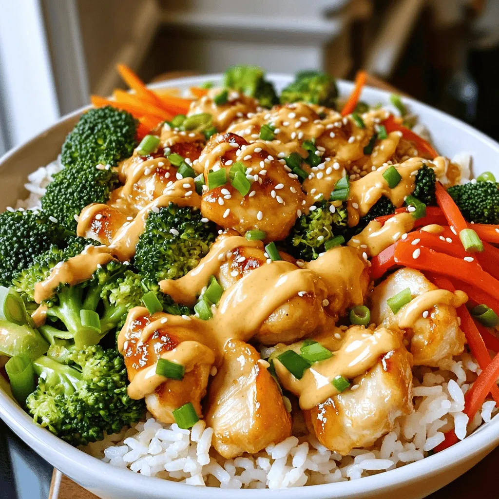 - Chicken and Vegetables - 2 boneless, skinless chicken breasts - 1 cup cooked jasmine rice - 1 cup broccoli florets - 1 carrot, julienned - 1 red bell pepper, sliced - 2 green onions, chopped - Sauce Components - 1 tablespoon cornstarch - 2 tablespoons vegetable oil - 1/4 cup mayonnaise - 2 tablespoons sweet chili sauce - 1 tablespoon sriracha (adjust for spice) - Salt and pepper to taste - Optional Toppings - Sesame seeds for garnish Gather these ingredients to create a tasty Bang Bang Chicken Bowl. Fresh veggies and juicy chicken bring flavor and color. The sauce adds a sweet and spicy kick that makes this dish shine. You can find the Full Recipe above for more details on making this delightful meal. First, cut the chicken breasts into bite-sized pieces. Use a sharp knife for clean cuts. Next, season the chicken with salt and pepper. This adds base flavor. Then, sprinkle cornstarch over the chicken. Toss it well to coat every piece. The cornstarch gives a nice crunch when cooked. Heat the vegetable oil in a large skillet over medium heat. Wait for the oil to shimmer before adding the chicken. This step ensures a good sear. Cook the chicken pieces for about 6-8 minutes. Stir occasionally to avoid burning. You want them golden brown and fully cooked. Check that the inside is no longer pink. In the same skillet, add more oil if needed. Toss in the broccoli, carrot, and red bell pepper. Sauté them for about 3-4 minutes. The goal is tender-crisp texture. You want them bright and vibrant. Remove from heat and set aside. In a small bowl, mix the mayonnaise, sweet chili sauce, and sriracha. Use a whisk or fork to blend well. Taste the sauce and adjust the spice level. If you like it spicier, add more sriracha. For a milder flavor, reduce the amount. Start by layering the cooked jasmine rice in serving bowls. It acts as the base. Next, add the sautéed vegetables on top. Then, place the cooked chicken pieces. Finally, drizzle the Bang Bang sauce over everything. This step ties all the flavors together. Sprinkle chopped green onions and sesame seeds on top. These add flavor and a nice crunch. For presentation, serve in colorful bowls. This makes your meal more inviting. Enjoy your Bang Bang Chicken Bowl! For the complete recipe, refer to the Full Recipe. To keep your chicken juicy, start with boneless, skinless chicken breasts. Cut them into small pieces, then season with salt, pepper, and cornstarch. The cornstarch helps lock in moisture. When cooking, heat your oil over medium heat. Add the chicken to the hot oil. Cook until it turns golden brown, about 6-8 minutes. This ensures a tasty crust while keeping the inside tender. For perfect sautéed vegetables, use fresh broccoli, carrots, and red bell peppers. After cooking the chicken, add a bit more oil if needed. Sauté the veggies for 3-4 minutes. This helps them stay crisp and bright. Remove them from heat as soon as they are tender. You can adjust the spice and sweetness of your Bang Bang sauce. Start with the base of mayonnaise and sweet chili sauce. Add sriracha slowly to find your preferred heat level. For extra flavor, try mixing in a dash of lime juice or garlic powder. These additions can elevate the taste and make it more exciting. Pair your Bang Bang Chicken Bowl with side dishes like a simple salad or steamed edamame. These sides can balance the meal and add freshness. Serve the bowl warm for the best taste. The rice and chicken should be hot, while the veggies are still crisp. Enjoy your meal right after assembling for maximum flavor. {{image_2}} You can easily switch the chicken for shrimp or tofu. Shrimp cooks fast and adds a nice flavor. Just sauté it until it turns pink. Tofu offers a great plant-based option. Use firm tofu, press it to remove water, and cut it into cubes. This way, it absorbs all the flavors well. You can also swap out chicken for beef or pork. Just adjust cooking times to keep the meat juicy. Jasmine rice is great, but you can try other types too. Brown rice adds fiber and a nutty taste. Quinoa is another healthy choice, full of protein. If you want a low-carb option, use cauliflower rice. It cooks quickly and still gives a nice texture. Just sauté it for a few minutes until tender. Feel free to mix up the veggies in your bowl. Snow peas, bell peppers, or snap peas work well. You can also use frozen vegetables for convenience. Seasonal veggies are great too. In summer, try zucchini or asparagus. In fall, butternut squash or Brussels sprouts are delicious. Each option adds a unique twist to your Bang Bang Chicken Bowl. For the complete recipe, check out the [Full Recipe]. Store your Bang Bang Chicken Bowl in the fridge. It stays fresh for about 3 days. Keep it in an airtight container to lock in flavor. This helps prevent any moisture loss. If you notice any odd smells, it’s best to toss it out. Yes, you can freeze this dish. Just place it in a freezer-safe container. Make sure to separate the sauce from the chicken and veggies. This helps keep the texture nice. To thaw, leave it in the fridge overnight. Reheat it gently to keep it juicy. For the best taste, use the stove or microwave. If using a stove, warm it slowly over low heat. Add a splash of water to help steam it. In the microwave, heat in short bursts, stirring in between. This keeps it from overcooking. Enjoy your meal just as delicious as the first time! To make the Bang Bang Chicken Bowl gluten-free, you can swap a few ingredients. Use gluten-free soy sauce instead of regular soy sauce if you choose to add it. For the sauce, make sure the sweet chili sauce is gluten-free. Also, check the mayonnaise for gluten-free labeling. Cornstarch is naturally gluten-free, so you can keep that in your recipe. These swaps ensure you enjoy the same great taste without gluten. You can serve many sides with the Bang Bang Chicken Bowl. Try a simple cucumber salad for a fresh crunch. Steamed edamame is another great choice, adding protein and fiber. If you want something warm, serve miso soup. For drinks, pair it with iced green tea or a light lemonade to balance the flavors. These options will enhance your meal and make it even more enjoyable. Yes, you can meal prep the Bang Bang Chicken Bowl. Cook the chicken and vegetables in advance. Store them in separate containers in the fridge. You can also prepare the sauce ahead of time. Keep everything fresh by storing the sauce separately. When you're ready to eat, just reheat the chicken and veggies. Assemble your bowl with rice and sauce, and you have a quick, tasty meal ready to go. This blog post shared how to create a Bang Bang Chicken Bowl from scratch. We covered ingredients, preparation steps, and cooking tips. You learned how to ensure juicy chicken and crisp veggies, along with sauce customization. Remember, you can switch proteins, rice, and veggies for variety. Store leftovers properly, and enjoy this meal any time. With these tips, you can make a tasty dish that satisfies your cravings.