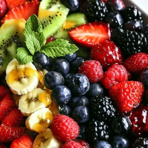 For this berry fruit salad, you need fresh berries. I love using strawberries, blueberries, blackberries, and raspberries. They each add a unique taste and color. - 1 cup strawberries, hulled and quartered - 1 cup blueberries - 1 cup blackberries - 1 cup raspberries When picking berries, look for ones that are firm and bright. Avoid any that are mushy or dull. Fresh berries hold more flavor and nutrients. I like adding banana and kiwi to my salad. These fruits give a nice twist to the mix. Bananas add creaminess, while kiwis add a tangy taste. - 1 banana, sliced - 1 cup kiwi, peeled and diced Make sure the banana is ripe but not overripe. The kiwi should feel soft but not squishy. This balance keeps the salad fresh and tasty. The honey lime dressing makes this salad shine. It is simple to make and adds a sweet and zesty flavor. - 2 tablespoons honey - 1 tablespoon lime juice - Zest of 1 lime Whisk these ingredients together until smooth. This dressing ties all the flavors together. You can also add fresh mint leaves for extra freshness. For the full recipe, check the details provided earlier. First, wash your berries. Rinse strawberries, blueberries, blackberries, and raspberries under cool water. Pat them dry with a clean towel. For strawberries, hull them and cut them into quarters. You want bite-sized pieces. Keep the blueberries and blackberries whole. Slice the banana into rounds and peel the kiwi. Cut the kiwi into small cubes. All fruits should be fresh and firm for the best taste. Grab a small bowl for the dressing. Add two tablespoons of honey, one tablespoon of lime juice, and the zest of one lime. Use a whisk to mix these ingredients well. Whisk until the honey blends smoothly with the lime juice. The zest adds a bright flavor. This dressing gives the fruit a nice sweetness with a hint of tartness. In a large mixing bowl, combine all your prepared fruits. Drizzle the honey-lime dressing over the fruit. Gently toss everything together. Make sure all the fruit gets coated with the dressing. This step helps the flavors mix. Cover the bowl with plastic wrap and place it in the fridge. Let it chill for about 15 minutes. This time allows the fruit to soak up the dressing. Before serving, give it another gentle toss. Transfer to a serving bowl and garnish with fresh mint leaves for a pop of color. You can find the full recipe [here](#). To keep your berry fruit salad fresh, start with ripe berries. Look for bright colors and firm textures. Avoid berries with mold or bruises. Store your berries in the fridge in their original containers. This keeps them dry and safe. If you wash them, dry them well before storing. Berry fruit salad pairs well with many dishes. Serve it as a light dessert after a meal. It also works great as a side for breakfast items like pancakes. Add it to yogurt or oatmeal for a healthy boost. For drinks, consider pairing it with iced tea or lemonade. The fresh taste of berries enhances these beverages. To make your salad even tastier, add spices or garnishes. A sprinkle of cinnamon can add warmth. You could also mix in a splash of vanilla extract. For a refreshing twist, try adding a few crushed mint leaves. These simple additions can elevate your dish. Enjoy experimenting with flavors to find your favorite combinations. Don’t forget to check the [Full Recipe] for all the details! {{image_2}} You can switch up the fruits based on the season. In the summer, add fresh peaches or nectarines. They bring a juicy sweetness that pairs well with berries. In fall, try adding apples or pears for a crisp bite. Winter offers citrus fruits like oranges or mandarins for a bright flavor. You can mix and match to keep it exciting. Just make sure the fruits are ripe and fresh for the best taste. This salad is easy to modify for different diets. It's naturally gluten-free, so no worries there! To make it vegan, simply replace honey with maple syrup or agave nectar. This keeps the sweetness without using animal products. You can also add nuts like almonds or walnuts for some crunch and healthy fats. These options make the salad tasty for everyone. The honey lime dressing is a star, but feel free to try other dressings. For a creamy twist, mix in yogurt or coconut cream. A balsamic glaze adds a tangy touch that is unique and refreshing. You can also use orange juice and zest for a citrusy kick. Each dressing brings a new flavor profile, making your salad different each time you make it. You can find the full recipe for the berry fruit salad and its delicious honey lime dressing linked above. To keep your Berry Fruit Salad fresh, use an airtight container. Glass containers work well, but plastic containers are fine too. Store it in the fridge for up to three days. After that, the fruit may get mushy and lose its flavor. You don’t need to heat this salad. To refresh it, simply give it a gentle stir. If it looks a bit dry, add a splash of the honey-lime dressing. This will help bring back the flavors and keep the fruit juicy. Freezing this salad is not ideal. The berries and other fruits will become mushy when thawed. If you want to freeze leftovers, try freezing just the berries. Place them in a single layer on a baking sheet first. Once frozen, transfer them to a bag. This way, you can add them to smoothies later. Yes, you can use frozen berries in your salad. They can add great flavor and color. Just remember to thaw them first. This helps keep the salad fresh and tasty. Frozen berries may be softer than fresh ones. This is fine for a fruit salad, but it can change the texture a bit. If you prefer crunch, fresh is best! If you want to skip honey, there are many options. Maple syrup works well as a sweetener. Agave nectar is another choice. You could also use a sugar substitute, like stevia. Each option will give a different flavor. Choose what you like best! The salad stays fresh for about 2 days in the fridge. After that, the fruits may become mushy. To help keep it fresh, store it in an airtight container. It’s best to eat it soon after making. This way, you enjoy the best taste and texture. Yes, this salad is great for kids! It’s colorful and full of flavor. You can make it more fun by adding cute shapes with cookie cutters. Kids love to help mix the fruits too. Make sure to watch for any allergies to specific fruits. This salad is a healthy treat they will enjoy! This blog post covered a simple, tasty berry salad. We talked about choosing fresh berries, adding other fruits like bananas and kiwis, and making a honey lime dressing. I shared tips for freshness, serving ideas, and delicious variations. Remember, storing leftovers correctly helps keep the salad fresh. You can enjoy this salad as a healthy treat or a side dish. With so many options, you can make it your own. Enjoy creating your berry salad!