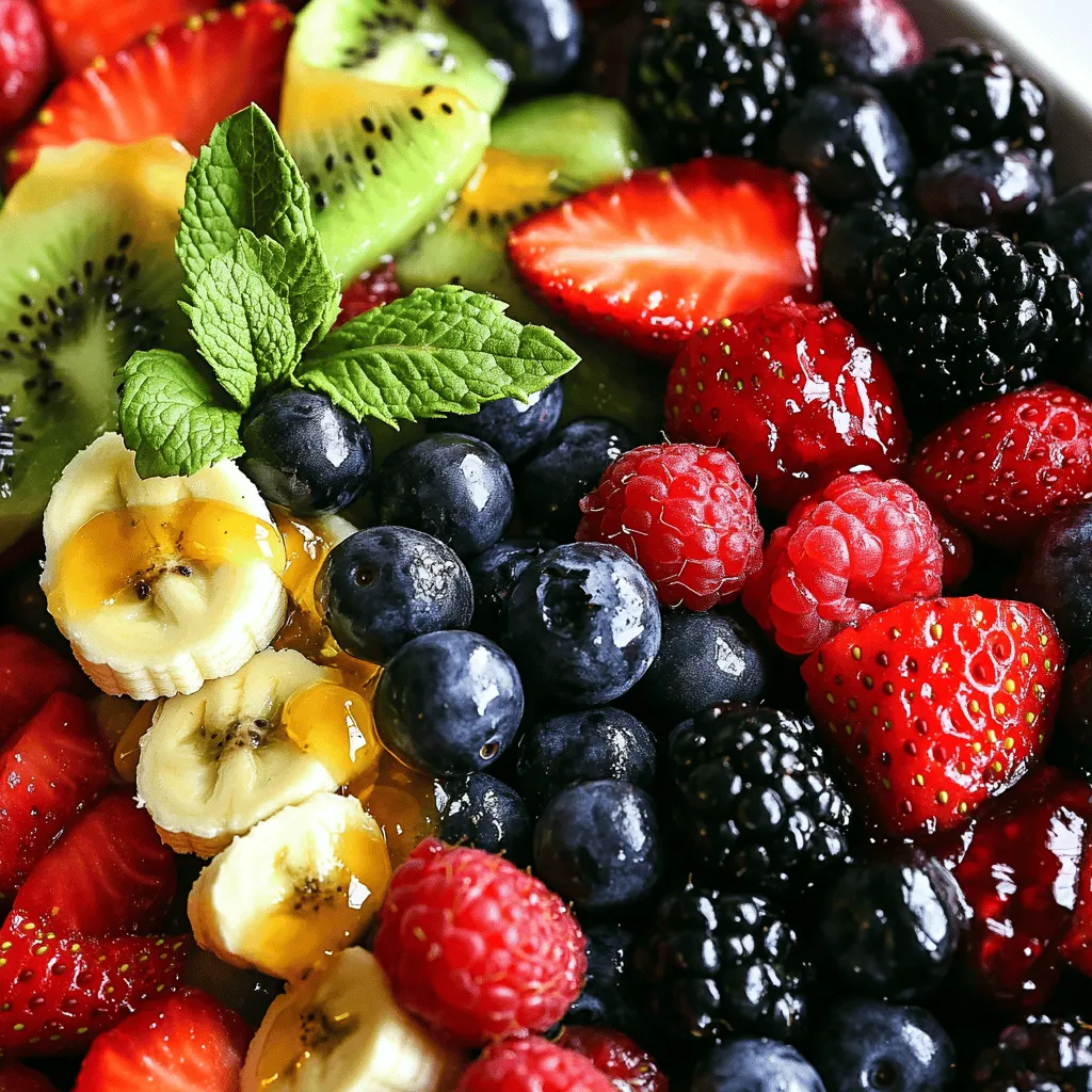 For this berry fruit salad, you need fresh berries. I love using strawberries, blueberries, blackberries, and raspberries. They each add a unique taste and color. - 1 cup strawberries, hulled and quartered - 1 cup blueberries - 1 cup blackberries - 1 cup raspberries When picking berries, look for ones that are firm and bright. Avoid any that are mushy or dull. Fresh berries hold more flavor and nutrients. I like adding banana and kiwi to my salad. These fruits give a nice twist to the mix. Bananas add creaminess, while kiwis add a tangy taste. - 1 banana, sliced - 1 cup kiwi, peeled and diced Make sure the banana is ripe but not overripe. The kiwi should feel soft but not squishy. This balance keeps the salad fresh and tasty. The honey lime dressing makes this salad shine. It is simple to make and adds a sweet and zesty flavor. - 2 tablespoons honey - 1 tablespoon lime juice - Zest of 1 lime Whisk these ingredients together until smooth. This dressing ties all the flavors together. You can also add fresh mint leaves for extra freshness. For the full recipe, check the details provided earlier. First, wash your berries. Rinse strawberries, blueberries, blackberries, and raspberries under cool water. Pat them dry with a clean towel. For strawberries, hull them and cut them into quarters. You want bite-sized pieces. Keep the blueberries and blackberries whole. Slice the banana into rounds and peel the kiwi. Cut the kiwi into small cubes. All fruits should be fresh and firm for the best taste. Grab a small bowl for the dressing. Add two tablespoons of honey, one tablespoon of lime juice, and the zest of one lime. Use a whisk to mix these ingredients well. Whisk until the honey blends smoothly with the lime juice. The zest adds a bright flavor. This dressing gives the fruit a nice sweetness with a hint of tartness. In a large mixing bowl, combine all your prepared fruits. Drizzle the honey-lime dressing over the fruit. Gently toss everything together. Make sure all the fruit gets coated with the dressing. This step helps the flavors mix. Cover the bowl with plastic wrap and place it in the fridge. Let it chill for about 15 minutes. This time allows the fruit to soak up the dressing. Before serving, give it another gentle toss. Transfer to a serving bowl and garnish with fresh mint leaves for a pop of color. You can find the full recipe [here](#). To keep your berry fruit salad fresh, start with ripe berries. Look for bright colors and firm textures. Avoid berries with mold or bruises. Store your berries in the fridge in their original containers. This keeps them dry and safe. If you wash them, dry them well before storing. Berry fruit salad pairs well with many dishes. Serve it as a light dessert after a meal. It also works great as a side for breakfast items like pancakes. Add it to yogurt or oatmeal for a healthy boost. For drinks, consider pairing it with iced tea or lemonade. The fresh taste of berries enhances these beverages. To make your salad even tastier, add spices or garnishes. A sprinkle of cinnamon can add warmth. You could also mix in a splash of vanilla extract. For a refreshing twist, try adding a few crushed mint leaves. These simple additions can elevate your dish. Enjoy experimenting with flavors to find your favorite combinations. Don’t forget to check the [Full Recipe] for all the details! {{image_2}} You can switch up the fruits based on the season. In the summer, add fresh peaches or nectarines. They bring a juicy sweetness that pairs well with berries. In fall, try adding apples or pears for a crisp bite. Winter offers citrus fruits like oranges or mandarins for a bright flavor. You can mix and match to keep it exciting. Just make sure the fruits are ripe and fresh for the best taste. This salad is easy to modify for different diets. It's naturally gluten-free, so no worries there! To make it vegan, simply replace honey with maple syrup or agave nectar. This keeps the sweetness without using animal products. You can also add nuts like almonds or walnuts for some crunch and healthy fats. These options make the salad tasty for everyone. The honey lime dressing is a star, but feel free to try other dressings. For a creamy twist, mix in yogurt or coconut cream. A balsamic glaze adds a tangy touch that is unique and refreshing. You can also use orange juice and zest for a citrusy kick. Each dressing brings a new flavor profile, making your salad different each time you make it. You can find the full recipe for the berry fruit salad and its delicious honey lime dressing linked above. To keep your Berry Fruit Salad fresh, use an airtight container. Glass containers work well, but plastic containers are fine too. Store it in the fridge for up to three days. After that, the fruit may get mushy and lose its flavor. You don’t need to heat this salad. To refresh it, simply give it a gentle stir. If it looks a bit dry, add a splash of the honey-lime dressing. This will help bring back the flavors and keep the fruit juicy. Freezing this salad is not ideal. The berries and other fruits will become mushy when thawed. If you want to freeze leftovers, try freezing just the berries. Place them in a single layer on a baking sheet first. Once frozen, transfer them to a bag. This way, you can add them to smoothies later. Yes, you can use frozen berries in your salad. They can add great flavor and color. Just remember to thaw them first. This helps keep the salad fresh and tasty. Frozen berries may be softer than fresh ones. This is fine for a fruit salad, but it can change the texture a bit. If you prefer crunch, fresh is best! If you want to skip honey, there are many options. Maple syrup works well as a sweetener. Agave nectar is another choice. You could also use a sugar substitute, like stevia. Each option will give a different flavor. Choose what you like best! The salad stays fresh for about 2 days in the fridge. After that, the fruits may become mushy. To help keep it fresh, store it in an airtight container. It’s best to eat it soon after making. This way, you enjoy the best taste and texture. Yes, this salad is great for kids! It’s colorful and full of flavor. You can make it more fun by adding cute shapes with cookie cutters. Kids love to help mix the fruits too. Make sure to watch for any allergies to specific fruits. This salad is a healthy treat they will enjoy! This blog post covered a simple, tasty berry salad. We talked about choosing fresh berries, adding other fruits like bananas and kiwis, and making a honey lime dressing. I shared tips for freshness, serving ideas, and delicious variations. Remember, storing leftovers correctly helps keep the salad fresh. You can enjoy this salad as a healthy treat or a side dish. With so many options, you can make it your own. Enjoy creating your berry salad!
