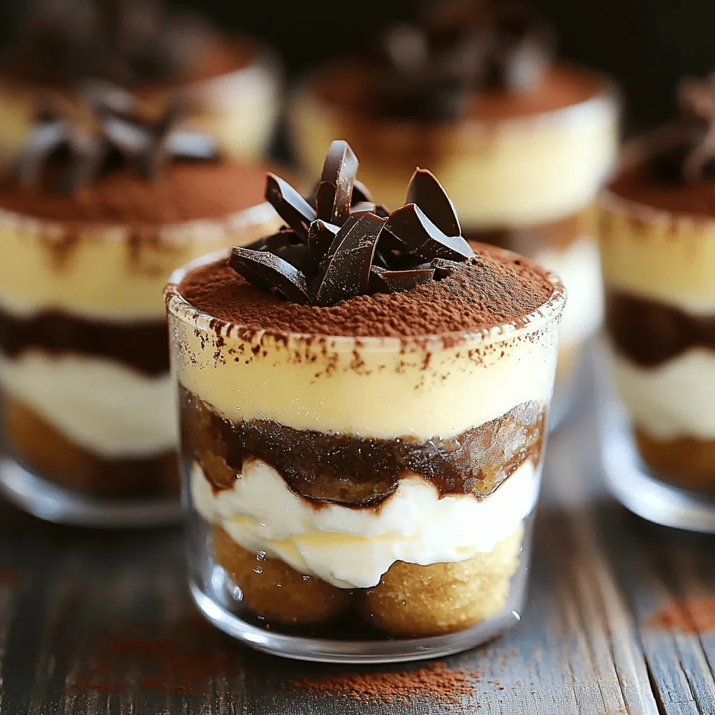 - 1 cup strong brewed coffee, cooled - 1 cup mascarpone cheese - 1 cup heavy cream - 1 cup ladyfinger cookies, crushed - 1 teaspoon vanilla extract - 1/2 cup powdered sugar - Unsweetened cocoa powder for dusting - Dark chocolate shavings for garnish - Mixing bowls - Whisk or electric mixer - Shallow bowl for soaking ladyfingers - Serving cups or jars When making mini tiramisu cups, you need simple yet key ingredients. First, the strong brewed coffee adds that rich flavor we all love. Then, mascarpone cheese gives the dessert its creamy texture. Heavy cream is vital for the lightness of the layers. Don’t forget the ladyfinger cookies; they soak up coffee and add to the fun. For extra flavor, use vanilla extract. This lifts the taste and adds warmth. Powdered sugar is your sweet touch, balancing the coffee's strong taste. Dusting with unsweetened cocoa powder adds a hint of bitterness. Lastly, dark chocolate shavings bring elegance and richness. You will also need some basic tools. Mixing bowls help you combine the ingredients. A whisk or electric mixer makes whipping cream easy. Use a shallow bowl for soaking ladyfingers, and serve your creation in cups or jars. This lets everyone see the beautiful layers. For the full recipe, check out the instructions above. Start by brewing your strong coffee. Once it cools, mix it with vanilla extract in a shallow bowl. This will give your tiramisu a rich flavor. Set this mixture aside for later use. In a mixing bowl, whip the heavy cream and powdered sugar together. Keep whisking until you see soft peaks form. This step is key for a light and fluffy texture. Now, gently fold the mascarpone cheese into your whipped cream. Be careful not to deflate the mixture. You want it to stay airy and light. Quickly dip each ladyfinger into the coffee mixture. Make sure they soak a bit but do not get soggy. Place the soaked ladyfingers at the bottom of your serving cup. Next, add a layer of the mascarpone mixture over the ladyfingers. Smooth it out with a spatula. Repeat these layers until you fill each cup, ending with the mascarpone layer on top. Cover the cups with plastic wrap and refrigerate them for at least four hours. This waiting time allows all the flavors to blend nicely. Before serving, dust the tops with cocoa powder and add dark chocolate shavings for a lovely finish. For the full recipe, check out the details above. To make mini tiramisu cups, you need great layers. First, do not soak the ladyfingers too long. Just a quick dip in the coffee mixture is enough. If they get too soggy, they will fall apart. You want them soft but still sturdy. Next, manage the texture of the mascarpone mixture. Make sure to whip the cream to soft peaks. This keeps the mixture light and fluffy. When you fold the mascarpone into the whipped cream, do it gently. You want to keep that airy texture. Presentation matters! Serve your mini tiramisu in clear cups or small jars. This way, everyone can see those lovely layers. For extra flair, add a coffee bean or a mint leaf on top. You can even sprinkle some cocoa powder on the surface. This gives it a nice finish and looks very inviting. If you’re having a gathering, prepare these cups ahead of time. You can make them a day before. This saves you time and stress on the day of your event. Just remember to refrigerate them. They need at least 4 hours to chill. For the best taste, letting them sit overnight is ideal. This allows all the flavors to blend nicely. For the full recipe, check the detailed instructions. Enjoy making these delightful treats! {{image_2}} You can make mini tiramisu cups with different flavors. Try matcha tiramisu cups for a fun twist. Matcha adds a mild, earthy taste that pairs well with the creamy layers. Just replace some mascarpone with matcha powder. Chocolate tiramisu cups are another great option. Use chocolate-flavored ladyfingers or add cocoa powder to the cream. This version gives a rich, sweet taste that chocolate lovers will adore. For those needing gluten-free options, use gluten-free ladyfinger cookies. Many brands offer these, so finding them is easy. They keep the texture light and airy, just like regular ladyfingers. If you want a vegan version, swap the mascarpone and cream for coconut cream or cashew cream. Both options give a rich, creamy texture. Use maple syrup instead of powdered sugar for sweetness. Serve mini tiramisu cups as mini tiramisu cake bites. Stack layers in a small square mold and cut them into bite-sized pieces. This way, everyone gets a taste. You can also make tiramisu parfaits with fruit layers. Add fresh berries or bananas between the layers of cream. This adds color and a pop of flavor. You can find the full recipe and more tips to explore these variations. To keep your mini tiramisu cups fresh, use airtight containers. Glass jars work great. You can also use plastic containers with tight lids. Store them in the fridge right after making them. They stay good for about three days. After that, the layers may lose their texture and flavor. You can freeze mini tiramisu cups for later. First, wrap each cup in plastic wrap. Then, place them in a freezer-safe container. They can stay frozen for up to a month. To thaw, move them to the fridge for several hours. Do not thaw at room temperature. This helps keep the quality intact. Check for signs of spoilage before serving. If you see any mold, throw them away. Also, if they smell sour or off, do not eat them. The texture may change. If the layers look watery, it’s best to discard them. Always trust your senses when it comes to food safety. Refrigerate mini tiramisu cups for at least four hours. This time lets the flavors blend well. For the best taste, try to leave them overnight. The longer they chill, the richer the taste becomes. This waiting period allows the ladyfingers to soak up the coffee flavor. It also helps the mascarpone mix thicken and firm up a bit. You want a creamy texture that holds its shape when you serve them. Yes, you can make mini tiramisu cups ahead of time. They are perfect for parties or gatherings. Prepare them one or two days in advance for the best flavor. Just remember to cover them well before refrigerating. This keeps them fresh and prevents any off-flavors. When you're ready to serve, dust with cocoa and add chocolate shavings. They will taste just as delicious, if not better! You can find mini tiramisu cups at many grocery stores. Check the frozen dessert section first, as many brands sell them. Some bakeries also offer fresh mini tiramisu cups. If you're looking for a quick option, online retailers may have them too. Just make sure to read reviews to find the best ones. Enjoying a ready-made option can save you time, but homemade always tastes special! Mini tiramisu cups are easy to make and delicious. We covered the key ingredients, like coffee and mascarpone, along with helpful tips. Assembling and storing them properly helps maintain flavor. Feel free to explore variations and alternatives that suit your taste. Preparing ahead ensures you enjoy these treats without stress. With practice, you’ll impress everyone with your tasty creations. Try making them today, and watch how smiles appear around the table. Enjoy every bite!