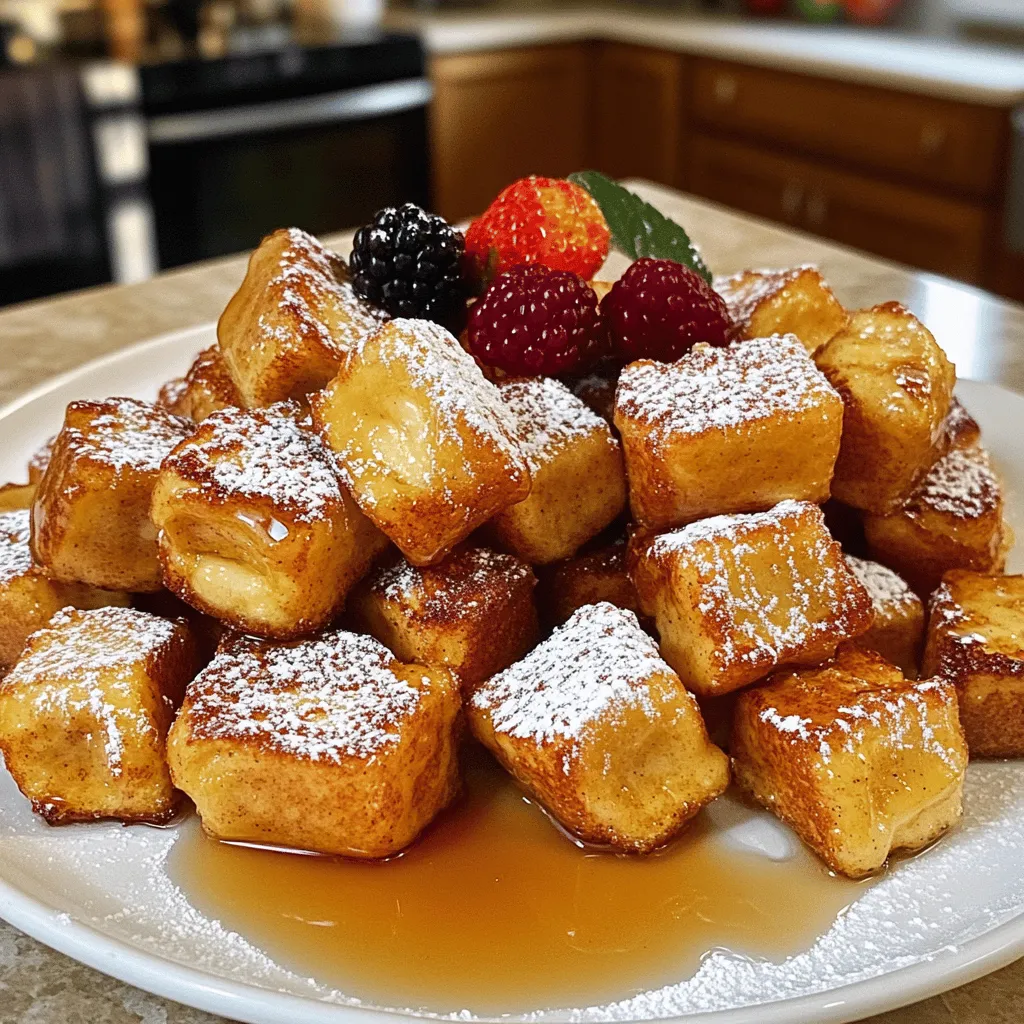 For Cinnamon Roll French Toast Bites, gather these simple items: - 4 cinnamon rolls (store-bought or homemade) - 2 large eggs - 1/2 cup milk - 1 tablespoon vanilla extract - 1 teaspoon ground cinnamon - 2 tablespoons butter - 1/4 cup powdered sugar (for dusting) - Maple syrup (for serving) - Fresh berries (optional, for garnish) You can swap some ingredients for a twist. Here are a few ideas: - Use almond milk instead of regular milk for a nutty flavor. - Replace eggs with flaxseed meal mixed with water for a vegan option. - Try using nutmeg instead of cinnamon for a different spice note. Toppings add fun and flavor. Consider these extras: - Drizzle chocolate syrup for a sweet touch. - Sprinkle chopped nuts for crunch. - Add whipped cream for creaminess. - Top with sliced bananas or apples for fruitiness. These ingredients and tips will help you make the best Cinnamon Roll French Toast Bites. Check out the Full Recipe for step-by-step instructions! Start with your cinnamon rolls. If you use store-bought rolls, bake them as per the package. Let them cool for a few minutes. If you make them from scratch, give them time to cool after baking. Once they cool, cut each roll into bite-sized pieces. Aim for quarters to ensure they fit well in your skillet. Grab a large bowl for the egg mixture. Crack two large eggs into the bowl. Add half a cup of milk, one tablespoon of vanilla extract, and one teaspoon of ground cinnamon. Whisk the mixture well until it is smooth and creamy. This mix is key for coating your bites, so make sure it is well combined. Now, it’s time to cook. Heat two tablespoons of butter in a large skillet over medium heat. Wait until the butter bubbles before adding the cinnamon roll pieces. Dip each piece into the egg mixture, coating it fully but not soggy. Place them in the skillet in a single layer. Cook each side for about three to four minutes. You want them golden brown and slightly crispy. Once done, dust them with powdered sugar while they are still warm. Serve with maple syrup and fresh berries if you like. For the full recipe, check out the section above. Enjoy these tasty bites! To get that perfect bite, start with your cinnamon rolls. Use fresh rolls for the best taste. If you use store-bought ones, follow the package steps closely. After baking, let them cool slightly. This step helps keep them from getting too soggy. When cutting them, make sure the pieces are not too big. Smaller bites cook more evenly and get that nice crisp outside. One common mistake is soaking the rolls too long in the egg mix. Just a quick dip is all you need. If they sit too long, they can fall apart. Another mistake is cooking on too high heat. Keep the heat at medium. This way, the bites cook through and get golden brown without burning. Don’t crowd the skillet; you want space for even cooking. To boost the flavor, consider adding a pinch of nutmeg to the egg mix. It pairs well with cinnamon and gives a warm taste. You can also swap vanilla extract for almond extract for a different twist. For extra sweetness, drizzle honey or agave syrup on top. Fresh berries can add a nice tartness to balance the sweetness. For a fun crunch, sprinkle some chopped nuts before serving. For the full recipe, check out the details above. {{image_2}} You can make Cinnamon Roll French Toast Bites in many tasty ways. Try adding chocolate chips to the egg mixture for a sweet twist. You could also mix in some nutmeg for a warm spice flavor. Use flavored syrup, like caramel or hazelnut, to change things up. If you love fruit, chop up some apples or pears and cook them with the bites. This gives a fresh taste. You can even add a touch of orange zest for a bright finish. If you need a gluten-free option, use gluten-free cinnamon rolls. Many brands offer these, and they taste great! For a dairy-free version, swap out regular milk for almond or oat milk. You can also use a dairy-free butter alternative. Check labels to ensure all your ingredients fit your diet. These simple swaps keep the flavor but meet your needs. Seasonal ingredients can enhance your bites. In fall, add pumpkin puree to the egg mix. This adds a rich flavor and creamy texture. In winter, mix in some grated ginger for a warm spice. In summer, fresh berries can be mixed in or used as a topping. They add color and a burst of freshness. Using seasonal items helps your dish feel special and exciting. You can find the full recipe above to get started on these delicious bites! After making Cinnamon Roll French Toast Bites, let them cool completely. Place them in an airtight container. You can store them in the fridge for up to three days. This keeps them fresh and tasty for your next breakfast. To reheat your bites, use a skillet over medium heat. Heat them for about two to three minutes on each side. This will help restore their crispy texture. You can also use a microwave. Just heat for 20 to 30 seconds. Keep an eye on them to avoid drying out. If you want to save some for later, freezing works well. First, let the bites cool completely. Then, place them in a single layer on a baking sheet. Freeze them for about one hour. Once frozen, move the bites to a freezer-safe bag. They can last up to two months in the freezer. When you're ready to eat, thaw them in the fridge overnight. Reheat as usual for a warm morning treat. Yes, you can use day-old cinnamon rolls. They work great! In fact, stale rolls soak up the egg mixture better. Just cut them into bite-sized pieces and proceed with the recipe. They will taste delicious, and you won't waste food. To make this recipe ahead, prepare the egg mixture the night before. Store it in the fridge. You can also cut the cinnamon rolls and keep them in an airtight container. In the morning, just dip the pieces into the egg mixture, cook, and enjoy. It saves time and still tastes fresh. You can serve these bites with warm maple syrup for drizzling. Fresh berries add a nice touch and color. For extra sweetness, dust with powdered sugar. You might even try adding whipped cream or a scoop of ice cream for a fun twist. These bites are perfect for brunch or special mornings. For the full recipe, check the section above. You learned how to make delicious Cinnamon Roll French Toast Bites. We covered ingredients, recipe steps, and tips for the best results. Remember the importance of texture and flavor. Try different variations to suit your taste. Store leftovers for a quick treat later. With these ideas, you can impress anyone. Enjoy your tasty bites!