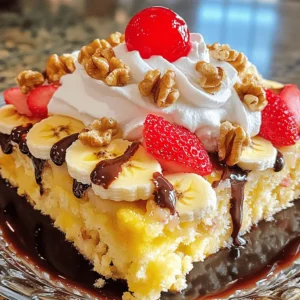 To make this banana split dump cake, you need: - 3 ripe bananas, sliced - 1 cup crushed pineapple, drained - 1 cup strawberries, hulled and sliced - ½ cup walnuts, chopped - 1 box yellow cake mix - ½ cup unsalted butter, melted - 1 cup chocolate syrup - 1 cup whipped cream (for topping) - Maraschino cherries (for garnish) Using the right measurements ensures your cake turns out great. Here are some tips: - Use ripe bananas for the best flavor. They should be yellow with some brown spots. - Ensure the pineapple is well-drained. This keeps the cake from getting soggy. - Chop the walnuts into small pieces for even distribution. This adds nice crunch. - The melted butter should be evenly drizzled. This helps the cake mix brown nicely. Want your ingredients to stay fresh? Here are some ideas: - Store bananas at room temperature. They ripen well in a cool place. - Keep strawberries in the fridge. Use them within a few days for the best taste. - For walnuts, keep them in an airtight container. This prevents them from going stale. - Use fresh whipped cream as a topping. It tastes the best right after making it. These tips will help you create a banana split dump cake that is both tasty and fresh! For the full recipe, check out the details above. Start by preheating your oven to 350°F (175°C). This step is key for even baking. A hot oven helps the cake rise perfectly. Make sure you set the timer so you don't forget. Next, grab a greased 9x13 inch baking dish. Place the sliced bananas evenly on the bottom. They create a sweet base. Then, add the drained crushed pineapple on top. Spread it out well. Now, layer the sliced strawberries over the pineapple. The colors will be vibrant! Sprinkle the chopped walnuts for a nice crunch. Now, it's time for the yellow cake mix. Sprinkle it evenly over all the fruit layers. Do not mix it; we want a crumbly topping! Drizzle the melted butter all over the cake mix. This adds richness and flavor. Lastly, pour the chocolate syrup on top for a gooey finish. Now, it's time to bake! Place the dish in your preheated oven. Let it bake for 40-45 minutes. Keep an eye on it. You want the cake to turn golden brown and bubbly around the edges. When it's done, take it out and let it cool for a few minutes. This helps the flavors meld together. After cooling, serve it warm with whipped cream and a cherry on top. You’ll love the mix of flavors! For the full recipe, check the earlier section. To get the best texture for your Banana Split Dump Cake, follow these tips: - Use ripe bananas for natural sweetness. - Drain the crushed pineapple well to avoid sogginess. - Spread the cake mix evenly without stirring. This helps form a nice crumb topping. - Drizzle the melted butter slowly to cover the cake mix. These steps make a light and fluffy cake. I always check for golden edges, which shows it's ready. When it’s time to serve, you have options. I love to serve this warm. It pairs well with cold whipped cream. You can also add a scoop of vanilla ice cream for an extra treat. This dessert is great for parties or family dinners. Always keep some extra toppings nearby for fun! Toppings can make this cake even better. Here are some ideas: - Add crushed nuts for crunch. - Drizzle more chocolate syrup on top. - Try caramel sauce for a sweet twist. - Fresh fruit, like extra strawberries or bananas, adds color. I often use maraschino cherries as a classic touch. These small additions make every bite better! For the full recipe, check out the details above. {{image_2}} You can make a gluten-free version of this dump cake. Simply swap the yellow cake mix for a gluten-free cake mix. Most stores offer these mixes, so they are easy to find. Just follow the same steps in the recipe. The result will still be delicious and sweet. Want to add a tropical flair? Try using mango or kiwi slices instead of bananas. You can also mix in some shredded coconut for extra flavor. If you love passion fruit, add a layer of that too. These changes will make your cake bright and fun. You can customize your toppings easily. Instead of whipped cream, use vanilla ice cream for a creamy touch. Try adding crushed nuts like almonds or pecans for crunch. You could even sprinkle some toasted coconut on top. The options are endless! For even more fun, drizzle with caramel sauce or butterscotch. Each choice will create a unique taste experience. To store leftover Banana Split Dump Cake, first let it cool. Then, cover it tightly with plastic wrap or foil. You can keep it in the fridge for up to 3 days. If you want to enjoy it later, store it in an airtight container. This helps keep the cake moist and fresh. You can freeze this cake for a longer storage option. First, let it cool completely. Then, cut it into squares. Wrap each piece in plastic wrap. Place the wrapped pieces in a freezer-safe bag. You can freeze them for up to 3 months. When you're ready to eat, just thaw it in the fridge overnight. When you want to enjoy your leftover Banana Split Dump Cake, preheat your oven to 350°F (175°C). Place a piece of cake in an oven-safe dish. Cover it with foil to help it heat evenly. Bake for about 15 minutes. If you want to serve it warm with whipped cream, just pop it in the microwave for 20-30 seconds. Enjoy your treat! Yes, you can make this cake ahead of time. It is great for gatherings. Just prepare it, cover it, and store it in the fridge. Bake it the day you plan to serve it. This way, it stays fresh and tasty. If you don’t have ripe bananas, use applesauce or mashed avocado. Both options keep the cake moist. You can also use pureed pumpkin for a unique twist. Each substitute will give the cake a different flavor. Check the cake after 40 minutes of baking. It should be golden brown and bubbly. You can insert a toothpick into the center. If it comes out clean, the cake is ready. Let it cool for a few minutes before serving for best results. This blog post covered key aspects of making a delicious cake. You learned about required ingredients, measurement details, and freshness tips. I shared step-by-step instructions for baking, along with best practices for texture and serving ideas. You found variations for different diets and storage tips for leftovers. Creating a cake can be fun and simple. Use this guide for sweet success every time! Enjoy your baking journey and make delicious memories.