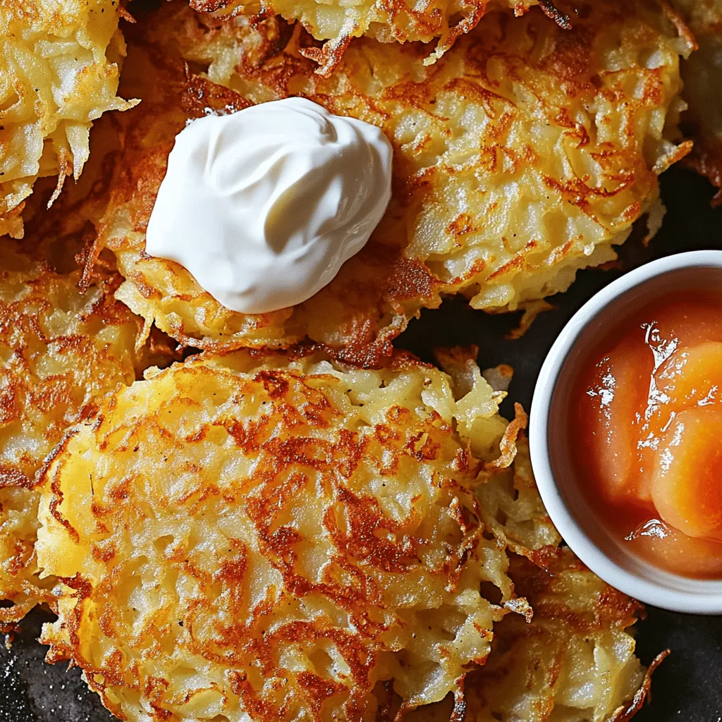 - Grated russet potatoes - Finely grated onion - Eggs, flour, and baking powder - Seasonings: salt, pepper, smoked paprika - Cooking oil and serving suggestions: sour cream and applesauce To make the best German potato pancakes, you need to start with fresh, high-quality ingredients. The star of the dish is the russet potato. Its starchy texture gives the pancakes that crispy bite we all love. The onion adds a nice flavor boost. I prefer finely grating it to mix well with the potatoes. The eggs help bind everything together, while the flour and baking powder give the pancakes a light and fluffy texture. Seasonings play a vital role. Salt and pepper bring out the potato's natural flavors. Smoked paprika adds a unique twist. It enhances the pancakes' taste, making them even more delicious. For cooking, use a good vegetable oil. It helps achieve that crispy outer layer. When serving, I like to pair the pancakes with sour cream and applesauce. These toppings balance the savory and sweet flavors wonderfully. Check out the Full Recipe for precise quantities and step-by-step guidance to whip up these tasty treats! To make German potato pancakes, start with the potatoes. First, peel the russet potatoes using a vegetable peeler. Then, grate them using a box grater or a food processor. Grating makes the potatoes soft and easy to mix. Once grated, it’s important to remove excess moisture. Place the grated potatoes in a clean kitchen towel and wring it out tightly. Removing moisture is key to getting crispy pancakes. Now, let’s mix the batter. In a large bowl, combine the grated potatoes with the finely grated onion. Add two large eggs to the mix. Stir until everything is well combined. Next, add the all-purpose flour, baking powder, smoked paprika, salt, and pepper. Mix until you have a cohesive batter. This blend gives the pancakes their unique flavor. Time to cook! Heat a large cast-iron skillet or non-stick pan over medium heat. Pour enough vegetable oil into the pan to coat the bottom well. When the oil is hot, use a measuring cup to scoop about 1/4 cup of the potato mixture. Place it in the skillet and flatten it slightly with a spatula. Repeat this until the pan is full, but don't overcrowd it. Fry the pancakes for about 3-4 minutes on each side. Look for a golden-brown color and a crispy texture. Add more oil as needed, and transfer cooked pancakes to a paper towel-lined plate to absorb excess oil. Enjoy these crispy delights hot, served with sour cream and applesauce. For the full recipe, check out the details above. To get crispy German potato pancakes, focus on moisture. After grating, squeeze the potatoes to remove water. This step is key! Too much moisture leads to soggy pancakes. Fry at the right temperature. Heat your oil to medium-high. You want it hot enough to sizzle when you add the batter. If the oil is too cool, your pancakes will absorb too much oil. Enhance the flavor with spices. Try adding garlic powder or onion powder. Fresh herbs like chives or parsley can brighten the taste. These little tweaks make a big difference! Consider serving them with different dips. While sour cream and applesauce are classic, try a tangy yogurt or a spicy salsa. These options add a fun twist to your meal. Use a good pan for frying. A cast-iron skillet works best for even heating. Non-stick pans are also great if you prefer less oil. For grating, a box grater or food processor saves time. A sturdy mixing bowl is also important for combining your ingredients well. These tools help ensure your pancakes turn out perfectly every time. For the full recipe, check the section above! {{image_2}} If you want to switch things up, consider these easy swaps for your German potato pancakes. - Flour Alternatives: You can use almond flour or chickpea flour instead of all-purpose flour. These options add unique flavors and can be gluten-free. - Egg Substitutes: For a vegan version, try using flaxseed meal mixed with water. This mix binds the ingredients well and keeps the pancakes together. - Potato Options: While russet potatoes are the classic choice, sweet potatoes or Yukon golds give a different taste and texture. Each type brings its own special flavor. Different areas have their own spins on German potato pancakes. Here are some fun ideas. - Flavor Profiles: You can add garlic, chives, or even cheese to the batter. Each addition changes the taste and makes the pancakes even more exciting. - Dietary Adaptations: If you need a gluten-free option, just use gluten-free flour. For a vegetarian twist, include veggies like grated zucchini or carrots. These variations let you enjoy German potato pancakes in many fun ways! For the full recipe, check out the earlier section. To keep your leftover German potato pancakes fresh, follow these steps: - Refrigerate: Place pancakes in an airtight container. This will help keep them from drying out. Store them in the fridge for up to three days. - Freeze: For longer storage, freeze the pancakes. Layer them between sheets of parchment paper. Then, place them in a freezer-safe bag or container. They can last up to three months in the freezer. - Reheat: To heat them up, you can use an oven or a skillet. For the oven, preheat to 375°F (190°C) and bake for about 10-15 minutes. If using a skillet, add a little oil and heat over medium until crispy. German potato pancakes have a limited shelf life. When stored in the fridge, they last about three days. If you freeze them, they can last for up to three months. Always check for signs of spoilage, such as off smells or discoloration, before eating. Don't let those leftover pancakes go to waste! Here are some fun ways to use them: - Breakfast Hash: Chop the pancakes into smaller pieces. Sauté with veggies and eggs for a hearty breakfast. - Soup Topping: Cut them into strips and fry until crispy. Use them as a crunchy topping for soups. - Pasta Dish: Mix chopped pancakes into pasta dishes for added texture and flavor. These ideas help you enjoy your leftovers in new and exciting ways! To make German potato pancakes crispy, remove as much moisture as possible from the grated potatoes. Excess moisture leads to soggy pancakes. After grating, use a clean kitchen towel to wring out the water. This step is key. Next, use a hot skillet with enough oil. The oil should be hot enough to sizzle when you add the mixture. This ensures a golden crust forms quickly. Fry the pancakes in small batches, giving them space to cook evenly. Yes, you can prepare German potato pancakes ahead of time. Cook the pancakes and let them cool fully. Once cool, place them in an airtight container. You can store them in the fridge for up to three days. When you are ready to eat, reheat them in a hot skillet with a bit of oil. This helps restore their crispiness. You can also use an oven to reheat them. Just place them on a baking sheet at 375°F (190°C) for about 10 minutes. German potato pancakes and latkes share similarities but have key differences. Latkes are traditionally made with a finer shred of potato and often use less onion. They may also include matzo meal. German potato pancakes, on the other hand, generally use coarser shreds and more onion. They often have a fluffier texture due to the addition of baking powder. Both are delicious, but each brings unique flavors to the table. To make your potato pancakes healthier, you can consider a few options. Start by using less oil for frying. You can use a non-stick pan, which requires less oil. Another option is to bake the pancakes instead of frying them. Use a light spray of oil on a baking sheet and bake at 425°F (220°C) for about 20 minutes, flipping halfway. You can also replace some of the potatoes with grated zucchini or cauliflower for extra veggies. German potato pancakes offer a crispy, flavorful treat perfect for any meal. You learned about key ingredients like russet potatoes, onions, and seasonings. We covered step-by-step instructions for preparing, mixing, and cooking these pancakes. Helpful tips helped ensure the right texture and flavor. Explore variations for options like gluten-free or vegetarian options. Finally, you can store leftovers easily for future meals. Enjoy making these delicious pancakes and get creative with your own twists!