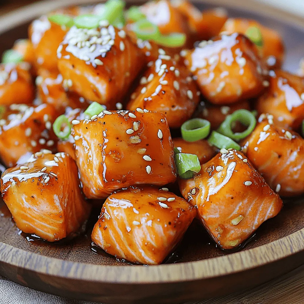 To make mouthwatering honey garlic salmon bites, you need simple, fresh ingredients. These work together to create a tasty flavor that everyone loves. Here’s what you will need: - 1 lb fresh salmon fillet, skin removed and cut into bite-sized cubes - 1/4 cup honey - 3 tablespoons soy sauce - 3 cloves garlic, minced - 1 tablespoon fresh ginger, grated - 1 tablespoon sesame oil - 2 green onions, sliced (for garnish) - 1 tablespoon sesame seeds (for garnish) - Salt and pepper to taste These ingredients are easy to find at any grocery store. The salmon is the star of this dish, while the honey adds sweetness. Garlic and ginger bring a warm, rich flavor that levels up the taste. The soy sauce gives it a savory touch, making it hard to resist. The sesame oil adds a nutty finish, while green onions and sesame seeds make for a beautiful garnish. If you want to create your dish, feel free to adjust the ingredients. You can add more garlic for a stronger taste or less honey if you prefer a savory flavor. For the full recipe, just follow the steps, and you’ll have a delightful meal ready in no time! Whisk together honey, soy sauce, minced garlic, grated ginger, sesame oil, salt, and pepper. This mix makes a sweet and savory marinade. Next, add your salmon cubes to the bowl. Make sure each cube is well coated. Cover the bowl and refrigerate for 20 to 30 minutes. This step infuses the salmon with flavor. Preheat your oven to 400°F (200°C) or heat a skillet over medium-high heat. If you choose to bake, line a baking sheet with parchment paper. Arrange the marinated salmon bites in a single layer on the sheet. If pan-frying, place the salmon directly in the hot skillet. Bake for 12 to 15 minutes or pan-fry for 8 to 10 minutes. Turn the salmon halfway through cooking. This helps it cook evenly and become crunchy. Once your salmon is cooked, let it rest for a couple of minutes. This keeps it juicy. Transfer the salmon bites to a serving plate. To make it look great, garnish with sliced green onions and a sprinkle of sesame seeds. This adds both flavor and crunch. You can find the full recipe in the article for easy reference. Enjoy your delicious honey garlic salmon bites! Using fresh ingredients is key. Fresh salmon gives the best taste. Honey adds sweetness, while soy sauce brings saltiness. Adjust these two to find your perfect balance. A little extra honey makes it sweeter. A dash more soy sauce adds salt. Don’t overcrowd the pan when you cook. If you crowd the pan, the salmon won’t sear right. It can steam instead. Leave space between each piece. Always check for doneness. Salmon should be opaque and flake easily. Overcooking can make it dry. Serve your salmon bites on a colorful plate. This makes the dish pop. Garnish with green onions and sesame seeds for a fun touch. A sprinkle of herbs adds color, too. Use your creativity to make it look great. A nice presentation makes every meal feel special. For the full recipe, check the section above. {{image_2}} You can swap salmon for chicken or tofu. Chicken bites taste great with honey garlic sauce. Just cut the chicken into small pieces and follow the same steps. Tofu works well too. Use firm or extra-firm tofu for the best texture. Press it to remove excess water, then cut it into cubes. Marinate like the salmon and enjoy! Want to spice it up? Add red pepper flakes to your marinade for some heat. Start with a pinch, then add more to suit your taste. If you prefer a bright flavor, try adding citrus zest. Lemon or lime zest can brighten the dish. Just mix it in with the other marinade ingredients. These honey garlic bites are super versatile. Serve them with rice for a filling meal. Quinoa is a great option that adds protein too. If you're in the mood for something fresh, pair them with a simple salad. Think mixed greens with a light dressing. Each option makes a perfect match for these tasty bites. For the complete experience, check out the Full Recipe. Store any leftover salmon bites in an airtight container. They will stay fresh for up to 3 days. Make sure to let them cool before sealing. This helps keep the bites tasty and safe. To freeze salmon bites, let them cool completely first. Place them in a single layer on a baking sheet. Freeze until solid, then transfer to a freezer-safe bag. They can stay frozen for up to 2 months. For the best thawing practice, move the bag to the fridge overnight before cooking. This way, they thaw slowly and keep their flavor. To reheat salmon bites, use a skillet over medium heat. Add a little oil to the pan to prevent sticking. Heat the bites for about 3-5 minutes, turning gently. You can also use an oven set to 350°F (175°C). Place the bites on a baking sheet and cover with foil. Bake for 10 minutes to keep them moist. Avoid the microwave, as it can dry them out. Yes, but ensure it’s fully thawed and patted dry before marinating. This step helps the marinade soak into the salmon better. If you skip it, the extra moisture can make the dish watery. Thaw the salmon in the fridge overnight for best results. Use tamari instead of soy sauce. Tamari is a great gluten-free option that gives you the same rich flavor. Always check the label to make sure it’s gluten-free. This way, everyone can enjoy the dish without worry. I love serving these bites with fresh vegetables, grains, or salads. Here are some ideas: - Vegetables: Steamed broccoli or roasted asparagus add great color and nutrients. - Grains: Try serving with fluffy rice or quinoa for a filling meal. - Salads: A crisp green salad or a refreshing cucumber salad can balance the rich flavors. These combinations enhance the taste and make your meal complete. Check out the Full Recipe for more tips! This blog post shared a simple and tasty recipe for honey garlic salmon bites. We covered marinating, cooking, and garnishing for the best flavor. Remember to use fresh ingredients to heighten taste. You can swap salmon for chicken or tofu if you prefer. Don't forget to store leftovers properly for later enjoyment. With easy steps and helpful tips, you can impress anyone with this dish. Enjoy making these bites and share them with friends and family!