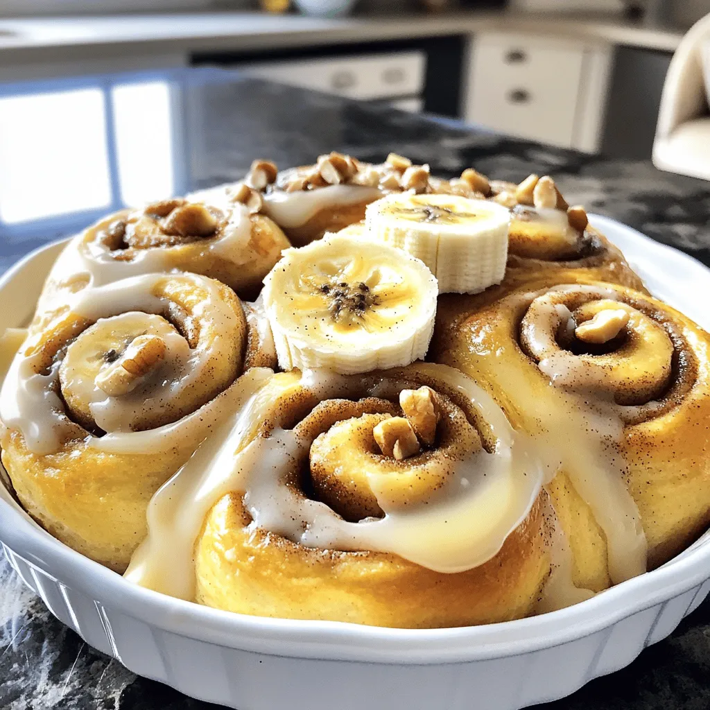 To make these banana bread cinnamon rolls, you need the following ingredients: - 1 ½ cups overripe bananas, mashed (about 3 bananas) - ½ cup granulated sugar - ½ cup brown sugar, packed - 1/3 cup melted butter - 1 large egg - 1 teaspoon vanilla extract - 1 teaspoon baking soda - 1 teaspoon baking powder - ½ teaspoon salt - 2 cups all-purpose flour - 1 tablespoon ground cinnamon - ¼ cup chopped walnuts or pecans (optional) - 1 cup cream cheese, softened (for icing) - 1 cup powdered sugar (for icing) - 2 tablespoons milk (for icing) You can customize your rolls with these options: - Add raisins or dried cranberries for a sweet touch. - Use almond flour instead of all-purpose flour for a nutty flavor. - Swap walnuts for pecans or omit them entirely if you prefer. When selecting your ingredients: - Use very ripe bananas; they should be brown and soft for the best flavor. - Look for fresh baking soda and baking powder; check the expiration date. - Choose high-quality butter for rich taste. - For the icing, use full-fat cream cheese for creamy texture. These tips will help you create the best banana bread cinnamon rolls possible. For the full recipe, check the original guide. Enjoy baking! To make the dough, start by preheating your oven to 350°F (175°C). Grease and line a 9x13 inch baking dish. In a large mixing bowl, mash about three overripe bananas until smooth. Add ½ cup granulated sugar, ½ cup brown sugar, and ⅓ cup melted butter. Mix until everything combines well. Next, beat in one large egg and one teaspoon of vanilla extract. Stir until smooth. Now, add one teaspoon of baking soda, one teaspoon of baking powder, and ½ teaspoon of salt. Mix well. Slowly add two cups of all-purpose flour. Stir until just combined. Avoid overmixing, as this keeps the rolls tender. Once your dough is ready, dust your work surface with flour. Roll out the dough into a rectangle about ½ inch thick. In a separate bowl, mix one tablespoon of ground cinnamon with ¼ cup of chopped walnuts or pecans, if you want. Spread this mixture evenly over the dough. Starting from the longer side, roll the dough tightly into a log. Use a sharp knife to cut the log into 1-inch slices. Arrange these slices in your prepared baking dish. Bake your rolls for 25-30 minutes. Keep an eye on them. They should be golden brown and cooked through. While the rolls bake, prepare your cream cheese icing. In a bowl, beat together one cup of softened cream cheese, one cup of powdered sugar, and two tablespoons of milk. Mix until smooth and creamy. Once the rolls are out of the oven, let them cool slightly. Then, drizzle the cream cheese icing over the top. Enjoy your Banana Bread Cinnamon Rolls! To make sure your rolls stay moist, use overripe bananas. The darker, the better! They add natural sweetness and moisture. Avoid overmixing the dough. Mix until just combined, or your rolls may turn tough. Also, keep an eye on the baking time. Remove them from the oven as soon as they turn golden brown. A common mistake is using under ripe bananas. They don’t provide the right flavor or moisture. Another mistake is not greasing your baking dish. This can cause the rolls to stick and break apart. Lastly, don’t skip the cream cheese icing! It adds a rich flavor that complements the cinnamon perfectly. You will need a large mixing bowl for the dough. A rolling pin helps flatten the dough evenly. Use a sharp knife to cut the rolls neatly. A baking dish is key for even cooking. Finally, have a whisk ready for the icing. These tools make the process smooth and fun. {{image_2}} You can make your banana bread cinnamon rolls even more fun with toppings. Try adding a sprinkle of chopped nuts, like walnuts or pecans, for crunch. If you love chocolate, drizzle melted chocolate on top. A dusting of powdered sugar adds a sweet touch too. You can also add fresh fruit, like banana slices or berries, to the icing for a colorful look. These toppings not only taste good, but they also make your rolls more appealing. The filling in your rolls can change how they taste. Swap out cinnamon for nutmeg or cardamom for a unique flavor. You can mix in chocolate chips for a sweet surprise. If you enjoy a fruity twist, add some dried cranberries or raisins. Different nuts, like almonds or hazelnuts, can add a new taste. By playing with the filling, you can create a new favorite every time. You can enjoy these rolls even if you are gluten-free or vegan. Use gluten-free flour instead of all-purpose flour for a safe choice. For a vegan version, replace the egg with a flaxseed egg or applesauce. Swap the butter for coconut oil or vegan butter. The cream cheese icing can change too. Use a vegan cream cheese or make a simple icing with powdered sugar and almond milk. These swaps keep the delicious flavor while meeting your dietary needs. To keep your leftover cinnamon rolls fresh, place them in an airtight container. You can also wrap them in plastic wrap. Store them at room temperature for up to two days. If you want them to last longer, put them in the fridge. They can stay fresh in the fridge for about a week. When you're ready to enjoy your rolls again, preheat your oven to 350°F. Place the rolls on a baking sheet. Cover them with aluminum foil to avoid drying out. Heat for about 10-15 minutes, or until warm. You can also use a microwave for quick reheating. Heat each roll for about 15-20 seconds. Check to make sure they are warm enough. If you want to save some rolls for later, freezing is a great option. Wrap each roll tightly in plastic wrap. Then place them in a freezer bag. Be sure to remove as much air as possible. They can last in the freezer for up to three months. When you're ready to eat, let them thaw in the fridge overnight. Then, reheat them as described above. Enjoy your banana bread cinnamon rolls anytime! For the complete recipe, check out the full recipe link. Yes, you can use ripe bananas. However, overripe bananas add more sweetness. They also give a softer texture. Overripe bananas have more flavor. If you only have ripe ones, use them. Just know the rolls may taste less sweet. To make these rolls healthier, try these tips: - Use whole wheat flour instead of all-purpose flour. - Replace some sugar with honey or maple syrup. - Add in chia seeds or flaxseeds for fiber. - Use Greek yogurt instead of butter in the dough. These changes can give you a tasty roll that is a bit better for you. If your rolls are too dry, you can fix them in a few ways: - Add a bit of milk to the dough next time. - Make sure not to overbake them. - Serve them warm with extra icing to add moisture. If you use a warmer banana, it can help keep the rolls soft. Follow the Full Recipe for best results. This blog covered all you need to know about making banana bread rolls. We explored key ingredients, step-by-step instructions, and tips for perfect rolls. You learned how to store them and even found tasty variations. Remember, using ripe bananas can boost flavor. Avoid common mistakes to ensure moisture. With the right tools and ingredients, you'll impress everyone. Enjoy baking and share your delicious creations!