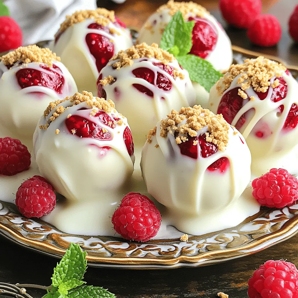 - 8 oz cream cheese, softened - 1/2 cup granulated sugar - 1 teaspoon vanilla extract - 1 cup crushed graham crackers - 1/2 cup fresh raspberries, mashed - 8 oz white chocolate, melted - 1 tablespoon coconut oil (to thin the chocolate) - Pinch of salt - Extra crushed graham crackers for rolling When you make these cheesecake balls, start with high-quality ingredients. The cream cheese gives a rich base. The granulated sugar adds the right sweetness. Vanilla extract brings out all the flavors. Fresh raspberries add a fruity twist, while white chocolate coats and adds smoothness. You can add different flavorings to make your cheesecake balls unique. Consider using: - Lemon zest for a citrus touch - Almond extract for a nutty flavor - A dash of cocoa powder for chocolate lovers These add-ins can help you customize the taste. You can even try different toppings like crushed nuts or sprinkles. To make these cheesecake balls, you will need: - Mixing bowls - Hand mixer - Cookie scoop - Parchment-lined baking sheet Using the right tools makes your job easier. A hand mixer helps blend ingredients quickly. A cookie scoop ensures even-sized balls. Parchment paper keeps the balls from sticking. For the full recipe, check [Full Recipe]. Happy cooking! To start, gather your ingredients and a mixing bowl. Combine 8 oz of softened cream cheese, 1/2 cup of granulated sugar, and 1 teaspoon of vanilla extract. Beat them together with a hand mixer on medium speed. Mix until the texture is smooth and creamy. This step is key for a great cheesecake base. Next, gently fold in 1 cup of crushed graham crackers and 1/2 cup of mashed fresh raspberries. Be careful not to over-mix; you want to keep some raspberry chunks for flavor. After mixing, it’s time to roll the mixture into balls. Use your hands or a small cookie scoop for this. Aim for about 1 inch in diameter for each ball. Place them on a parchment-lined baking sheet. If your hands get sticky, wet them slightly with water. This trick helps you roll uniform balls without mess. Once you form all the balls, chill them in the fridge for about 30 minutes. This makes them firm and easier to coat. Now, let’s melt the white chocolate. In a microwave-safe bowl, mix 8 oz of melted white chocolate with 1 tablespoon of coconut oil. Heat the mixture in 30-second intervals. Stir in between until it is smooth. This step ensures your chocolate coats evenly. Dip each cheesecake ball into the melted chocolate. Use a fork to lift them out, letting excess chocolate drip off. Immediately roll each ball in extra crushed graham crackers for a crunchy touch. Finally, place the coated balls back on the baking sheet and let them set. You can chill them for about 15-20 minutes. Enjoy your delicious white chocolate raspberry cheesecake balls! For the complete recipe, refer to the Full Recipe section. To keep your cheesecake balls creamy, avoid over-mixing. Mix the cream cheese, sugar, and vanilla until smooth. Then, gently fold in the crushed graham crackers and mashed raspberries. This method keeps the raspberry chunks intact. You want bites of fruit in each ball. If you mix too much, the raspberries break down into mush. For a stunning presentation, arrange the cheesecake balls on a colorful platter. Drizzle any leftover melted white chocolate over the top. This adds elegance and flavor. Garnish with whole raspberries or fresh mint leaves for color. These simple touches make your dessert look fancy. If your chocolate is clumpy, it may have overheated. Always melt chocolate in short intervals, stirring between. This helps keep it smooth. If your cheesecake balls are crumbly, they may need more moisture. Add a touch more cream cheese for a creamier texture. Adjusting your ingredients can solve many common problems. {{image_2}} You can change the fruits in these cheesecake balls. Try strawberries or blueberries instead of raspberries. Each fruit brings a different taste. For chocolate lovers, use dark chocolate instead of white. It adds a rich flavor that pairs well with the cheesecake. You can also mix in some orange zest for a citrus twist. This gives a fresh and bright flavor. To make these cheesecake balls lighter, swap cream cheese for Greek yogurt. This change cuts calories and adds protein. You can also use a sugar substitute if you need to lower sugar intake. For a gluten-free option, use gluten-free graham crackers. This keeps the flavor while meeting dietary needs. For special occasions, add festive spices like cinnamon or nutmeg. You can also use peppermint extract for a holiday vibe. During spring, garnish with edible flowers for a beautiful touch. When serving, arrange the balls on a colorful platter. This makes a stunning presentation for any gathering. To keep your cheesecake balls fresh, place them in an airtight container. Use parchment paper between layers to prevent sticking. Store them in the fridge for the best taste and texture. They stay creamy and delicious this way. Avoid leaving them at room temperature for long. This keeps bacteria away and preserves their quality. If you want to freeze cheesecake balls, first chill them in the fridge. Once firm, place them in a freezer-safe bag, separating layers with parchment paper. They can stay frozen for about three months. When you're ready to enjoy, thaw them in the fridge overnight. This helps keep their texture nice and smooth. These cheesecake balls last about 5 to 7 days in the fridge. After that, the flavors may fade, and the texture can change. If you notice any off smells or changes, it's best to discard them. Enjoy your treats while they're fresh for the best experience! For the complete recipe, check out the Full Recipe. Yes, you can use frozen raspberries in this recipe. They work well in cheesecake balls. However, they may have more water than fresh ones. To reduce excess moisture, thaw and drain them before mashing. This helps keep your cheesecake mixture firm. If your chocolate doesn’t coat smoothly, it might be too thick. This can happen if it cools down too much. To fix this, add a bit of coconut oil while melting. Stir until it becomes smooth again. If it hardens, reheat in short bursts in the microwave. Yes, you can make these cheesecake balls ahead of time. Prepare them and store them in the fridge for up to three days. You can also freeze them for up to a month. Just remember to let them thaw in the fridge before serving. In this blog post, we explored how to create delicious cheesecake balls using simple ingredients like cream cheese, raspberries, and white chocolate. We discussed the step-by-step process for mixing, rolling, and coating the cheesecake. I also shared tips for perfect texture and serving ideas. Remember, you can customize flavors and even make healthier versions. Whether for a party or a sweet treat for yourself, these cheesecake balls are sure to please. Get creative, and enjoy every bite!