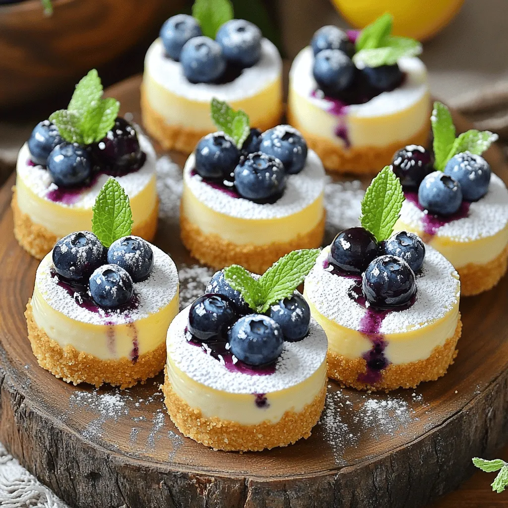 - 1 cup graham cracker crumbs - 1/4 cup unsalted butter, melted - 16 oz cream cheese, softened - 1/2 cup granulated sugar - 1/4 cup sour cream - 1 tablespoon lemon zest - 2 tablespoons fresh lemon juice - 1 teaspoon vanilla extract - 2 large eggs - 1 cup fresh blueberries - Additional blueberries for topping These main ingredients create a rich, creamy base that shines with lemon and blueberry flavors. The graham cracker crumbs form a crunchy crust that balances the smooth cheesecake. Cream cheese gives this dessert its creamy texture. The sour cream adds softness, while the lemon zest and juice brighten the taste. Fresh blueberries bring natural sweetness and a pop of color. - 1 tablespoon cornstarch (for blueberry topping) - 1 tablespoon sugar (for blueberry topping) Using cornstarch thickens the blueberry topping, making it syrupy and delicious. The extra sugar enhances the blueberries’ natural sweetness. You can add these optional ingredients if you want to elevate your mini cheesecakes even more. If you want to explore more about how to make these delightful mini cheesecakes, check the Full Recipe for detailed steps. - Preheat the oven and prepare the muffin pan: Start by setting your oven to 325°F (160°C). This temperature is perfect for baking mini cheesecakes. Line a muffin pan with cupcake liners or grease it with non-stick spray. This step helps with easy removal later. - Combine graham cracker crumbs and melted butter: In a mixing bowl, take 1 cup of graham cracker crumbs and add 1/4 cup of melted unsalted butter. Stir well until the crumbs soak up the butter. This mixture forms a tasty base for your cheesecake. - Beat cream cheese and sugar until smooth: In a large bowl, use an electric mixer to beat 16 oz of softened cream cheese with 1/2 cup of granulated sugar. Mix until the mixture is smooth and creamy. This is key for a rich cheesecake. - Mix in sour cream, lemon zest, lemon juice, and vanilla extract: Next, add 1/4 cup of sour cream, 1 tablespoon of lemon zest, 2 tablespoons of fresh lemon juice, and 1 teaspoon of vanilla extract. Blend these ingredients until well mixed. The lemon adds a bright flavor that complements the blueberries. - Incorporate eggs into the mixture and fold in blueberries: Add 2 large eggs, one at a time. Mix well but avoid overmixing, as this can make the cheesecake dense. Gently fold in 1 cup of fresh blueberries. This step brings a burst of fruity flavor to each bite. - Bake mini cheesecakes and cool properly: Pour the cheesecake filling into each muffin liner, filling them about 3/4 full. Bake for 18-20 minutes. The centers should be set but still slightly jiggly. Turn off the oven and let them sit inside for an extra 10-15 minutes. This helps them cool gently. Afterward, let them cool at room temperature before chilling in the fridge for at least 2 hours. This process ensures your mini lemon blueberry cheesecakes come out perfectly creamy and delicious. For more detailed steps, check the Full Recipe. To create the perfect mini lemon blueberry cheesecake, avoid overmixing the batter. Overmixing can lead to a dense texture instead of the creamy delight we want. Mix just until the ingredients combine, and you’ll keep that luscious mouthfeel. Cooling is key for flavor. After baking, turn off the oven and let the cheesecakes cool inside for 10-15 minutes. This gentle cooling helps prevent cracks and keeps the texture smooth. Then, move them to the fridge to chill for at least 2 hours. Chilling helps the flavors deepen and blend nicely. Serving ideas add a touch of elegance. Place your mini cheesecakes on a lovely platter. You can sprinkle powdered sugar on top for a sweet touch. Fresh mint leaves add a pop of color and a hint of freshness. For garnishing, consider adding more blueberries on top. These add not only color but also a burst of flavor. You might even drizzle some blueberry syrup if you made it. This will enhance the visual appeal and make your dessert look like it came from a fancy restaurant. For the full recipe, you can check the section above. {{image_2}} You can easily change the flavor of these mini lemon blueberry cheesecakes. Try using different fruits like strawberries or raspberries. Each fruit brings a new taste. You can also add flavored creams or extracts. A hint of almond or coconut can add depth. For those needing gluten-free options, swap the graham cracker crust with gluten-free crumbs. This keeps the base tasty while fitting your needs. If you want a healthier treat, use sugar alternatives like honey or agave syrup. These swaps can make your mini cheesecakes even better for you. Explore these variations to find your favorite twist on the mini lemon blueberry cheesecakes. For a full recipe, refer to the [Full Recipe]. To store mini cheesecakes in the fridge, follow these steps: - Allow the cheesecakes to cool completely. - Place them in an airtight container. - Store them in the fridge for safe keeping. If you want to freeze mini cheesecakes for later, here’s what to do: - Wrap each cheesecake tightly in plastic wrap. - Place them in a freezer-safe bag or container. - These can be frozen for up to three months. Mini cheesecakes last about five days in the refrigerator. This keeps them fresh and tasty. To maintain freshness, follow these best practices: - Keep them in an airtight container. - Avoid leaving them out at room temperature for too long. - Always check for any signs of spoilage before serving. For the full recipe of these delightful treats, check the [Full Recipe]. How long do I bake mini cheesecakes? You bake mini cheesecakes for 18 to 20 minutes. They should be set but slightly jiggly in the center. This ensures a creamy texture. Overbaking can lead to dryness, so keep an eye on them. Can I use frozen blueberries instead of fresh? Yes, you can use frozen blueberries. They may release more juice, so adjust the sugar in the topping. This can add a pleasant twist to your cheesecakes. Just remember to thaw and drain them before mixing. How can I adjust for fewer servings? To adjust for fewer servings, halve the ingredients. Use a smaller muffin pan if you have one. You can also bake the remaining batter in a small dish for a mini cheesecake. This way, you still enjoy the recipe without waste. What can I substitute for sour cream? You can use Greek yogurt as a substitute for sour cream. It provides a similar tang and creaminess. You can also try cream cheese mixed with a bit of lemon juice for an extra flavor boost. This blog post walks you through making delicious mini cheesecakes with blueberries. You learned about the key ingredients, easy steps for preparation, and baking methods. I also shared useful tips to help you perfect your cheesecakes. Variations and storage options give you flexibility in your recipe. With these insights, you can whip up impressive treats. Baking at home is fun and tasty. Enjoy making your mini cheesecakes and sharing them with others!