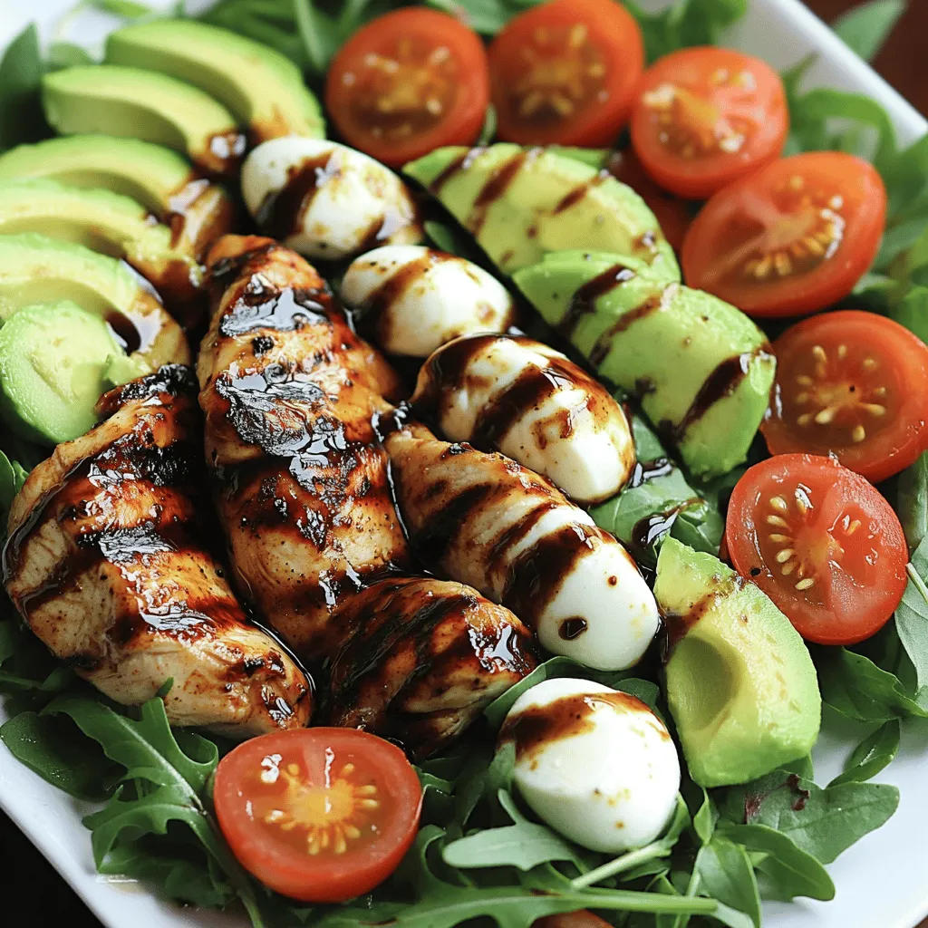 - 2 boneless, skinless chicken breasts - 1 large ripe avocado, sliced - 1 cup cherry tomatoes, halved - 1 cup fresh mozzarella balls (bocconcini) - 2 tablespoons balsamic glaze - 1 teaspoon garlic powder - 1 teaspoon dried basil - Salt and pepper to taste - 2 cups fresh arugula or mixed greens - Fresh basil leaves for garnish - Additional balsamic glaze for drizzling Gather these ingredients for a bright and tasty Balsamic Chicken Avocado Caprese Salad. Each item plays a role in making this dish delightful. The chicken adds protein, while the avocado gives creaminess. Cherry tomatoes bring sweetness, and mozzarella adds a lovely texture. For the marinade, balsamic glaze is key. It packs flavor. Garlic powder and basil enhance the chicken's taste. Salt and pepper round it all out. The salad base of arugula or mixed greens provides a fresh crunch. Garnish with fresh basil leaves for an extra pop of flavor. Drizzle more balsamic glaze for that finishing touch. Check the [Full Recipe] for exact amounts and step-by-step instructions. Enjoy the process! First, create the balsamic marinade. In a small bowl, mix: - 2 tablespoons balsamic glaze - 1 teaspoon garlic powder - 1 teaspoon dried basil - Salt and pepper to taste Make sure to combine everything well. This mix adds flavor to the chicken. Next, coat the chicken breasts thoroughly with the marinade. Ensure they are covered on all sides. Let them sit for about 15 minutes. This helps the flavors soak in. Now, preheat your grill or stovetop grill pan to medium-high heat. This step is key for juicy chicken. Place the marinated chicken on the grill. Grill each side for about 6-7 minutes. The chicken is done when its inside reaches 165°F (75°C). Once cooked, remove it from heat. Let the chicken rest for a few minutes before cutting. While the chicken rests, it's time to prepare the salad. In a large bowl, layer the salad ingredients: - 2 cups fresh arugula or mixed greens - 1 large ripe avocado, sliced - 1 cup cherry tomatoes, halved - 1 cup fresh mozzarella balls (bocconcini) Once the chicken has rested, slice it into strips. Place the chicken on top of the salad. Drizzle with additional balsamic glaze for extra flavor. Garnish with fresh basil leaves. Your salad is now ready to enjoy! For more details, check the Full Recipe. To ensure juicy chicken, start by marinating it well. The balsamic glaze adds flavor and moisture. You can let it sit for 15 minutes or longer for a stronger taste. Grill the chicken on medium-high heat for 6-7 minutes on each side. Use a meat thermometer to check if the internal temperature reaches 165°F (75°C). For the best marinades, try mixing balsamic glaze with garlic powder and dried basil. This combo gives the chicken a rich flavor. You can also add a bit of honey for sweetness. Experiment with your favorite herbs to make it your own. When serving, arrange the salad for visual appeal. Start with a bed of arugula or mixed greens. Next, add the sliced avocado and halved cherry tomatoes. Place the fresh mozzarella balls around the salad. Finally, lay the grilled chicken strips on top. Garnishing ideas include adding fresh basil leaves for a pop of color. A drizzle of balsamic glaze on top enhances the look and flavor. Use a light hand to keep it elegant. You can easily substitute ingredients based on your taste. If you want a vegetarian option, try using grilled tofu or chickpeas instead of chicken. You can also swap the mozzarella for feta or goat cheese for a different flavor. For dietary modifications, consider using gluten-free balsamic glaze. You can add nuts or seeds for extra crunch. Feel free to mix in other fresh veggies like bell peppers or cucumbers. Enjoy exploring these options! For the full recipe, click here. {{image_2}} You can switch the chicken with other proteins. Shrimp works great for a seafood twist. It cooks quickly and adds a nice flavor. Tofu is a perfect choice for a vegetarian option. It soaks up the marinade well, giving a tasty bite. You can bake or sauté these proteins too. Baking keeps them moist and healthy, while sautéing gives a nice sear. Feel free to change the greens in your salad. Spinach or kale can add a new texture. Spinach is soft and mild, while kale is hearty and crunchy. You can also swap out the cheese. Feta gives a salty touch, while goat cheese adds creaminess. Both can enhance the salad's flavor profile. Adding nuts or seeds can give your salad great crunch. Walnuts or pumpkin seeds are good options. They add protein and healthy fats too. You might also think about adding fruit. Strawberries or mangoes can bring a sweet flavor that complements the savory elements. These additions make the salad more vibrant and exciting. For the full recipe, check out the detailed instructions. To keep your Balsamic Chicken Avocado Caprese Salad fresh, store it in the fridge. I recommend using an airtight container. This way, you can enjoy your salad for up to three days. To keep the avocado from browning, store it separately. Slice the avocado just before serving for the best flavor and texture. Freezing this salad is not ideal, but you can freeze some components. For the chicken, let it cool, then slice it. Place the chicken in a freezer-safe bag. Remove as much air as possible. For the salad, do not freeze the greens or avocado. If you need to freeze, consider the chicken only. To thaw, place the chicken in the fridge overnight. Reheat it on the stove or in the microwave until warm. Check your salad for freshness before eating. Signs of spoilage include a sour smell or slimy texture. If the cherry tomatoes look wrinkled or the mozzarella is sticky, it’s time to toss it. Always follow food safety practices. When in doubt, throw it out to avoid any foodborne illness. Yes, you can make this salad ahead of time. To prepare in advance, follow these tips: - Cook the chicken: Grill the chicken and let it cool completely. - Store separately: Keep the chicken, avocados, and salad components in different containers. This helps keep everything fresh and prevents sogginess. - Dress before serving: Wait to add the balsamic glaze until just before serving. This keeps the greens crisp. If you don’t have balsamic glaze, try these alternatives: - Balsamic vinegar: Use it straight, but it’s more acidic. You can add a little honey for sweetness. - Red wine vinegar: This has a tangy flavor. Mix it with olive oil for a dressing. - Honey mustard: This adds a sweet and tangy taste. It pairs well with chicken. Each option changes the flavor a bit, but they all work well. Yes, this recipe is great for meal prep. Here are some suggestions: - Portion control: Divide the salad into meal-sized containers for easy grab-and-go lunches. - Mix and match: Swap out ingredients based on what you love. You can change the protein or greens. - Keep it fresh: Store the dressing separately to avoid soggy salad. You can enjoy this tasty dish all week long! For the full recipe, check out the detailed instructions earlier. This blog post guided you through making a fresh and tasty salad. We covered key ingredients, from juicy chicken to ripe avocados and vibrant greens. You learned how to prepare a simple marinade and grill the chicken perfectly. Tips for presentation and customization allowed you to make the dish your own. Incorporate your own flair by swapping ingredients based on your taste. Remember, this salad is easy to store and perfect for meal prep. Enjoy creating a dish that satisfies both your taste buds and your health goals.