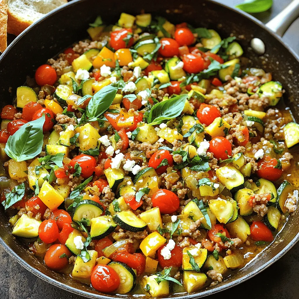 For this Ground Turkey and Zucchini Skillet, you will need the following: - 1 lb ground turkey - 2 medium zucchinis, diced - 1 red bell pepper, diced - 1 onion, chopped - 3 cloves garlic, minced - 1 teaspoon Italian seasoning - 1/2 teaspoon smoked paprika - Salt and pepper to taste - 2 tablespoons olive oil - 1 cup cherry tomatoes, halved - 1/4 cup fresh basil, chopped - 1/4 cup feta cheese (optional) When choosing zucchinis, look for ones that are firm and smooth. They should have a vibrant green color without soft spots. For bell peppers, choose ones that are shiny and heavy for their size. A fresh onion should feel firm and have a dry outer skin. When picking garlic, select bulbs that are plump and free from blemishes. These small details will ensure your dish is fresh and full of flavor. To take your skillet to the next level, consider adding some optional ingredients. A splash of lemon juice brightens the flavors. For heat, red pepper flakes can add a nice kick. If you want more depth, try adding mushrooms or spinach. You can even switch the feta cheese for goat cheese for a creamy twist. Each of these options can enhance the meal and cater to your taste. For the full recipe, check out the Ground Turkey Zucchini Delight. Start by gathering your ingredients. This makes cooking smoother. 1. Heat 2 tablespoons of olive oil in a large skillet over medium heat. 2. Add 1 chopped onion and sauté for about 3-4 minutes until it turns soft. 3. Next, toss in 3 minced garlic cloves and 1 diced red bell pepper. Cook them for an extra 2-3 minutes until the peppers soften. 4. Increase the heat to medium-high and add 1 pound of ground turkey. Break it apart with a spatula. Cook until it turns brown for about 5-7 minutes. 5. Stir in 2 diced zucchinis, 1 cup of halved cherry tomatoes, 1 teaspoon of Italian seasoning, and 1/2 teaspoon of smoked paprika. Season with salt and pepper. Mix everything well. 6. Cover the skillet and lower the heat to medium. Cook for another 5-7 minutes, stirring now and then, until the zucchinis are tender. 7. After cooking, sprinkle 1/4 cup of chopped fresh basil and optional 1/4 cup of feta cheese on top before serving. I recommend watching a cooking video for this recipe. Seeing the steps can help you feel confident. You could find a video online that shows the whole cooking process. This will clarify any tricky parts. 1. Sautéing: This method helps build flavor. Cook onions and garlic until soft. 2. Browning turkey: Cook it well for a rich taste. Break it apart to ensure even cooking. 3. Covering the skillet: This traps steam and cooks the zucchinis faster. It keeps them tender. By following these steps, you will create a delicious Ground Turkey and Zucchini Skillet. For the full recipe, check out the earlier section. Enjoy your cooking! To boost the flavor, use fresh herbs like basil and parsley. These herbs add brightness and aroma. You can also add a splash of lemon juice before serving. This adds a nice zing. Another tip is to use high-quality olive oil. It enhances the taste of your dish. One common mistake is overcooking the turkey. Ground turkey cooks fast. Make sure to watch it closely to avoid dryness. Another mistake is not seasoning enough. Salt and pepper are key to bringing out flavors. Don’t forget to taste as you cook. This helps you adjust the seasoning. Use lean ground turkey to keep the dish light. Adding plenty of veggies like zucchini and bell peppers boosts nutrition. Olive oil is a great choice, but use it in moderation. Lastly, serve your skillet over whole grains like quinoa or brown rice. This adds fiber and keeps you full longer. For more detailed cooking steps, check out the Full Recipe! {{image_2}} You can add many veggies to this dish. Carrots, spinach, or broccoli work well. They bring nice color and taste. You can also include proteins like chicken or beef if you prefer. Tofu is a great option for a plant-based meal. Mix and match to find your favorite combo. Seasoning can change the whole dish. If you want a kick, try chili powder or cumin. For a sweet touch, add a dash of cinnamon. You could use fresh herbs like thyme or oregano instead of Italian seasoning. Each swap gives a unique flavor twist. Serve this meal with various sides for more fun. Try it over brown rice or quinoa for a hearty meal. You can also pair it with a crisp salad for a light touch. Crusty bread is perfect for soaking up the juices. Explore these options to suit your taste. For the full recipe, check out the Ground Turkey Zucchini Delight. After you enjoy your Ground Turkey and Zucchini Skillet, store leftovers in an airtight container. This keeps your meal fresh. Make sure to let it cool down first. You can place it in the fridge for up to three days. If you want to keep it longer, consider freezing it. To reheat your skillet dish, use a skillet or microwave. If you choose a skillet, heat it over medium heat. Add a splash of olive oil to keep it moist. Stir often until it’s hot. If you use a microwave, cover the dish with a lid or microwave-safe wrap. Heat it for one to two minutes, checking every thirty seconds. For long-term storage, freeze your Ground Turkey and Zucchini Skillet. Use a freezer-safe container or heavy-duty freezer bags. Remove as much air as possible to prevent freezer burn. Label your container with the date. It can stay frozen for up to three months. When you're ready to eat it, thaw it overnight in the fridge. Then, reheat as mentioned above for the best flavor. You can use ground chicken or lean beef. Both options give great flavor. If you want a meat-free choice, try crumbled tofu or tempeh. These options keep the dish healthy and tasty. To make this dish vegetarian, swap the ground turkey for lentils or black beans. Both options add protein and texture. You can also add extra veggies like mushrooms or bell peppers for more flavor. Yes, you can use frozen zucchini or ground turkey. Just thaw them before cooking. Frozen veggies may release more water, so cook a little longer to get them tender. This helps keep your meal tasty and fresh. In this post, we explored key ingredients and how to choose fresh produce. We shared step-by-step cooking instructions and important techniques to improve your skills. Tips helped enhance flavor and avoid common mistakes. Variations offered new ideas for veggies, proteins, and sides. Finally, we covered storage and reheating methods. Remember, cooking is fun. Experiment with flavors and make this dish your own. Enjoy the tasty rewards!