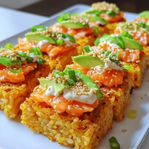 For this dish, you need some basic items. Here’s what to gather: - 2 cups cooked sushi rice - 1 tablespoon rice vinegar - 1 teaspoon sugar - Salt to taste - 1 pound fresh salmon, skinless - 2 tablespoons sriracha - 1 tablespoon mayonnaise (preferably Kewpie) - 1 avocado, thinly sliced - 1/4 cup green onions, finely chopped - 1 teaspoon sesame oil - 1 tablespoon panko breadcrumbs - Seaweed sheets for garnish (optional) These ingredients form the base of our crispy rice and spicy salmon. The sushi rice provides a nice sticky texture. The salmon, mixed with sriracha and mayo, gives a creamy and spicy kick. You can add some seasonings to boost the flavor. Here are a few ideas: - Soy sauce for dipping - Lime juice for freshness - Toasted sesame seeds for crunch - Chili flakes for extra heat These seasonings help enhance the dish’s flavor. Use them as you like, based on your taste. Garnishes make your dish look great. They also add more flavor. Here are some you can use: - Fresh cilantro leaves - Thinly sliced radishes - Microgreens - Extra green onions These garnishes add color and freshness. They can make your presentation pop, making your meal even more special. For the full recipe, check the earlier section. To start, you need cooked sushi rice. Place it in a medium bowl. Add the rice vinegar, sugar, and a pinch of salt. Mix it gently so you do not break the rice. Allow it to cool slightly. Once cool, shape the rice into rectangular patties. Aim for about 1-inch thick. This will help them fry well. Heat a non-stick skillet over medium heat. Drizzle in some sesame oil. When the oil is hot, add your rice patties. Cook each side for about 3-4 minutes. You want them to turn golden brown and crispy. Once done, remove them from the skillet and set aside. Take fresh salmon and chop it into small cubes. In a bowl, mix sriracha and mayonnaise. I like to use Kewpie mayo for extra flavor. Toss the salmon cubes in the spicy mayo. Make sure all pieces are well coated. This mixture is what makes the dish pop with flavor. Now it’s time to put everything together. Place the crispy rice patties on a serving plate. Top each patty with a scoop of the spicy salmon mix. For a fresh touch, add a slice of avocado on each piece. Then, sprinkle with chopped green onions. For extra crunch, add panko breadcrumbs on top. Lastly, if you like, serve with strips of seaweed on the side. This adds a nice touch and flavor. Follow the [Full Recipe] to explore more about these steps! To make the best crispy rice, start with good sushi rice. Use short-grain rice for the best stickiness. After cooking, let it cool slightly before shaping. The rice should be warm but not hot. Form rectangular patties about one inch thick. When pan-frying, use a non-stick skillet and enough sesame oil. Heat the skillet over medium heat. Cook the patties for three to four minutes on each side. They should turn golden brown and crispy. If they stick, add a bit more oil. You want each bite to be crunchy. You can change up the spice level in the salmon mix. If you like it mild, use less sriracha. For a kick, add more sriracha or some chili flakes. You can also mix in lime juice for a zesty touch. Feel free to add chopped herbs, like cilantro or chives, for more flavor. The mayonnaise gives creaminess, but you can swap it for Greek yogurt if you want. Just make sure to mix the salmon well, so every piece gets that tasty sauce. When it comes to serving, lay the crispy rice on a nice plate. Top each patty with the spicy salmon mix. A slice of avocado adds color and creaminess. Use chopped green onions to give it a fresh look. For extra crunch, sprinkle panko breadcrumbs on top. If you want a fun twist, add strips of seaweed on the side. It adds a nice touch and flavor. Color and texture are key to making this dish pop. Try to arrange everything neatly for a great presentation. {{image_2}} If you want to switch things up, try other fish. Tuna is a great choice. It has a meaty texture and pairs well with spicy sauces. You can also use yellowtail or even shrimp. Each fish brings its own flavor. Just make sure it’s fresh. The key is to keep the spicy mayo mix, so you still have that bold taste. For a vegetarian twist, you can use tofu. Firm tofu works best. Just press it to remove extra water, then cube it. Toss it in the spicy mayo just like the salmon. You can also use roasted vegetables. Zucchini or bell peppers add nice flavor and texture. This way, you get a delicious meal without any fish. Want to get creative? Try adding Asian flavors like kimchi. Layer some on top of the spicy salmon. This gives it a tangy kick. Or, go for a Mexican twist with guacamole. This adds creaminess and a different taste. You can even use a Thai chili sauce for a unique spin. The options are endless, and each twist makes the dish fun! To store leftover crispy rice, place it in an airtight container. Let it cool to room temperature first. This helps prevent condensation and keeps the rice fresh. Store it in the fridge for up to three days. If you want to keep it longer, consider freezing. When you reheat crispy rice, use a skillet for the best results. Heat the skillet over medium heat and add a tiny bit of oil. Place the rice patties in the pan and heat each side for about two to three minutes. This keeps them crispy. You can also use an oven. Preheat it to 350°F (175°C) and bake the rice for about 10 minutes. If you freeze your crispy rice, wrap each patty in plastic wrap and place them in a freezer bag. They can last for up to two months. To thaw, move them to the fridge for a few hours or overnight. After thawing, reheat as mentioned above. This way, you maintain that delicious crunch. No, I don’t recommend using instant rice. Sushi rice has the right stickiness. This helps form the crispy patties. Instant rice does not have the same texture. It won’t hold together well when cooked. You can use any hot sauce for a different taste. Try chili garlic sauce or sambal oelek. If you want less heat, use a mild hot sauce. You can also mix ketchup with a bit of hot sauce for a sweet twist. While mayonnaise adds creaminess, you can skip it if you wish. You can use plain yogurt or even avocado instead. This keeps it light and healthy. Just make sure to mix it well with the salmon for flavor. This recipe makes four servings. It’s perfect for a small group or family meal. You can easily double the recipe for more guests. Each person can enjoy their own crispy rice with spicy salmon. Yes, you can prepare some parts ahead of time. Make the rice patties and spicy salmon mix earlier. Store them in the fridge. Just fry the patties and assemble when you are ready to eat. This keeps everything fresh and crispy. For the Full Recipe, check the details above. This blog post covered all you need for crispy rice with spicy salmon. We discussed key ingredients, cooking steps, and great tips. I shared fun variations and how to store leftovers too. You can make this dish your own by trying different fish or sauces. Enjoy experimenting and finding your perfect flavor. Cooking can be fun and tasty with this guide. Start making your own crispy rice today!