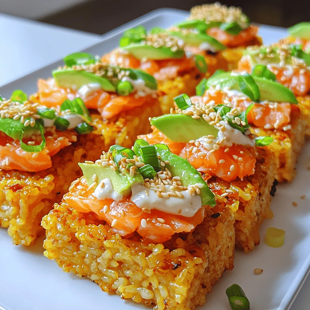 For this dish, you need some basic items. Here’s what to gather: - 2 cups cooked sushi rice - 1 tablespoon rice vinegar - 1 teaspoon sugar - Salt to taste - 1 pound fresh salmon, skinless - 2 tablespoons sriracha - 1 tablespoon mayonnaise (preferably Kewpie) - 1 avocado, thinly sliced - 1/4 cup green onions, finely chopped - 1 teaspoon sesame oil - 1 tablespoon panko breadcrumbs - Seaweed sheets for garnish (optional) These ingredients form the base of our crispy rice and spicy salmon. The sushi rice provides a nice sticky texture. The salmon, mixed with sriracha and mayo, gives a creamy and spicy kick. You can add some seasonings to boost the flavor. Here are a few ideas: - Soy sauce for dipping - Lime juice for freshness - Toasted sesame seeds for crunch - Chili flakes for extra heat These seasonings help enhance the dish’s flavor. Use them as you like, based on your taste. Garnishes make your dish look great. They also add more flavor. Here are some you can use: - Fresh cilantro leaves - Thinly sliced radishes - Microgreens - Extra green onions These garnishes add color and freshness. They can make your presentation pop, making your meal even more special. For the full recipe, check the earlier section. To start, you need cooked sushi rice. Place it in a medium bowl. Add the rice vinegar, sugar, and a pinch of salt. Mix it gently so you do not break the rice. Allow it to cool slightly. Once cool, shape the rice into rectangular patties. Aim for about 1-inch thick. This will help them fry well. Heat a non-stick skillet over medium heat. Drizzle in some sesame oil. When the oil is hot, add your rice patties. Cook each side for about 3-4 minutes. You want them to turn golden brown and crispy. Once done, remove them from the skillet and set aside. Take fresh salmon and chop it into small cubes. In a bowl, mix sriracha and mayonnaise. I like to use Kewpie mayo for extra flavor. Toss the salmon cubes in the spicy mayo. Make sure all pieces are well coated. This mixture is what makes the dish pop with flavor. Now it’s time to put everything together. Place the crispy rice patties on a serving plate. Top each patty with a scoop of the spicy salmon mix. For a fresh touch, add a slice of avocado on each piece. Then, sprinkle with chopped green onions. For extra crunch, add panko breadcrumbs on top. Lastly, if you like, serve with strips of seaweed on the side. This adds a nice touch and flavor. Follow the [Full Recipe] to explore more about these steps! To make the best crispy rice, start with good sushi rice. Use short-grain rice for the best stickiness. After cooking, let it cool slightly before shaping. The rice should be warm but not hot. Form rectangular patties about one inch thick. When pan-frying, use a non-stick skillet and enough sesame oil. Heat the skillet over medium heat. Cook the patties for three to four minutes on each side. They should turn golden brown and crispy. If they stick, add a bit more oil. You want each bite to be crunchy. You can change up the spice level in the salmon mix. If you like it mild, use less sriracha. For a kick, add more sriracha or some chili flakes. You can also mix in lime juice for a zesty touch. Feel free to add chopped herbs, like cilantro or chives, for more flavor. The mayonnaise gives creaminess, but you can swap it for Greek yogurt if you want. Just make sure to mix the salmon well, so every piece gets that tasty sauce. When it comes to serving, lay the crispy rice on a nice plate. Top each patty with the spicy salmon mix. A slice of avocado adds color and creaminess. Use chopped green onions to give it a fresh look. For extra crunch, sprinkle panko breadcrumbs on top. If you want a fun twist, add strips of seaweed on the side. It adds a nice touch and flavor. Color and texture are key to making this dish pop. Try to arrange everything neatly for a great presentation. {{image_2}} If you want to switch things up, try other fish. Tuna is a great choice. It has a meaty texture and pairs well with spicy sauces. You can also use yellowtail or even shrimp. Each fish brings its own flavor. Just make sure it’s fresh. The key is to keep the spicy mayo mix, so you still have that bold taste. For a vegetarian twist, you can use tofu. Firm tofu works best. Just press it to remove extra water, then cube it. Toss it in the spicy mayo just like the salmon. You can also use roasted vegetables. Zucchini or bell peppers add nice flavor and texture. This way, you get a delicious meal without any fish. Want to get creative? Try adding Asian flavors like kimchi. Layer some on top of the spicy salmon. This gives it a tangy kick. Or, go for a Mexican twist with guacamole. This adds creaminess and a different taste. You can even use a Thai chili sauce for a unique spin. The options are endless, and each twist makes the dish fun! To store leftover crispy rice, place it in an airtight container. Let it cool to room temperature first. This helps prevent condensation and keeps the rice fresh. Store it in the fridge for up to three days. If you want to keep it longer, consider freezing. When you reheat crispy rice, use a skillet for the best results. Heat the skillet over medium heat and add a tiny bit of oil. Place the rice patties in the pan and heat each side for about two to three minutes. This keeps them crispy. You can also use an oven. Preheat it to 350°F (175°C) and bake the rice for about 10 minutes. If you freeze your crispy rice, wrap each patty in plastic wrap and place them in a freezer bag. They can last for up to two months. To thaw, move them to the fridge for a few hours or overnight. After thawing, reheat as mentioned above. This way, you maintain that delicious crunch. No, I don’t recommend using instant rice. Sushi rice has the right stickiness. This helps form the crispy patties. Instant rice does not have the same texture. It won’t hold together well when cooked. You can use any hot sauce for a different taste. Try chili garlic sauce or sambal oelek. If you want less heat, use a mild hot sauce. You can also mix ketchup with a bit of hot sauce for a sweet twist. While mayonnaise adds creaminess, you can skip it if you wish. You can use plain yogurt or even avocado instead. This keeps it light and healthy. Just make sure to mix it well with the salmon for flavor. This recipe makes four servings. It’s perfect for a small group or family meal. You can easily double the recipe for more guests. Each person can enjoy their own crispy rice with spicy salmon. Yes, you can prepare some parts ahead of time. Make the rice patties and spicy salmon mix earlier. Store them in the fridge. Just fry the patties and assemble when you are ready to eat. This keeps everything fresh and crispy. For the Full Recipe, check the details above. This blog post covered all you need for crispy rice with spicy salmon. We discussed key ingredients, cooking steps, and great tips. I shared fun variations and how to store leftovers too. You can make this dish your own by trying different fish or sauces. Enjoy experimenting and finding your perfect flavor. Cooking can be fun and tasty with this guide. Start making your own crispy rice today!
