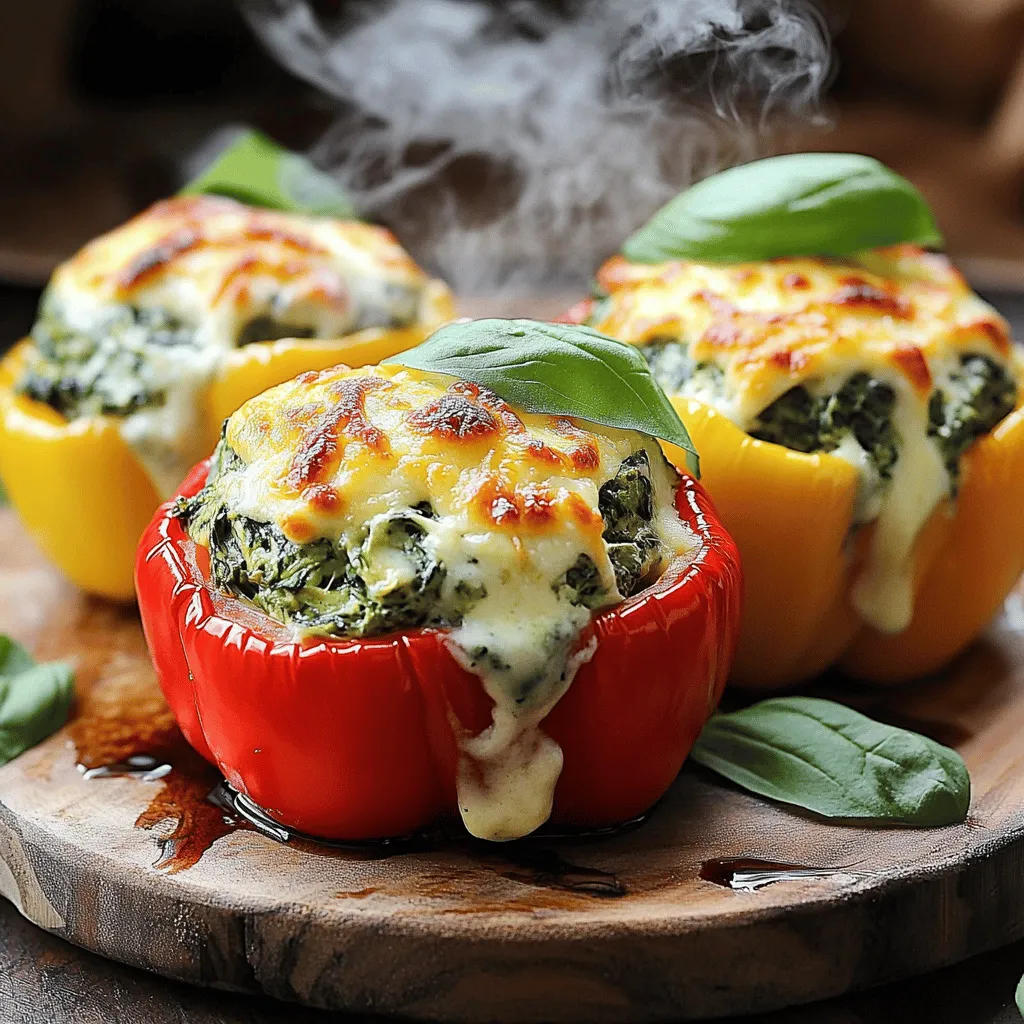 - 4 medium-sized bell peppers (any color) - 1 cup fresh spinach, chopped - 1 cup canned artichoke hearts, drained and chopped - 1 cup cream cheese, softened - ½ cup sour cream - 1 cup shredded mozzarella cheese - ½ cup grated Parmesan cheese - 2 cloves garlic, minced - 1 teaspoon onion powder - 1 teaspoon crushed red pepper flakes (optional) - Salt and pepper to taste - Olive oil for drizzling To make Spinach Artichoke Dip Stuffed Peppers, you will need a few simple ingredients. First, choose 4 colorful bell peppers. They add beauty and taste. Fresh spinach gives a nice pop of green. For that creamy dip flavor, grab canned artichoke hearts and cream cheese. Sour cream adds tanginess. Cheese lovers will enjoy the mozzarella and Parmesan. Garlic gives depth, while onion powder enhances flavor. If you like a little heat, add crushed red pepper flakes. Don't forget salt and pepper to taste. Lastly, olive oil will help the peppers roast nicely. - Baking dish - Mixing bowl - Measuring cups and spoons - Oven You will also need basic kitchen tools. A baking dish holds the stuffed peppers. A mixing bowl helps combine all your ingredients. Measuring cups and spoons ensure you use the right amounts. Finally, your oven will bake these delicious stuffed peppers to perfection. Now you are ready to gather your ingredients and equipment. Let’s get cooking! For the full recipe, check [Full Recipe]. - Preheat oven to 375°F (190°C). - Prepare the bell peppers by cutting tops off and removing seeds. Start by preheating your oven. This ensures your peppers cook evenly. Next, take your bell peppers and cut the tops off. Remove the seeds and membranes carefully. This step is key for a good stuffing. - Combine chopped spinach, artichoke hearts, cream cheese, sour cream, half of the mozzarella, Parmesan, garlic, onion powder, and seasonings. In a medium bowl, mix your chopped spinach and artichoke hearts. Add the cream cheese for a rich base. Then, include sour cream to add creaminess. Next, stir in half of the mozzarella and the Parmesan cheese. Don’t forget the minced garlic and onion powder for flavor. Season with salt and pepper to taste. Mix until combined. The filling should be creamy and smooth. - Stuff each pepper with the filling, sprinkle remaining mozzarella, cover with foil, and bake. - Finish baking uncovered for a golden cheese topping. Now it's time to stuff your peppers! Spoon the filling into each pepper, packing it in gently. Make sure they are filled to the top. Next, sprinkle the remaining mozzarella cheese on top. This will give a nice golden finish. Cover your baking dish with foil. Bake for 25 minutes. After that, remove the foil and let them bake for another 10-15 minutes. This will create a bubbly, golden cheese topping that looks amazing. For more details on this delightful recipe, check out the Full Recipe. To create the best stuffed peppers, start with the flavor. Make sure you spread the seasoning evenly. This step helps achieve a balanced taste in each bite. When you pack the filling, do it lightly. This allows the cheese to melt perfectly, creating that delicious creamy texture. For a lovely finish, garnish your peppers with fresh herbs. Basil or parsley adds a pop of color and freshness. You can also drizzle a balsamic reduction for an elegant touch. Serving these peppers warm ensures you get the best flavor and texture. Get creative with your filling by trying different cheese types. Cheddar or pepper jack can add a fun twist. You can also spice things up with your favorite seasonings. If you want more variety, add extra veggies like diced tomatoes or cooked proteins like chicken. The options are endless! For the complete recipe, check out the [Full Recipe]. {{image_2}} Spinach artichoke dip stuffed peppers offer a great base for creativity. You can easily adapt the recipe to fit your taste or dietary needs. You can make these stuffed peppers vegetarian by swapping out the meat. Try using mushrooms, zucchini, or even quinoa as a filling. These vegetables will still keep the dish tasty and satisfying. You can also add more cheese for a richer flavor. Using a mix of veggies adds color and nutrients to your meal. If you want more protein, add cooked chicken or sausage to the filling. Diced rotisserie chicken works great for a quick option. You can also use ground turkey or Italian sausage for bold flavors. This change makes the dish heartier and perfect for a filling dinner or lunch. For a low-carb version, consider using zucchini boats or cauliflower instead of bell peppers. Cut zucchini in half and scoop out the seeds. This creates a perfect vessel for your filling. Cauliflower can be riced and mixed with the spinach and artichoke for a unique twist. Both options keep the flavors vibrant while reducing carbs. For the full recipe, check out the complete guide on Spinach Artichoke Dip Stuffed Peppers. To keep your stuffed peppers fresh, cover them tightly with plastic wrap or foil. Store them in the fridge. This method will help retain their taste and texture. It’s best to consume them within three days for optimal flavor. When you're ready to enjoy your leftovers, reheating them is simple. For the best texture, reheat in the oven at 350°F (175°C) for about 15 minutes. If you're short on time, use a microwave for quick warm-ups. Just be careful not to overheat them, as they can become soggy. If you want to save some for later, freezing is a great option. Place your stuffed peppers in an airtight container. They can last up to three months in the freezer. When you're ready to eat them, thaw them in the fridge overnight before reheating. This helps maintain their delicious taste and texture. Total cooking time is approximately 50 minutes. This includes prep time and baking time. Yes, prepare and stuff peppers, then refrigerate until ready to bake. This makes it easy for meal prep! Greek yogurt, ricotta, or other cream cheeses can be good alternatives. Each gives a unique taste and texture. Yes, this recipe is naturally gluten-free. You can enjoy these without worry. Absolutely! Adding ingredients like nuts or different vegetables can enhance flavor. It’s fun to get creative with your stuffing! Stuffed peppers are a tasty blend of flavors and textures. You learned how to prepare, stuff, and bake them using simple ingredients. The tips and variations provided offer endless options for your meals. Feel free to get creative with fillings. Whether you go for a vegetarian version or add protein, these peppers are sure to please. Remember, leftovers can be stored and reheated with ease, making them a great choice for meal prep. Enjoy your cooking adventure!
