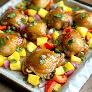 The Hawaiian Chicken Sheet Pan recipe is colorful and full of flavor. Here’s what you need: - 4 boneless, skinless chicken thighs - 1 cup fresh pineapple, diced - 1 red bell pepper, sliced - 1 yellow bell pepper, sliced - 1 red onion, cut into wedges - 3 cloves garlic, minced - 3 tablespoons soy sauce (or tamari for gluten-free) - 2 tablespoons honey - 1 tablespoon fresh ginger, grated - 1 tablespoon sesame oil - Salt and pepper to taste - Fresh cilantro for garnish These ingredients come together to create a dish that feels like a tropical escape. You can find the full recipe linked above. Each item plays a key role in building the flavors. The chicken thighs stay juicy, while the fresh pineapple adds sweetness. The bell peppers and onion bring crunch and color. The garlic, ginger, and soy sauce create a savory marinade that ties it all together. Enjoy making this dish! - Preheat the oven to 400°F (200°C). - Line a large sheet pan with parchment paper. - In a bowl, combine soy sauce, honey, garlic, ginger, sesame oil, salt, and pepper. - Whisk it together until smooth. - Take the chicken thighs and coat them in the marinade. - Let them rest for about 15 minutes. - In another bowl, toss the fresh pineapple, bell peppers, and onion. - Add olive oil, salt, and pepper. Mix well to coat. - Place the marinated chicken on one side of the sheet pan. - Add the vegetable mix to the other side. - Bake for 25-30 minutes. - Check to make sure the chicken is cooked through. Marinating the chicken is key. It helps the flavors soak in. I recommend marinating for at least 15 minutes. This short time makes a big taste difference. You can enhance the marinade by adding fresh herbs like basil or thyme. A splash of lime juice adds a nice zing. For a touch of heat, consider adding a pinch of red pepper flakes. For Hawaiian flavors, use vegetables like bell peppers and onions. Pineapple adds a sweet twist. Cut all veggies into even pieces to ensure they cook evenly. This way, everything roasts perfectly. Toss them in oil and season well. It helps them caramelize and brings out their best flavor. Pair your Hawaiian Chicken Sheet Pan with rice or quinoa. These sides soak up the tasty juices. A light salad with cucumbers and avocado adds a fresh touch. For a fun presentation, serve the dish on a colorful platter. Garnish with fresh cilantro for a pop of green. This makes it look and taste even better. {{image_2}} You can switch the chicken thighs for chicken breasts. Chicken breasts are leaner, so they cook faster. Just keep an eye on them to avoid drying out. Another tasty option is tofu. It soaks up flavors well. Use firm or extra-firm tofu for best results. Just marinate it like the chicken. Add seasonal veggies for extra color and nutrition. Think about zucchini, asparagus, or snap peas. You can also use local Hawaiian ingredients. Try adding taro or sweet potato chunks. These will give your dish a unique twist. Want some heat? Add red pepper flakes for a kick. You can also use sriracha in the marinade. For a sweet and spicy combo, mix honey with chili paste. This variation adds depth to the dish. Adjust to your taste for a fun twist. To keep your Hawaiian Chicken fresh, store leftovers in an airtight container. Let the chicken cool to room temperature first. If you have more than one serving, divide it into smaller portions. This helps with quick meals later. You can refrigerate leftovers for up to four days. For long-term storage, freeze the chicken and veggies in a freezer-safe bag. When ready to eat, reheating is simple. Place the chicken and veggies on a baking sheet. Preheat your oven to 350°F (175°C). Bake for about 15 minutes or until heated through. You can also use a microwave. Just cover the dish to keep moisture in. Heat it in short bursts, checking often, to avoid overcooking. In the fridge, your Hawaiian Chicken lasts about four days. If you freeze it, it can last up to three months. Always label your containers with the date. This helps you keep track of how long it’s been stored. Enjoy your easy dinners without worry! To cook chicken safely, check its internal temperature. The chicken should reach 165°F (75°C). Use a meat thermometer for the best results. Bake the chicken for 25-30 minutes at 400°F (200°C). This time works well for boneless, skinless thighs. If you see juices running clear, that’s a good sign it’s done. Always let the chicken rest before serving. This helps keep it juicy. Yes, you can prep this dish ahead of time. Marinate the chicken the night before. Keep it in the fridge until you’re ready to cook. You can also chop the veggies and store them in an airtight container. This way, you save time on busy days. Just remember to bake everything fresh for the best taste. It stays juicy and flavorful that way. This dish pairs well with many sides. Try serving it with steamed rice or quinoa. Both will soak up the tasty juices. You can also add a fresh salad or coleslaw for crunch. A fruity drink, like a tropical smoothie, matches the Hawaiian theme. Your guests will love the colorful and tasty spread. Yes, you can skip the soy sauce. Use coconut aminos instead for a similar flavor. Another option is to create a mix of vinegar and a bit of honey. This will give a sweet and tangy taste. Just make sure to adjust salt as needed. This way, you keep the dish tasty without soy sauce. To make this recipe gluten-free, use tamari instead of soy sauce. Tamari is a gluten-free soy sauce alternative. Always read labels to ensure all ingredients are safe. For the sesame oil, check that it’s gluten-free too. With these swaps, you can enjoy this Hawaiian chicken without worry. Enjoy the flavors without the gluten! For the full recipe, check the earlier section. This blog post covers a delicious Hawaiian chicken sheet pan recipe. You learned about the key ingredients, how to prep and bake, and tips for the best results. I shared variations to suit your taste and guidance on storage and reheating. Overall, this dish is easy, flavorful, and perfect for weeknight meals. Enjoy experimenting with the ingredients and flavors to make it your own. Happy cooking!