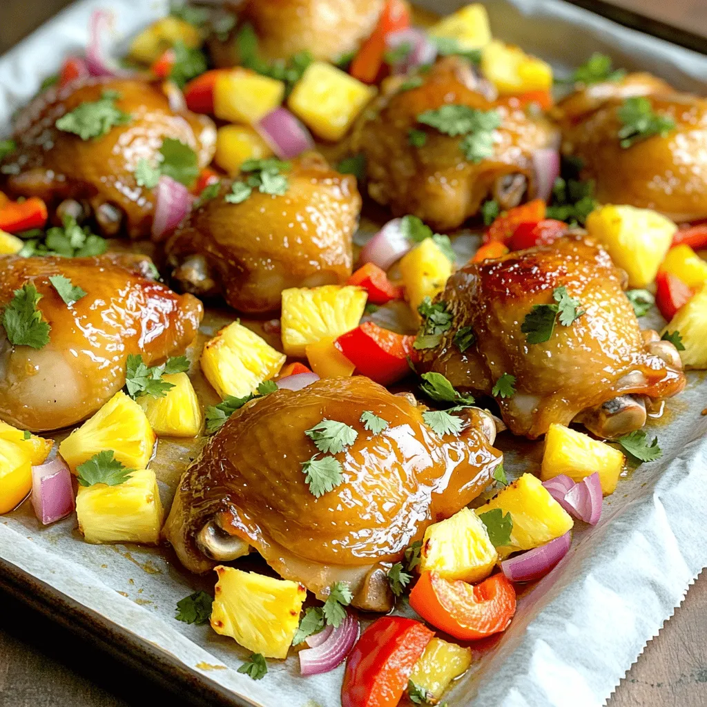 The Hawaiian Chicken Sheet Pan recipe is colorful and full of flavor. Here’s what you need: - 4 boneless, skinless chicken thighs - 1 cup fresh pineapple, diced - 1 red bell pepper, sliced - 1 yellow bell pepper, sliced - 1 red onion, cut into wedges - 3 cloves garlic, minced - 3 tablespoons soy sauce (or tamari for gluten-free) - 2 tablespoons honey - 1 tablespoon fresh ginger, grated - 1 tablespoon sesame oil - Salt and pepper to taste - Fresh cilantro for garnish These ingredients come together to create a dish that feels like a tropical escape. You can find the full recipe linked above. Each item plays a key role in building the flavors. The chicken thighs stay juicy, while the fresh pineapple adds sweetness. The bell peppers and onion bring crunch and color. The garlic, ginger, and soy sauce create a savory marinade that ties it all together. Enjoy making this dish! - Preheat the oven to 400°F (200°C). - Line a large sheet pan with parchment paper. - In a bowl, combine soy sauce, honey, garlic, ginger, sesame oil, salt, and pepper. - Whisk it together until smooth. - Take the chicken thighs and coat them in the marinade. - Let them rest for about 15 minutes. - In another bowl, toss the fresh pineapple, bell peppers, and onion. - Add olive oil, salt, and pepper. Mix well to coat. - Place the marinated chicken on one side of the sheet pan. - Add the vegetable mix to the other side. - Bake for 25-30 minutes. - Check to make sure the chicken is cooked through. Marinating the chicken is key. It helps the flavors soak in. I recommend marinating for at least 15 minutes. This short time makes a big taste difference. You can enhance the marinade by adding fresh herbs like basil or thyme. A splash of lime juice adds a nice zing. For a touch of heat, consider adding a pinch of red pepper flakes. For Hawaiian flavors, use vegetables like bell peppers and onions. Pineapple adds a sweet twist. Cut all veggies into even pieces to ensure they cook evenly. This way, everything roasts perfectly. Toss them in oil and season well. It helps them caramelize and brings out their best flavor. Pair your Hawaiian Chicken Sheet Pan with rice or quinoa. These sides soak up the tasty juices. A light salad with cucumbers and avocado adds a fresh touch. For a fun presentation, serve the dish on a colorful platter. Garnish with fresh cilantro for a pop of green. This makes it look and taste even better. {{image_2}} You can switch the chicken thighs for chicken breasts. Chicken breasts are leaner, so they cook faster. Just keep an eye on them to avoid drying out. Another tasty option is tofu. It soaks up flavors well. Use firm or extra-firm tofu for best results. Just marinate it like the chicken. Add seasonal veggies for extra color and nutrition. Think about zucchini, asparagus, or snap peas. You can also use local Hawaiian ingredients. Try adding taro or sweet potato chunks. These will give your dish a unique twist. Want some heat? Add red pepper flakes for a kick. You can also use sriracha in the marinade. For a sweet and spicy combo, mix honey with chili paste. This variation adds depth to the dish. Adjust to your taste for a fun twist. To keep your Hawaiian Chicken fresh, store leftovers in an airtight container. Let the chicken cool to room temperature first. If you have more than one serving, divide it into smaller portions. This helps with quick meals later. You can refrigerate leftovers for up to four days. For long-term storage, freeze the chicken and veggies in a freezer-safe bag. When ready to eat, reheating is simple. Place the chicken and veggies on a baking sheet. Preheat your oven to 350°F (175°C). Bake for about 15 minutes or until heated through. You can also use a microwave. Just cover the dish to keep moisture in. Heat it in short bursts, checking often, to avoid overcooking. In the fridge, your Hawaiian Chicken lasts about four days. If you freeze it, it can last up to three months. Always label your containers with the date. This helps you keep track of how long it’s been stored. Enjoy your easy dinners without worry! To cook chicken safely, check its internal temperature. The chicken should reach 165°F (75°C). Use a meat thermometer for the best results. Bake the chicken for 25-30 minutes at 400°F (200°C). This time works well for boneless, skinless thighs. If you see juices running clear, that’s a good sign it’s done. Always let the chicken rest before serving. This helps keep it juicy. Yes, you can prep this dish ahead of time. Marinate the chicken the night before. Keep it in the fridge until you’re ready to cook. You can also chop the veggies and store them in an airtight container. This way, you save time on busy days. Just remember to bake everything fresh for the best taste. It stays juicy and flavorful that way. This dish pairs well with many sides. Try serving it with steamed rice or quinoa. Both will soak up the tasty juices. You can also add a fresh salad or coleslaw for crunch. A fruity drink, like a tropical smoothie, matches the Hawaiian theme. Your guests will love the colorful and tasty spread. Yes, you can skip the soy sauce. Use coconut aminos instead for a similar flavor. Another option is to create a mix of vinegar and a bit of honey. This will give a sweet and tangy taste. Just make sure to adjust salt as needed. This way, you keep the dish tasty without soy sauce. To make this recipe gluten-free, use tamari instead of soy sauce. Tamari is a gluten-free soy sauce alternative. Always read labels to ensure all ingredients are safe. For the sesame oil, check that it’s gluten-free too. With these swaps, you can enjoy this Hawaiian chicken without worry. Enjoy the flavors without the gluten! For the full recipe, check the earlier section. This blog post covers a delicious Hawaiian chicken sheet pan recipe. You learned about the key ingredients, how to prep and bake, and tips for the best results. I shared variations to suit your taste and guidance on storage and reheating. Overall, this dish is easy, flavorful, and perfect for weeknight meals. Enjoy experimenting with the ingredients and flavors to make it your own. Happy cooking!