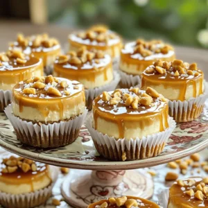 To make these mini cheesecakes, gather these key ingredients: - 1 cup graham cracker crumbs - 1/4 cup unsalted butter, melted - 2 cups cream cheese, softened - 1 cup creamy peanut butter - 3/4 cup granulated sugar - 1 teaspoon vanilla extract - 2 large eggs - 1/2 cup caramel sauce (store-bought or homemade) - 1/4 cup chopped peanuts (for garnish) - Sea salt (for garnish) These ingredients come together to create a rich and creamy dessert. The graham cracker crust adds a sweet crunch, while the peanut butter and cream cheese filling brings a lovely, smooth texture. You can dress up these mini cheesecakes with simple garnishes. Consider these options: - Additional caramel sauce drizzled on top - Extra chopped peanuts for crunch - A sprinkle of sea salt to enhance flavor - Whipped cream for a light touch These garnishes not only make your dessert look beautiful but also add extra layers of flavor. If you have special dietary needs, here are some easy swaps: - Use gluten-free graham crackers for a gluten-free option. - Substitute the cream cheese with a dairy-free cream cheese for a vegan choice. - Swap out granulated sugar for coconut sugar or a sugar substitute for lower sugar options. These substitutions allow everyone to enjoy the deliciousness of these mini cheesecakes, no matter their dietary needs. For the full recipe, check the recipe section above! To start, preheat your oven to 325°F (160°C). Line a muffin tin with mini cupcake liners. In a medium bowl, combine 1 cup of graham cracker crumbs with 1/4 cup of melted unsalted butter. Mix it until it looks like wet sand. Press about 1 tablespoon of this mixture into the bottom of each liner. This forms the crust base. Bake the crusts for 5-7 minutes, then take them out and let them cool. In a large mixing bowl, beat 2 cups of softened cream cheese and 1 cup of creamy peanut butter together until smooth. Slowly add in 3/4 cup of granulated sugar and 1 teaspoon of vanilla extract. Mix until everything is well combined. Then, add 2 large eggs, one at a time. Beat well after each addition. This helps create a creamy and fluffy filling. Now, spoon the cheesecake filling over your cooled crusts. Fill each liner almost to the top. Bake them in the oven for 18-20 minutes. The edges should be set, while the center will be a bit jiggly. After baking, remove them from the oven and let them cool completely at room temperature. Once they cool, chill them in the fridge for at least 2 hours until they firm up. Finally, drizzle 1/2 cup of caramel sauce over each cheesecake. Garnish with chopped peanuts and a sprinkle of sea salt for that perfect finishing touch. For the full recipe, refer back to the ingredients list above. To get that smooth and creamy texture, use room-temperature cream cheese. Softened cream cheese blends better. Always mix it slowly to avoid too much air. Too much air will make the cheesecakes puff up. Also, don’t overmix once you add the eggs. Mix just until combined. This keeps your mini cheesecakes dense and rich. One big mistake is baking at too high a temperature. Stick to 325°F (160°C). This helps the cheesecakes cook evenly. Another mistake is taking them out too early. They should be set around the edges but still jiggly in the center. Lastly, don’t skip the chilling time in the fridge. They need at least two hours to firm up. For a fun presentation, serve on a tiered dessert stand. Drizzle extra caramel sauce around the base for flair. Top each cheesecake with chopped peanuts for crunch. A sprinkle of sea salt adds a nice contrast to the sweetness. You could also pair these with fresh fruit like berries. They add a bright touch to each bite. For the full recipe, be sure to check out the full recipe section. {{image_2}} You can try different flavors for a fun twist. Replace peanut butter with almond butter. You can also use Nutella for a chocolatey touch. Add a splash of coffee for a mocha flavor. For a fruity option, blend in some raspberry or strawberry puree. These tweaks create a new taste without losing the cheesecake base. Making these mini cheesecakes gluten-free is simple. Use gluten-free graham crackers or crushed nuts for the crust. For a vegan version, swap cream cheese with a blend of silken tofu and coconut cream. Replace eggs with flax seeds mixed in water. This keeps the texture creamy while catering to dietary needs. Seasonal flavors can make these treats even more special. For fall, add pumpkin puree and spices like cinnamon and nutmeg. In winter, consider peppermint extract and crushed candy canes. Spring is perfect for lemon zest and fresh berries. These ideas help you celebrate each season with a new cheesecake experience. After making your mini cheesecakes, let them cool completely. Once cooled, place them in an airtight container. This keeps them fresh and prevents odors from mixing. I recommend using a container that fits them snugly. If you stack them, separate layers with parchment paper. This method helps keep their shape intact. You can freeze these mini cheesecakes for up to three months. First, let them cool and chill in the fridge. Then, wrap each cheesecake in plastic wrap tightly. For extra protection, place them in a freezer bag or container. When you're ready to enjoy, thaw them in the fridge overnight. This keeps the texture creamy and delicious. In the fridge, these mini cheesecakes last about five days. If you freeze them, they can stay fresh for three months. Always check for any signs of spoilage before eating. Trust me; you want to savor every bite of these treats! For the full recipe, check out the link to make your own. Yes, you can make these mini cheesecakes in advance. They store well in the fridge. I recommend chilling them for at least two hours before serving. You can prepare them a day ahead of time, which makes hosting easier. Just cover them tightly and keep them cool. This way, the flavors will meld nicely, and you can enjoy the treat stress-free! If you want to swap cream cheese, use Greek yogurt or silken tofu. Both options provide a similar creamy texture. Greek yogurt adds a nice tang, while silken tofu keeps it dairy-free. Blend either option until smooth for the best results. This way, you can cater to different dietary needs while still enjoying that rich cheesecake flavor. To prevent cracks, avoid overmixing the batter. Mix just until smooth. Also, bake at a low temperature, around 325°F (160°C). This helps the cheesecakes cook evenly. After baking, let them cool slowly in the oven with the door slightly ajar. It helps them set without sudden temperature changes. Finally, chill them in the fridge to firm up before serving. Following these steps will give you perfectly smooth and beautiful mini cheesecakes! You learned about making tasty Peanut Butter Caramel Mini Cheesecakes. We covered the main ingredients, step-by-step instructions, and helpful tips. You also explored variations and storage methods to keep them fresh. With these insights, you can create delicious treats for any occasion. Enjoy the process of making them and share with friends and family. Happy baking!