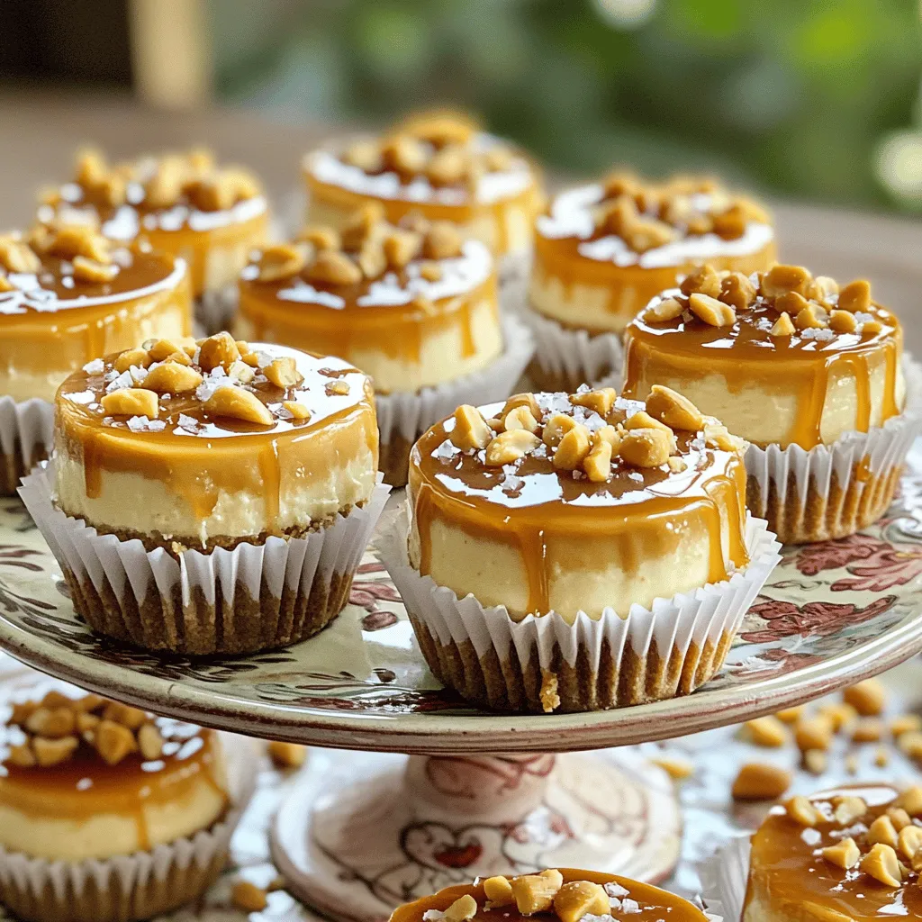To make these mini cheesecakes, gather these key ingredients: - 1 cup graham cracker crumbs - 1/4 cup unsalted butter, melted - 2 cups cream cheese, softened - 1 cup creamy peanut butter - 3/4 cup granulated sugar - 1 teaspoon vanilla extract - 2 large eggs - 1/2 cup caramel sauce (store-bought or homemade) - 1/4 cup chopped peanuts (for garnish) - Sea salt (for garnish) These ingredients come together to create a rich and creamy dessert. The graham cracker crust adds a sweet crunch, while the peanut butter and cream cheese filling brings a lovely, smooth texture. You can dress up these mini cheesecakes with simple garnishes. Consider these options: - Additional caramel sauce drizzled on top - Extra chopped peanuts for crunch - A sprinkle of sea salt to enhance flavor - Whipped cream for a light touch These garnishes not only make your dessert look beautiful but also add extra layers of flavor. If you have special dietary needs, here are some easy swaps: - Use gluten-free graham crackers for a gluten-free option. - Substitute the cream cheese with a dairy-free cream cheese for a vegan choice. - Swap out granulated sugar for coconut sugar or a sugar substitute for lower sugar options. These substitutions allow everyone to enjoy the deliciousness of these mini cheesecakes, no matter their dietary needs. For the full recipe, check the recipe section above! To start, preheat your oven to 325°F (160°C). Line a muffin tin with mini cupcake liners. In a medium bowl, combine 1 cup of graham cracker crumbs with 1/4 cup of melted unsalted butter. Mix it until it looks like wet sand. Press about 1 tablespoon of this mixture into the bottom of each liner. This forms the crust base. Bake the crusts for 5-7 minutes, then take them out and let them cool. In a large mixing bowl, beat 2 cups of softened cream cheese and 1 cup of creamy peanut butter together until smooth. Slowly add in 3/4 cup of granulated sugar and 1 teaspoon of vanilla extract. Mix until everything is well combined. Then, add 2 large eggs, one at a time. Beat well after each addition. This helps create a creamy and fluffy filling. Now, spoon the cheesecake filling over your cooled crusts. Fill each liner almost to the top. Bake them in the oven for 18-20 minutes. The edges should be set, while the center will be a bit jiggly. After baking, remove them from the oven and let them cool completely at room temperature. Once they cool, chill them in the fridge for at least 2 hours until they firm up. Finally, drizzle 1/2 cup of caramel sauce over each cheesecake. Garnish with chopped peanuts and a sprinkle of sea salt for that perfect finishing touch. For the full recipe, refer back to the ingredients list above. To get that smooth and creamy texture, use room-temperature cream cheese. Softened cream cheese blends better. Always mix it slowly to avoid too much air. Too much air will make the cheesecakes puff up. Also, don’t overmix once you add the eggs. Mix just until combined. This keeps your mini cheesecakes dense and rich. One big mistake is baking at too high a temperature. Stick to 325°F (160°C). This helps the cheesecakes cook evenly. Another mistake is taking them out too early. They should be set around the edges but still jiggly in the center. Lastly, don’t skip the chilling time in the fridge. They need at least two hours to firm up. For a fun presentation, serve on a tiered dessert stand. Drizzle extra caramel sauce around the base for flair. Top each cheesecake with chopped peanuts for crunch. A sprinkle of sea salt adds a nice contrast to the sweetness. You could also pair these with fresh fruit like berries. They add a bright touch to each bite. For the full recipe, be sure to check out the full recipe section. {{image_2}} You can try different flavors for a fun twist. Replace peanut butter with almond butter. You can also use Nutella for a chocolatey touch. Add a splash of coffee for a mocha flavor. For a fruity option, blend in some raspberry or strawberry puree. These tweaks create a new taste without losing the cheesecake base. Making these mini cheesecakes gluten-free is simple. Use gluten-free graham crackers or crushed nuts for the crust. For a vegan version, swap cream cheese with a blend of silken tofu and coconut cream. Replace eggs with flax seeds mixed in water. This keeps the texture creamy while catering to dietary needs. Seasonal flavors can make these treats even more special. For fall, add pumpkin puree and spices like cinnamon and nutmeg. In winter, consider peppermint extract and crushed candy canes. Spring is perfect for lemon zest and fresh berries. These ideas help you celebrate each season with a new cheesecake experience. After making your mini cheesecakes, let them cool completely. Once cooled, place them in an airtight container. This keeps them fresh and prevents odors from mixing. I recommend using a container that fits them snugly. If you stack them, separate layers with parchment paper. This method helps keep their shape intact. You can freeze these mini cheesecakes for up to three months. First, let them cool and chill in the fridge. Then, wrap each cheesecake in plastic wrap tightly. For extra protection, place them in a freezer bag or container. When you're ready to enjoy, thaw them in the fridge overnight. This keeps the texture creamy and delicious. In the fridge, these mini cheesecakes last about five days. If you freeze them, they can stay fresh for three months. Always check for any signs of spoilage before eating. Trust me; you want to savor every bite of these treats! For the full recipe, check out the link to make your own. Yes, you can make these mini cheesecakes in advance. They store well in the fridge. I recommend chilling them for at least two hours before serving. You can prepare them a day ahead of time, which makes hosting easier. Just cover them tightly and keep them cool. This way, the flavors will meld nicely, and you can enjoy the treat stress-free! If you want to swap cream cheese, use Greek yogurt or silken tofu. Both options provide a similar creamy texture. Greek yogurt adds a nice tang, while silken tofu keeps it dairy-free. Blend either option until smooth for the best results. This way, you can cater to different dietary needs while still enjoying that rich cheesecake flavor. To prevent cracks, avoid overmixing the batter. Mix just until smooth. Also, bake at a low temperature, around 325°F (160°C). This helps the cheesecakes cook evenly. After baking, let them cool slowly in the oven with the door slightly ajar. It helps them set without sudden temperature changes. Finally, chill them in the fridge to firm up before serving. Following these steps will give you perfectly smooth and beautiful mini cheesecakes! You learned about making tasty Peanut Butter Caramel Mini Cheesecakes. We covered the main ingredients, step-by-step instructions, and helpful tips. You also explored variations and storage methods to keep them fresh. With these insights, you can create delicious treats for any occasion. Enjoy the process of making them and share with friends and family. Happy baking!