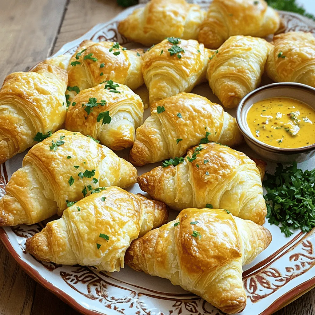 To create these delightful crab and cheese stuffed puffs, gather the following ingredients: - 1 can (8 oz) refrigerated crescent roll dough - 1 cup lump crab meat, drained - 1 cup cream cheese, softened - 1/2 cup shredded cheddar cheese - 1/4 cup green onions, chopped - 1 tablespoon lemon juice - 1 teaspoon garlic powder - 1/2 teaspoon Old Bay seasoning (optional, for extra flavor) - Salt and pepper, to taste - 1 egg, beaten (for egg wash) Each ingredient plays a key role in making these puffs as tasty as possible. The crab meat brings a sweet ocean flavor, while the cream cheese adds creaminess. The cheddar gives a nice bite, and the green onions add freshness. Don't forget the lemon juice and garlic powder; they brighten the flavors. If you want a little kick, add Old Bay seasoning for that classic seafood taste. Having everything ready makes the cooking process smoother. I suggest measuring and prepping your ingredients before you start. This way, you can focus on creating these delicious treats without any interruptions. Now, let’s get cooking with the full recipe! 1. Preheat the oven and prepare baking sheet Start by setting your oven to 375°F (190°C). Line a baking sheet with parchment paper. This helps keep the puffs from sticking. 2. Mix the filling ingredients In a mixing bowl, combine the lump crab meat, softened cream cheese, shredded cheddar, chopped green onions, lemon juice, garlic powder, and Old Bay seasoning. Add salt and pepper to taste. Mix well until everything is blended. 3. Prepare and roll the crescent dough Open the can of crescent roll dough. Unroll it on a clean surface. You will see pre-scored lines. Separate the dough into triangles. 4. Arrange and brush with egg wash Take about 1-2 tablespoons of the crab filling. Place it at the wide end of each triangle. Roll the dough from the wide end toward the tip, sealing the filling inside. Pinch the edges to keep it closed. Place the stuffed puffs on the prepared baking sheet, leaving space between them. Brush the tops with the beaten egg for a nice golden finish. 5. Bake and cool before serving Bake the puffs in the preheated oven for 12-15 minutes. They should turn golden brown. Once baked, take them out and let them cool slightly before serving. These steps will guide you to make delicious Crab & Cheese Stuffed Crescent Puffs. For the full recipe, check the section above. Enjoy! To get the best texture, mix your filling gently. Overmixing can make it tough. Combine the lump crab meat, cream cheese, and cheddar well. Use a spatula to fold in the green onions. This keeps the lumps of crab intact, adding nice bites. For baking, preheat your oven to 375°F (190°C). This is the ideal temperature for crispy puffs. Bake them for 12-15 minutes. Keep an eye on them. You want a nice golden brown color. To achieve that golden finish, brush the tops with a beaten egg. This adds shine and a lovely color. A little goes a long way, so don’t drown them. Serving is just as important as cooking. Warm the puffs on a nice platter. A sprinkle of fresh parsley adds a pop of color. It also gives a fresh flavor. Pair your stuffed puffs with dipping sauces. A zesty cocktail sauce or lemon aioli works great. The tang balances the rich filling. It’s a simple touch that impresses guests. For the full recipe, check the section above. Enjoy making these tasty bites! {{image_2}} You can switch up the cheese in your puffs. Try mozzarella for a milder taste. For a stronger flavor, use feta or pepper jack. The options are endless. If you want to change the protein, shrimp works great. Cooked chicken is another tasty choice. Just make sure to chop the proteins small. This way, they mix well with the cheese. Adding spices and herbs can take your dish to the next level. A pinch of cayenne pepper can give it some heat. Fresh dill or parsley brings a fresh taste. You can also add veggies to the filling. Chopped spinach, bell peppers, or mushrooms add color and nutrients. Just make sure to cook the veggies first. This keeps the filling from being too wet. Try these swaps and enhancements to make your Crab & Cheese Stuffed Crescent Puffs even more delicious! For a complete guide, check the Full Recipe. To keep your Crab & Cheese Stuffed Crescent Puffs fresh, store them properly. First, let the puffs cool completely. This step prevents moisture buildup. Then, place them in an airtight container. Store them in the fridge for up to three days. For longer storage, freezing is your best bet. Wrap each puff in plastic wrap. Then, place them in a freezer bag. Remove as much air as possible. They can last up to three months in the freezer. When you're ready to enjoy them, just thaw in the fridge overnight. To reheat your stuffed puffs, use the oven for the best results. Preheat the oven to 350°F (175°C). Place the puffs on a baking sheet. Heat them for about 10-15 minutes. This method keeps the puffs crispy. If you’re in a hurry, use a microwave. However, this method may make them soft. Heat them for about 30 seconds. Check if they are warm enough. You can always add more time if needed. Enjoy your tasty bites just like fresh! Yes, you can prepare the filling a day before. Store it in the fridge. When you are ready, just roll the crescent dough and fill it. This saves time on busy days. You can also assemble the puffs and refrigerate them. Bake them when needed. These puffs pair well with many sides. You can serve them with a fresh salad. A simple green salad with lemon vinaigrette works great. You can also add dipping sauces like cocktail sauce or lemon aioli. These options enhance the flavors of the puffs. Keep an eye on the color. Your puffs should be golden brown. Check them after 12 minutes. If they look golden, take them out. You can also tap the bottom lightly. A hollow sound means they are done. Enjoy them warm for the best taste. For more detailed cooking instructions, refer to the Full Recipe. In this blog post, we explored how to make delicious Crab & Cheese Stuffed Crescent Puffs. We covered key ingredients, step-by-step instructions, and helpful tips to perfect your dish. I shared variations to spark your creativity and detailed storage info for leftovers. Remember, these tasty bites are easy to personalize. You can swap ingredients or add spices to match your taste. With the right techniques, you'll impress friends and family with your cooking skills. Enjoy your culinary journey and delight in your homemade treats!