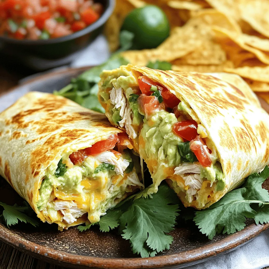 - 2 cups cooked chicken breast, shredded - 1 ripe avocado, mashed - 1 cup shredded lettuce - 1 cup diced tomatoes - ½ cup shredded cheese (cheddar or Mexican blend) - 4 large flour tortillas The chicken is the star of this dish. You can use any leftover chicken or cook fresh chicken breasts. Shred it finely for the best texture. A ripe avocado adds creaminess and healthy fats. Fresh produce like lettuce and tomatoes adds crunch and freshness. The cheese brings a rich flavor that blends well with the ranch dressing. - ½ cup ranch dressing - 1 tablespoon lime juice - Salt and pepper to taste Ranch dressing gives the burritos a tasty kick. The lime juice brightens the flavors and balances the richness of the avocado. Salt and pepper are key to enhancing the taste. Mix these ingredients well into the chicken and avocado for a great flavor base. - Fresh cilantro - Additional toppings like salsa or chips Fresh cilantro adds a burst of flavor and color. You can also serve your burritos with salsa or tortilla chips for added crunch. These garnishes aren't just pretty; they also boost the taste and make your meal more fun. For the full recipe, check out Chicken Avocado Ranch Burritos. Start by mixing the ingredients in a large bowl. Combine 2 cups of shredded chicken, 1 ripe avocado, and ½ cup of ranch dressing. Add 1 tablespoon of lime juice for zest. Stir until the mixture is smooth and creamy. Now, season with salt and pepper to taste. This step is key for a balanced flavor. Lay one large flour tortilla flat on your clean surface. Spoon about ½ cup of the chicken mixture right in the center. Next, add a handful of shredded lettuce, some diced tomatoes, and a sprinkle of cheese. Fold the sides of the tortilla over the filling. Then, roll it from the bottom up, tucking in the filling as you go. Repeat this for the remaining tortillas. For a crispy finish, use a skillet. Heat it over medium heat. Place the burritos seam-side down in the skillet. Cook for about 2-3 minutes on each side. Look for a golden-brown color. This method ensures even cooking, making your burritos delicious and crunchy. Enjoy your Chicken Avocado Ranch Burritos with extra ranch dressing drizzled on top. Check the Full Recipe for more details. To boost the taste of your Chicken Avocado Ranch Burritos, you can add spices or herbs. Try cumin or smoked paprika for warmth. Fresh herbs like cilantro or parsley also add brightness. Using different types of cheese can change the flavor and texture. Cheddar gives a sharp taste, while pepper jack adds a kick. Mixing cheeses can create a fun twist! Rolling burritos can be tricky. A common mistake is overfilling them. Keep the filling to about half a cup to make rolling easy. Make sure to fold the sides in before rolling from the bottom up. This keeps the filling inside. You also want to ensure a good balance of filling. Too much meat or too much lettuce can make it hard to eat. Aim for even layers for the best bite. For a fun meal, serve your burritos with sides like chips or salsa. Crispy tortilla chips pair well with the creamy ranch. You can also add a fresh salsa for extra flavor. A side salad can lighten up the meal too. {{image_2}} You can make simple swaps for a healthier burrito. Instead of ranch dressing, try Greek yogurt. It adds creaminess and protein. You can also use homemade ranch with herbs and yogurt. For a plant-based option, swap out the chicken for tofu or beans. Both options provide great texture and flavor. Want to spice things up? Add jalapeños to your filling for a kick. You can also mix in spices like cumin or smoked paprika. For cheese, try different blends. Pepper jack adds heat, while mozzarella gives a milder taste. Experimenting with cheese can change the whole flavor. Need gluten-free options? Use corn tortillas instead of flour. They work well and hold the filling nicely. If you're vegan, skip the chicken and cheese. Use black beans or lentils for protein. You can also use avocado and veggies to keep it tasty and filling. To keep your leftover burritos tasty, wrap each one in foil or plastic wrap. Place them in an airtight container. This helps keep them fresh in the fridge. You can store them this way for up to three days. After that, the flavors may fade. If you want to save burritos for a longer time, freezing is a great option. Start by letting them cool completely. Wrap each burrito tightly in foil or plastic wrap, then place them in a freezer-safe bag. This method helps prevent freezer burn. You can freeze them for up to three months. When you’re ready to eat, take a burrito out and thaw it in the fridge overnight. To reheat, you can use the microwave or a skillet. Heat until warm all the way through. The key ingredients in your Chicken Avocado Ranch Burritos have different shelf lives. Cooked chicken breast lasts about three to four days in the fridge. Avocados can be tricky; they stay fresh for one to two days once cut. Shredded lettuce and diced tomatoes are best used within two to three days. Tortillas can last for weeks if kept sealed and dry. Using fresh ingredients helps keep your burritos flavorful and safe to eat. To make Chicken Avocado Ranch Burritos, follow these steps: 1. Mix the Filling: In a bowl, combine 2 cups of shredded chicken, 1 mashed avocado, 1 tablespoon of lime juice, and ½ cup of ranch dressing. Stir it well and add salt and pepper to taste. 2. Prepare the Tortillas: Lay out a flour tortilla on a clean surface. Spoon about ½ cup of the chicken mixture in the center. 3. Add Toppings: Top the mixture with 1 cup of shredded lettuce, 1 cup of diced tomatoes, and ½ cup of shredded cheese. 4. Roll the Burrito: Fold the sides of the tortilla inward, then roll it from the bottom up to seal the filling. 5. Cook for Crispiness: Heat a skillet over medium heat. Place the burritos seam-side down and cook for 2-3 minutes on each side until golden brown. 6. Serve: Let them rest for a minute, slice in half, and enjoy! Yes, you can prepare these burritos ahead of time. Here are some tips: - Assemble and Wrap: Prepare the burritos as directed but do not cook them. Wrap them tightly in foil or plastic wrap. - Refrigerate: Store them in the fridge for up to 24 hours. - Freezing: For longer storage, freeze wrapped burritos. They can last up to 3 months in the freezer. - Reheat: When ready to eat, thaw in the fridge overnight. Heat in a skillet or microwave until warmed through. You can enhance your burritos with various ingredients. Consider these options: - Spicy Elements: Add sliced jalapeños for heat. - Beans: Black beans or pinto beans boost protein and fiber. - Cheese Varieties: Experiment with different cheese, like pepper jack or feta. - Fresh Herbs: Include chopped cilantro or green onions for brightness. Yes, Chicken Avocado Ranch Burritos can be healthy, but consider these factors: - Nutritional Balance: They provide protein from chicken, healthy fats from avocado, and fiber from veggies. - Dressing Choices: Use a lighter ranch dressing or Greek yogurt for fewer calories. - Portion Control: Keep burrito sizes reasonable to manage calorie intake. - Swaps: Use whole wheat tortillas or add more veggies for added nutrition. For the complete recipe, check out the [Full Recipe]. In this post, we covered how to make Chicken Avocado Ranch Burritos. We discussed key ingredients like chicken, avocado, and tortillas. You learned seasoning tips and steps to prepare, assemble, and cook the burritos. I shared ways to enhance flavor and texture, plus possible ingredient swaps for health. These burritos are not just tasty; they are easy to customize. Try different variations, store leftovers properly, and enjoy your creations!