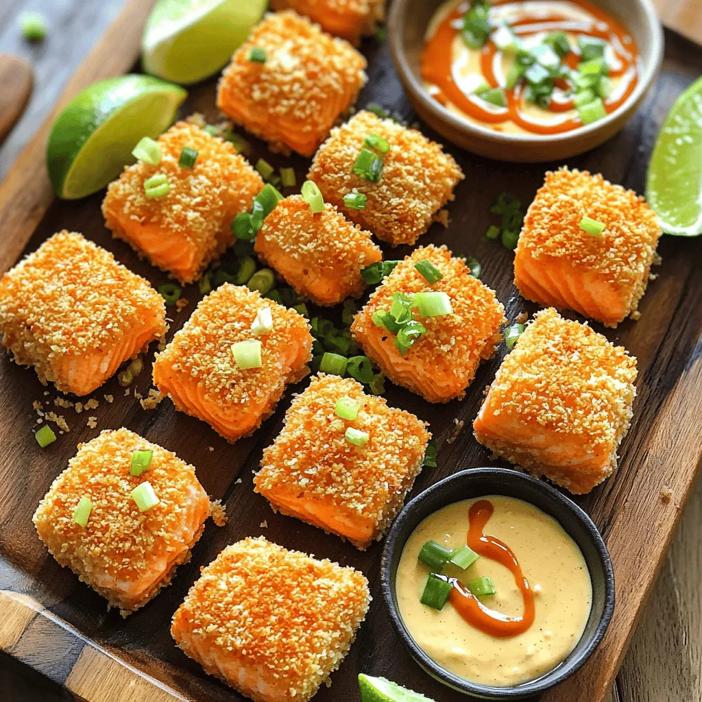 - 1 lb fresh salmon fillet, skin removed and cut into bite-sized cubes - 1 cup panko breadcrumbs - 1/2 cup all-purpose flour - 2 large eggs, beaten - 1 teaspoon garlic powder - 1 teaspoon smoked paprika - 1/2 teaspoon salt - 1/4 teaspoon black pepper - Oil for frying (vegetable or canola oil) - 1/2 cup mayonnaise - 2 tablespoons sweet chili sauce - 1 tablespoon Sriracha (adjust to taste) - 1 tablespoon lime juice - 1 teaspoon honey - Salt to taste The ingredients for Crispy Bang Bang Salmon Bites are fresh and simple. Using quality salmon matters a lot. Fresh salmon fillets bring a nice flavor to the dish. I always prefer panko breadcrumbs for that extra crunch. They make the bites crispy and light. When you mix all-purpose flour with seasonings, you create a tasty coating for the salmon. Garlic powder and smoked paprika add depth. Salt and pepper help bring out the flavor. For the Bang Bang sauce, mayonnaise gives it creaminess. The sweet chili sauce adds a touch of sweetness. I like to add Sriracha for heat, but you can adjust it to your taste. Lime juice brightens the flavors, and honey adds a hint of sweetness. With these ingredients, you will create a dish that is both tasty and fun to eat. Check out the Full Recipe for all the steps to make these crispy bites! First, you need to prepare the salmon. Take your salmon fillet and cut it into bite-sized cubes. Then, pat the cubes dry with paper towels. This step is key. Removing moisture helps the salmon get crispy when cooked. After drying, season the bites with salt and pepper. This simple seasoning adds flavor to the fish. Next, set up your breading station. You will need three bowls. In the first bowl, mix the all-purpose flour, garlic powder, smoked paprika, salt, and black pepper. In the second bowl, beat the eggs. In the third bowl, place the panko breadcrumbs. Now, it’s time to coat the salmon. First, dip each salmon cube in the flour mixture. Make sure it’s fully coated, then shake off any extra flour. Next, dip it in the beaten eggs. Finally, coat it in the panko breadcrumbs, pressing gently so they stick well. This process is what gives your salmon bites that crispy texture. Now, let’s cook those salmon bites. In a large pan or deep fryer, heat about half an inch of oil over medium-high heat. To check if the oil is ready, drop in a small piece of bread. If it sizzles right away, the oil is hot enough. Carefully add the breaded salmon bites to the oil in batches. Do not overcrowd the pan. Fry them for about three to four minutes on each side. You want them to turn golden brown and crispy. Once cooked, use a slotted spoon to remove the bites. Place them on a plate lined with paper towels to drain any extra oil. For the full recipe, follow the detailed steps above. These methods will help you create a delicious treat! To make your Crispy Bang Bang Salmon Bites shine, remove excess moisture before frying. This helps them get that wonderful crunch. I always pat the salmon pieces dry with paper towels. This small step makes a big difference. Next, pay attention to the frying temperature. Heat the oil to medium-high. Drop in a small piece of bread. If it sizzles right away, your oil is ready. Too low of a temperature can make the bites greasy instead of crispy. For a beautiful presentation, garnish your salmon bites with fresh lime wedges. A sprinkle of chopped green onions also adds color and flavor. Place the bites on a nice platter to impress your guests. When it comes to sides, consider serving them with a crunchy slaw. A simple salad with cucumbers and radishes works well too. You can also serve these bites with rice or a light dip. The Bang Bang sauce pairs perfectly, giving each bite a tasty kick. For the complete recipe, check out the Full Recipe. {{image_2}} You can easily swap some ingredients in this recipe. If you want a different sauce, use Greek yogurt instead of mayonnaise. It adds creaminess with less fat. For a spicier kick, add more Sriracha or some red pepper flakes. You can also switch the sweet chili sauce with honey mustard. This gives a sweet and tangy flavor that pairs well. If salmon isn’t available, try using other fish like cod or tilapia. Both cook well and taste great when fried. Just ensure the fish is fresh for the best results. You can prepare these salmon bites in different ways. Frying is the classic method, giving you that golden, crispy texture. If you prefer a healthier option, oven-baking is great. Preheat your oven to 400°F (200°C). Place the breaded salmon bites on a baking sheet lined with parchment paper. Lightly spray them with cooking oil. Bake for about 12-15 minutes until they are crispy and cooked through. Another healthy choice is using an air fryer. Set it to 375°F (190°C). Arrange the salmon bites in a single layer. Cook for about 8-10 minutes, flipping halfway. This method yields a similar crunch without much oil. For full details on how to make the crispy bang bang salmon bites, check out the Full Recipe. To keep your Crispy Bang Bang Salmon Bites fresh, store them in an airtight container. Place a paper towel in the container to absorb moisture. This helps maintain crispiness. Refrigerate them within two hours of cooking. They should stay good for about three days. When you want to reheat them, use the oven. Preheat the oven to 375°F (190°C). Place the salmon bites on a baking sheet. Heat them for about 10 to 15 minutes. This method helps keep them crispy. Avoid using the microwave, as it can make them soggy. If you want to freeze your salmon bites, do so before frying. Wrap each piece in plastic wrap or aluminum foil. Place them in a freezer bag and remove as much air as possible. You can freeze them for up to three months for the best quality. To thaw, move the frozen salmon bites to the fridge overnight. This keeps them safe and flavorful. After thawing, you can fry them as per the full recipe. Enjoy the same crispy texture and taste! Crispy Bang Bang Salmon Bites stay fresh in the fridge for about three days. Make sure to store them in an airtight container. This keeps them from drying out. The flavor stays nice if you eat them within this time. Yes, you can use frozen salmon. Just make sure to thaw it first. To thaw, place it in the fridge overnight or use the microwave. After thawing, pat the salmon dry with paper towels. This helps keep the bites crispy when you fry them. These salmon bites pair well with many sides. You can serve them with: - Steamed rice - A fresh salad - Roasted veggies - Sweet potato fries - Coleslaw These options add color and flavor to your meal. To make these bites gluten-free, swap the all-purpose flour and panko breadcrumbs. Use gluten-free flour and gluten-free breadcrumbs instead. They work well and still give you that nice crunch. Always check labels to ensure ingredients are gluten-free. You’ve learned how to make Crispy Bang Bang Salmon Bites from scratch. We discussed the key ingredients like fresh salmon and the zesty bang bang sauce. I shared detailed steps to prepare, bread, and cook these bites, ensuring they turn out perfectly crispy. You also got tips for serving and storage. Remember, even small changes can enhance your dish. Enjoy experimenting with flavors and methods for your best version. Happy cooking!