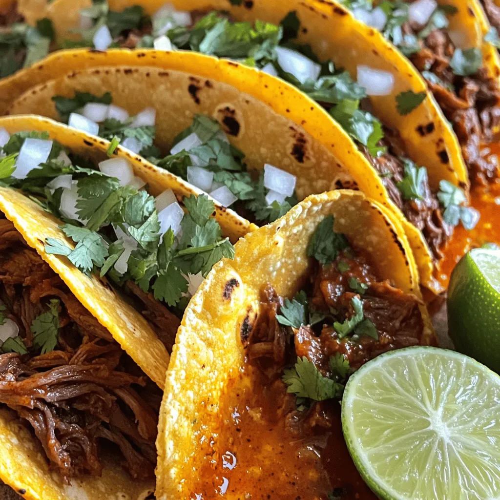 - 2 lbs beef chuck roast or goat meat, cut into chunks - 4 dried guajillo chiles, stems and seeds removed - 2 dried ancho chiles, stems and seeds removed - 1 medium onion, chopped - 4 cloves garlic, minced - 1 teaspoon ground cumin - 1 teaspoon black pepper - 1 tablespoon dried oregano - 2 cups beef broth - 1 tablespoon apple cider vinegar - Salt to taste - Corn tortillas - Fresh cilantro, chopped (for garnish) - Diced onions (for garnish) - Lime wedges (for serving) The meat is key. I love using beef chuck roast for its rich flavor. Goat meat is also great if you want a stronger taste. The dried guajillo and ancho chiles bring depth to the dish. Toast them briefly to unlock their flavor. This small step makes a big difference. Don’t forget your spices! Ground cumin, black pepper, and oregano are essential. They add warmth and aroma. Fresh cilantro and diced onion are perfect for topping. Lime wedges give a zesty kick. - Large pot or Dutch oven - Skillet for frying - Blender for sauce preparation - Slow cooker (optional) I recommend using a large pot or Dutch oven for cooking the meat. This keeps it moist and tender. A skillet helps crisp the tortillas. A blender is a must for making the sauce. It helps blend the chiles and spices into a smooth mixture. If you prefer a hands-off approach, a slow cooker is a great option. It allows the meat to cook slowly and soak up all the flavors. For the full recipe, you can check out my detailed guide. Enjoy making these delicious birria tacos! To start, you need to toast the dried chiles. Take your guajillo and ancho chiles. In a dry skillet, set the heat to medium. Toast the chiles for about 2 minutes. You want them fragrant, but not burnt. Once done, remove them and let them cool. Next, chop your vegetables. Dice one medium onion and mince four cloves of garlic. Measure out your spices: one teaspoon of ground cumin, one teaspoon of black pepper, and one tablespoon of dried oregano. This preparation makes your cooking smooth and easy. Now, it's time to blend your sauce. In a blender, add the toasted chiles, chopped onion, minced garlic, cumin, black pepper, and oregano. Pour in one cup of beef broth. Blend this mixture until it's smooth. If needed, add more broth for a pourable texture. In a large pot or Dutch oven, add your beef chunks. Pour the blended chili sauce over the meat. Add the remaining cup of beef broth and salt to taste. Make sure to stir well to combine everything. Cover the pot and simmer on low heat. Cook for 3 to 4 hours until the meat is tender and shreds easily. If you prefer, you can use a slow cooker for this. Just set it on low for 6 to 8 hours. Once the meat is done, take it out and shred it. Set the meat aside and strain the broth for later. To assemble your tacos, heat a skillet over medium-high heat. Dip a corn tortilla in the reserved broth. Then, add some shredded meat on one side of the tortilla. Fold the tortilla over. Place it in the skillet and cook for about 2 minutes on each side until it's crispy. Repeat this process with the remaining tortillas and meat. Serve your tacos hot, garnished with fresh cilantro and diced onions. Don’t forget lime wedges for squeezing over the tacos. Enjoy your savory birria tacos! For the full recipe, check out the complete instructions. For the best birria tacos, use beef chuck roast or goat meat. These cuts have fat that adds great flavor. If you want a tender bite, slow cooking works wonders. Cook the meat on low heat for hours. This makes it soft and easy to shred. To make your birria pop, consider adding spices like cinnamon or cloves. These spices bring a warm depth to the dish. For the broth, try adding bay leaves or a splash of lime juice. This will lift the flavors and make them vibrant. Top your birria tacos with fresh cilantro and diced onions. These add crunch and freshness. Serve lime wedges on the side for a zesty kick. Enjoy with a cold drink like horchata or a light beer. These pair perfectly with the rich flavors of the tacos. For a complete meal, add rice or beans on the side. If you're ready to dive deeper into making these delectable tacos, check out the Full Recipe for detailed steps! {{image_2}} You can use different meats for birria tacos. If you prefer chicken, try using thighs for a juicy bite. Pork is another great choice. It gives a nice, rich flavor. You can even make birria with jackfruit or mushrooms for a vegetarian or vegan option. These ingredients soak up flavors well and create a tasty dish. Chiles play a big role in birria's taste. You can mix different dried chiles to change the spice level. For less heat, use more ancho chiles. If you want more heat, add a few chipotle chiles. Fresh herbs like cilantro and green onions work well as garnishes. You can also try a spicy salsa for a kick. It adds depth and makes every bite exciting. Birria tacos are fun on their own. But you can explore fusion recipes too. Try birria quesadillas by adding cheese and grilling them until crispy. They are cheesy and full of flavor. Pair birria tacos with rice or beans for a complete meal. The sides add balance and make it more filling. Check out the Full Recipe for more ideas! After you enjoy your birria tacos, store the leftovers right away. This keeps them fresh. Place the meat and broth in an airtight container. Make sure to cool them down first. Store the tortillas separately in a zip-top bag. They need to stay soft and not get soggy. You can refrigerate both for up to three days. If you want to save leftovers for longer, freeze them! For the meat, use freezer-safe bags. Squeeze out the air before sealing. You can freeze the broth in ice cube trays too. This way, you can use just what you need later. When you are ready to enjoy your leftovers, reheating is key. To keep the tacos crispy, use a skillet. Heat it over medium heat, then add the tacos. Heat them for a few minutes on each side. This will make them golden and crunchy again. To bring back that rich flavor, add a splash of broth while reheating. The broth adds moisture and enhances the taste. You can also warm up the meat in a pot with some broth. This will help it stay juicy and flavorful. Enjoy your tasty tacos just like the first time! Birria tacos are a delicious Mexican dish. They come from the state of Jalisco. The dish features tender, slow-cooked meat, often beef or goat, in a rich broth. The meat is served in a corn tortilla and can be garnished with onions and cilantro. The broth is often used as a dip, adding extra flavor. This dish has gained popularity for its savory taste and unique twist on traditional tacos. Yes, you can make birria tacos ahead of time! Here are some tips for prepping in advance: - Cook the meat: Make the birria a day or two before. This helps the flavors develop. - Store the broth: Keep the meat and broth separate. This keeps the tortillas from getting soggy. - Reheat carefully: When ready to eat, reheat the meat and broth gently. This prevents drying out the meat. - Assembly time: Assemble and cook the tacos just before serving for crispiness. You can serve many tasty sides with birria tacos. Here are some ideas: - Rice: A side of Mexican rice pairs well with the rich flavors. - Beans: Refried beans or black beans add protein and flavor. - Salsas: Fresh salsa or a spicy salsa can enhance the meal. - Guacamole: Creamy guacamole adds a fun texture and taste. - Pickled onions: These add a tangy crunch that complements the tacos. If you want to reduce the heat, here are some suggestions: - Use fewer chiles: You can cut back on the dried chiles in the recipe. - Remove seeds: Make sure to remove the seeds from the chiles, as they add heat. - Add sweetness: A bit of sugar can balance out the spice. - Include dairy: Serve with sour cream or crema to cool down the heat. - Adjust spices: Use milder spices or reduce the amount of cumin and black pepper. For the full recipe, check out the details provided earlier. Happy cooking! Birria tacos are a delicious dish made with rich flavor and fun ingredients. From toasting chiles to cooking tender meat, every step is important. You can use various meats or try a vegetarian twist. Explore the best sides and drinks to enhance your meal. Store leftovers properly for future enjoyment. With these tips and tweaks, you can impress friends and family with your birria skills. Enjoy every bite and share the love of cooking!
