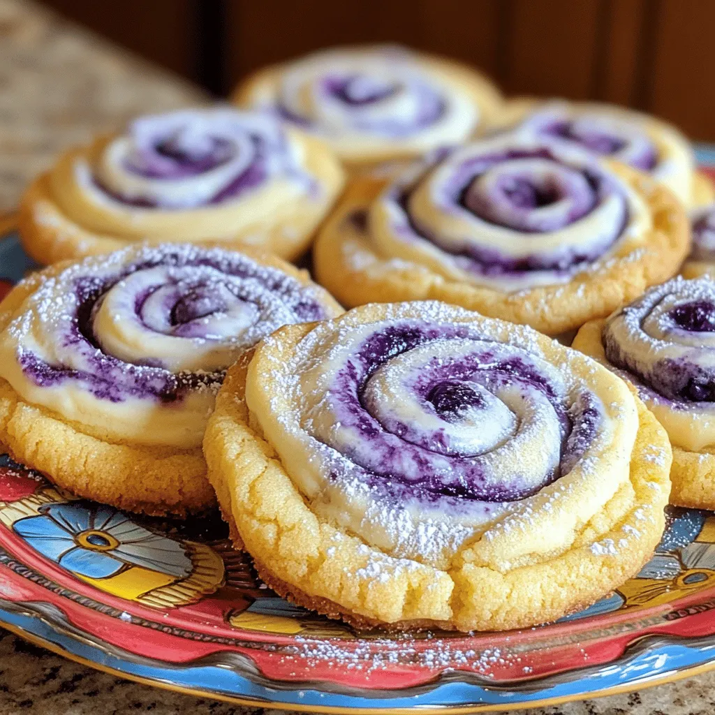 - 1 cup unsalted butter, softened - 1 cup granulated sugar - 1/2 cup brown sugar, packed - 1 large egg - 1 teaspoon vanilla extract - 2 cups all-purpose flour - 1 teaspoon baking powder - 1/2 teaspoon baking soda - 1/4 teaspoon salt - 1 cup cream cheese, softened - 1/2 cup fresh blueberries (or frozen, thawed and drained) - 2 tablespoons powdered sugar - Ensure all ingredients are at room temperature - Gather necessary baking equipment (baking sheet, mixing bowls, etc.) - Each cookie has about 150 calories - Total fat is around 7 grams - Carbohydrates are roughly 20 grams - Sugar content is about 9 grams When I make these blueberry cheesecake swirl cookies, I feel joy. The mix of sweet blueberries and creamy cheese makes my heart sing. First, you need to gather all your ingredients. Soft butter is key; it helps make the cookies soft and chewy. Make sure your cream cheese is also soft. This helps in mixing it well. Next, check your blueberries. Fresh ones give the best flavor, but thawed frozen ones work too. Just drain them well. You want the cookies to be just right, not too wet or soggy. Before you start mixing, ensure that everything is at room temperature. This helps the dough mix well and rise perfectly. You’ll need a few baking tools, like bowls and a baking sheet. Once you have everything ready, you'll be set to create a delightful treat. For the full recipe, follow the steps carefully to get that perfect swirl in each cookie. - Preheat the oven to 350°F (175°C). - Line a baking sheet with parchment paper. - Cream butter and sugars until fluffy. - Add egg and vanilla, mix well. - Combine dry ingredients and mix into wet. - Blend cream cheese and powdered sugar until smooth. - Gently fold in blueberries. - Scoop cookie dough onto the baking sheet. - Top with blueberry cream cheese and swirl. - Bake for 12-15 minutes until edges are golden. - Cool cookies before transferring to a wire rack. These steps guide you to make Blueberry Cheesecake Swirl Cookies from the Full Recipe. Each step helps ensure that you create a treat that is both delicious and visually appealing. Enjoy the process and the delightful taste! To create a marbled effect, you need to be gentle. After you scoop your cookie dough, add a dollop of the blueberry cream cheese mix on top. Use a toothpick or the back of a spoon to swirl the two mixtures. Don’t overdo it! A few swirls give the best look. This method keeps the colors nice and bright. Use a good baking sheet for even heat. I recommend a heavy-duty one. Line it with parchment paper to prevent sticking and make cleanup easy. Also, check your oven’s temperature. An oven thermometer helps you bake at the right heat. This ensures your cookies cook evenly. Fresh blueberries burst with flavor, but frozen ones work too. If using frozen, thaw and drain them first. They can add extra moisture. For sweetness, taste your dough. You can add a bit more sugar if you like it sweeter. Adjusting it helps you get your perfect cookie! For the full recipe, check out the previous section. {{image_2}} You can change the flavors of these cookies easily. - Lemon Blueberry Swirl Cookies: Add fresh lemon zest to the dough. This gives a bright, fresh taste. The lemon pairs well with blueberries, creating a zesty treat. - Raspberry Cream Cheese Swirl Option: Swap blueberries for raspberries. The tartness of raspberries mixes well with cream cheese. You can also add a bit of vanilla to boost flavor. Not everyone has the same ingredients. Here are some swaps you can try. - Non-dairy alternatives for butter and cream cheese: Use coconut oil instead of butter. For cream cheese, try a non-dairy cream cheese. These swaps help those with dairy allergies. - Gluten-free options using alternative flours: Replace all-purpose flour with almond flour or oat flour. These options work well and keep the taste great. Just ensure the flour is gluten-free. How you serve these cookies can make them even better. - Ideas for serving with beverages: Pair these cookies with milk, tea, or coffee. The rich flavors mix nicely with these drinks. - Creative presentation tips for gatherings or parties: Place cookies on a colorful platter. Dust them with powdered sugar for a fancy look. This makes them a showstopper at any event. You can also stack them high for a fun touch. For the full recipe, check out the detailed instructions. To store your cookies at room temperature, place them in an airtight container. This keeps them fresh and soft. If you want to prevent them from sticking together, add parchment paper between layers. Keep the container in a cool, dry place away from sunlight. This helps maintain their texture and flavor. Freezing cookies is a great way to save some for later. For unbaked cookies, scoop the dough onto a baking sheet and freeze until solid. Then, transfer them to a freezer bag. For baked cookies, let them cool completely. Wrap each cookie in plastic wrap and place them in a freezer-safe bag. To thaw, simply leave them at room temperature for a few hours. You can also microwave them for a few seconds to revive their softness. When stored properly, cookies can last about a week at room temperature. In the freezer, they can stay fresh for up to three months. Always check for any signs of freezer burn or off smells before eating. Enjoy your yummy Blueberry Cheesecake Swirl Cookies with confidence knowing they are still good! Yes, you can use frozen blueberries. Just make sure to thaw and drain them first. This helps keep your cookie dough from getting too wet. Frozen blueberries may burst during mixing, which adds more color to the cookies. If your cookies spread too much, check the butter. It should be softened, not melted. Too much sugar can also cause spreading. Try chilling the dough for about 30 minutes before baking. This helps the cookies hold their shape better. To make these cookies healthier, you can reduce the sugar by one-third. Using less butter also helps. You might try using Greek yogurt instead of cream cheese. This adds protein and cuts down on fat. Yes, you can double the recipe. Just be sure to mix the dough in a large bowl. Keep an eye on the baking time, as larger batches may need a bit longer. Absolutely! These cookies are great for gifts. Pack them in a nice box or jar. Add a ribbon for a special touch. Include a note on how to enjoy them fresh. We’ve covered how to make lovely Blueberry Cream Cheese Swirl Cookies. You learned the right ingredients, steps to mix them, and how to bake them perfectly. You also got tips for storing and serving these treats. Baking can be fun for everyone. Don’t be afraid to try different flavors or mix it up! These cookies are a great way to delight friends and family. Enjoy your baking journey!
