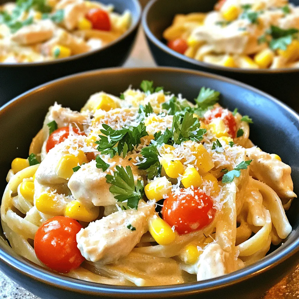 - 8 oz linguine pasta - 1 pound chicken breast, diced - 1 cup heavy cream The main ingredients create the heart of this dish. The linguine pasta provides a great base. Use fresh or dried pasta; both work well. The chicken breast adds protein and flavor. Dicing it helps it cook quickly and evenly. Heavy cream makes the sauce rich and smooth. - 1 teaspoon smoked paprika - 1 teaspoon cumin - ½ teaspoon chili powder Seasonings elevate the dish. Smoked paprika gives a warm, smoky taste. Cumin adds earthiness. Chili powder brings a mild heat. These spices create a balanced flavor profile. Adjust the spice levels to suit your taste. - 1 cup corn kernels - 1 cup cherry tomatoes, halved - ¼ cup grated Parmesan cheese (optional) Fresh additions enhance both taste and texture. Corn adds sweetness and crunch. Cherry tomatoes provide juiciness and a pop of color. If you love cheese, sprinkle in some Parmesan for extra creaminess. These optional ingredients let you customize your dish. For the full recipe, refer to the provided link. To cook the linguine, start with a large pot of salted boiling water. Add the pasta and cook it until it is al dente, which usually takes about 8-10 minutes. Stir the pasta occasionally to keep it from sticking. When it’s done, drain it well and set it aside. To prevent sticking, you can toss it with a little olive oil. This will help keep the strands separate. In a large skillet, melt 2 tablespoons of unsalted butter over medium heat. Add 1 pound of diced chicken breast to the skillet. Season the chicken with salt, black pepper, smoked paprika, cumin, and chili powder. Cook the chicken until it's browned and cooked through, which should take about 5-7 minutes. This step is key for that perfect flavor and texture. Once the chicken is cooked, it’s time to make the creamy sauce. Pour in 1 cup of chicken broth and 1 cup of heavy cream. Stir everything together and let the mixture simmer for about 5 minutes. This allows the flavors to meld wonderfully, creating a rich and creamy sauce for your pasta. Now, add 1 cup of corn kernels and 1 cup of halved cherry tomatoes to the sauce. Stir well and let it simmer for another 3-4 minutes. This will heat everything through and thicken the sauce a bit. Finally, toss the cooked linguine into the skillet, coating it with the sauce. Cook for another minute to ensure everything is heated evenly. If you want an extra touch of richness, stir in some grated Parmesan cheese before serving. Garnish with fresh parsley for a lovely finish. To get the best taste in your dish, adjust the spices. If you want more heat, add extra chili powder. For a smoky touch, add more smoked paprika. You can also play with garlic. Use more cloves for a bolder flavor. To enhance creaminess, stir in grated Parmesan cheese at the end. It adds a rich flavor and makes the sauce even thicker. You can also use cream cheese if you like. Just blend it in well before serving. Serving is key for a great meal. Use shallow bowls for your creamy linguine. This style shows off the dish's color and texture. Garnish with fresh parsley. It adds a nice green touch. A sprinkle of Parmesan cheese on top looks fancy too. You can also add halved cherry tomatoes on top. They add a pop of color and freshness. Arrange everything neatly, and your dish will shine. For the chicken, cook it over medium heat. This method gives a nice brown color. Make sure to cut the chicken into even pieces. This helps it cook through evenly. To avoid overcooking pasta, watch the timer. Cook it just until al dente. This means it should be firm when bitten. Drain it quickly and toss it in the sauce. This keeps it from getting mushy. For the full recipe, check the detailed steps and ingredients. {{image_2}} You can easily switch up the protein in this dish. Shrimp adds a nice twist. You can sauté shrimp just like chicken. Tofu also works well for a vegetarian option. Make sure to press the tofu first to remove extra moisture. When it comes to veggies, feel free to mix things up. Bell peppers add color and sweetness. Zucchini or broccoli can add crunch and nutrition. Using seasonal vegetables keeps your dish fresh and vibrant. Not a fan of spicy? You can lower the chili powder for a milder dish. You can also add more cream to soften the heat. If you want to add some zest, consider lemon juice or zest for a fresh kick. Herbs can change the whole flavor. Fresh basil or thyme can bring a new taste. Adding dried herbs can offer more depth. Experiment with what you have in your kitchen to find your favorite blend. If you need a gluten-free meal, swap the linguine for gluten-free pasta. Many options are available, so pick one that you enjoy. Just cook it according to package instructions. To make the dish dairy-free, choose a dairy-free cream. Almond or coconut cream are great choices. Nutritional yeast can add a cheesy flavor without dairy. This way, everyone can enjoy this creamy goodness. Feel free to check the Full Recipe for more ideas! To keep your creamy cowboy butter chicken linguine fresh, follow these steps: - Cool Down: Let the pasta cool before storing. This helps prevent moisture buildup. - Refrigeration: Place the leftovers in an airtight container. This keeps out air and moisture. - Duration: Store in the fridge for up to three days for best taste. When it's time to enjoy your leftovers, reheating is key. Here are my favorite methods: - Stovetop Method: Heat a skillet over medium-low heat. Add a splash of chicken broth or cream. Stir in the linguine until warm. This keeps it creamy. - Microwave Method: Place the pasta in a microwave-safe bowl. Add a bit of cream or broth. Cover loosely and heat in short bursts, stirring often. This helps maintain moisture. If you want to save some for later, freezing works well: - Freezing: Allow the dish to cool completely. Transfer to a freezer-safe container. Leave some space at the top for expansion. - Thawing: Move the container to the fridge the night before you plan to eat it. For faster thawing, use the microwave at a low setting. - Reheating: Once thawed, use the stovetop method to reheat, adding a little cream or broth to keep it creamy. For the full recipe, you’ll find the perfect balance of flavors and steps to create this delightful dish. If you want a lighter option, use half-and-half. You can also try whole milk mixed with a bit of butter. Coconut cream is a great dairy-free choice. Just remember, these substitutes may change the dish's creaminess and flavor. Yes, you can prepare the chicken and sauce in advance. Cook the pasta fresh to keep it from getting soggy. Store the chicken and sauce in the fridge for up to three days. When ready to serve, heat the sauce, then add the cooked pasta. Creamy Cowboy Butter Chicken Linguine goes well with a simple green salad. Roasted vegetables add a nice crunch and flavor. Garlic bread is also a fantastic choice to soak up the creamy sauce. Try these sides to make a complete meal. This blog post covered a delicious recipe for Creamy Cowboy Butter Chicken Linguine. You learned about the key ingredients and how to cook them just right. We explored helpful tips for flavor, presentation, and cooking techniques. You can also customize the dish to fit your taste or diet. Finally, I shared storage tips so you can enjoy leftovers later. This dish can be easy and fun to make. With these steps and ideas, you can impress your family at dinner. Enjoy your cooking journey!