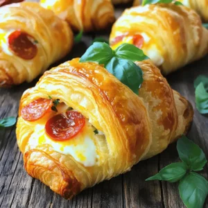 - 1 package refrigerated croissant dough - 1 cup mozzarella cheese, shredded - 1 cup sliced pepperoni - 2 tablespoons pizza sauce - 1 teaspoon Italian seasoning - 1 egg, lightly beaten (for egg wash) - Optional: Fresh basil for garnish You can easily swap some ingredients if you need to. Here are a few ideas: - Alternative cheese options: Try cheddar or provolone for a different taste. - Gluten-free croissant dough: Look for gluten-free dough at your local store if needed. - Vegetarian alternatives for pepperoni: Use veggie pepperoni or mushrooms for a tasty twist. These substitutions keep your croissant rolls delicious while meeting dietary needs. - Preheat your oven to 375°F (190°C). - Prepare your baking sheet with parchment paper. - Unroll and separate the croissant dough into triangles. - Mix cheese, pepperoni, sauce, and seasoning. To make the filling, grab a small bowl. Add 1 cup of shredded mozzarella cheese. Then, toss in 1 cup of sliced pepperoni. Add 2 tablespoons of pizza sauce and 1 teaspoon of Italian seasoning. Stir until everything blends well. This mix brings flavor to your croissant rolls. - Roll the croissants and place on the baking sheet. - Brush with egg wash and bake for 12-15 minutes. For rolling, take each triangle and place about 1-2 tablespoons of the cheese mixture at the wide end. Roll it up tightly from the wide end to the point. Arrange the rolled croissants on your baking sheet. Leave space between them to allow for puffing. Brush the tops with a beaten egg. This gives a nice golden finish when baked. Now, pop them in the oven. Bake for 12-15 minutes, or until they puff up and turn golden brown. Enjoy this simple delight with friends or family! For the full recipe, check out the details above. To get the best bake, watch the color. A golden brown is perfect. Brush the croissants with the egg wash. This gives them that nice shine. Make sure your oven is preheated to 375°F (190°C). This helps them rise well. Be careful with the filling. Use only 1-2 tablespoons per croissant. If you add too much, they may leak. This can make a mess and ruin the shape. Roll them tightly to keep the filling inside. When it comes to plating, keep it simple. Arrange the croissants on a nice plate. Leave space between them. This shows off their shape and color. For a pop of color, add fresh basil. Just sprinkle some leaves around the rolls. You can also place a few on top. This adds flavor and looks great. Enjoy the visual and taste together. {{image_2}} You can change the taste of Pepperoni Mozzarella Croissant Rolls easily. Try adding different meats like ham or turkey. You can also use veggies like bell peppers or spinach for a fresh twist. For a spicy kick, add jalapeños or drizzle hot sauce inside. This will wake up your taste buds! If you’re on a low-carb or keto diet, you can make a few swaps. Use low-carb dough or a cheese-based crust instead of croissant dough. For those who are dairy-free, there are great cheese alternatives made from nuts or soy. These changes let everyone enjoy this tasty treat! To keep your Pepperoni Mozzarella Croissant Rolls fresh, store them in the fridge. Place the rolls in an airtight container. They will stay good for about three days. If you want to keep them longer, you can freeze them. Wrap each roll tightly in plastic wrap, then put them in a freezer bag. They can last up to two months in the freezer. When it's time to enjoy your leftovers, you have a few options. To reheat in the oven, preheat it to 350°F (175°C). Place the croissants on a baking sheet and warm them for about 10 minutes. For a quicker method, use the microwave. Heat them for 20-30 seconds, but this may make them soft. If you want to keep them crispy, I recommend using an air fryer. Set it to 350°F (175°C) and heat the croissants for about 5 minutes. This method brings back their crunch and makes them taste fresh again. Enjoy your delicious Pepperoni Mozzarella Croissant Rolls! Can I make Pepperoni Mozzarella Croissant Rolls ahead of time? Yes, you can prepare the rolls ahead of time. Simply assemble the croissants and place them on a baking sheet. Cover with plastic wrap and refrigerate for up to 24 hours. When ready, bake them straight from the fridge. This keeps them fresh and delicious. How do I customize the filling? You can mix and match the filling to suit your taste. Try different cheeses like cheddar or gouda. Add veggies like bell peppers or mushrooms for extra flavor. You can even use different meats, like ham or turkey, instead of pepperoni. What are the serving suggestions? Serve these croissant rolls warm, straight from the oven. They make a great snack or appetizer at parties. Pair them with a side of marinara sauce for dipping. You can also serve them with a fresh salad for a light meal. Can I double the recipe easily? Yes, doubling the recipe is simple. Just buy two packages of croissant dough and double all the other ingredients. This way, you can enjoy more rolls or share them with friends and family. You've learned how to make tasty Pepperoni Mozzarella Croissant Rolls. We covered the ingredients, easy steps, and tips for great results. You can tweak the recipe to fit your taste or diet. Remember these storage tips to keep leftovers fresh. Enjoy making this fun dish at home! It's a simple way to impress friends and family. Don't hesitate to explore different flavors and ingredients. Happy cooking!