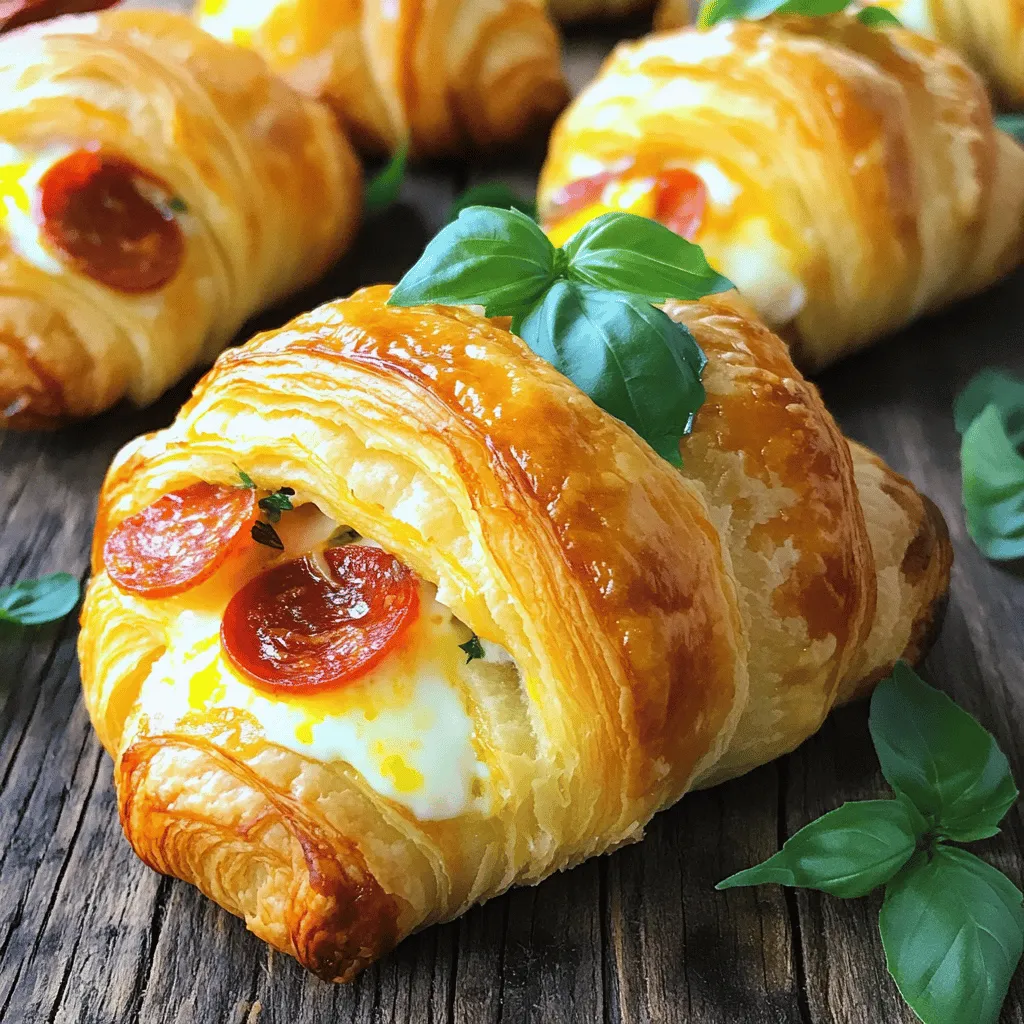 - 1 package refrigerated croissant dough - 1 cup mozzarella cheese, shredded - 1 cup sliced pepperoni - 2 tablespoons pizza sauce - 1 teaspoon Italian seasoning - 1 egg, lightly beaten (for egg wash) - Optional: Fresh basil for garnish You can easily swap some ingredients if you need to. Here are a few ideas: - Alternative cheese options: Try cheddar or provolone for a different taste. - Gluten-free croissant dough: Look for gluten-free dough at your local store if needed. - Vegetarian alternatives for pepperoni: Use veggie pepperoni or mushrooms for a tasty twist. These substitutions keep your croissant rolls delicious while meeting dietary needs. - Preheat your oven to 375°F (190°C). - Prepare your baking sheet with parchment paper. - Unroll and separate the croissant dough into triangles. - Mix cheese, pepperoni, sauce, and seasoning. To make the filling, grab a small bowl. Add 1 cup of shredded mozzarella cheese. Then, toss in 1 cup of sliced pepperoni. Add 2 tablespoons of pizza sauce and 1 teaspoon of Italian seasoning. Stir until everything blends well. This mix brings flavor to your croissant rolls. - Roll the croissants and place on the baking sheet. - Brush with egg wash and bake for 12-15 minutes. For rolling, take each triangle and place about 1-2 tablespoons of the cheese mixture at the wide end. Roll it up tightly from the wide end to the point. Arrange the rolled croissants on your baking sheet. Leave space between them to allow for puffing. Brush the tops with a beaten egg. This gives a nice golden finish when baked. Now, pop them in the oven. Bake for 12-15 minutes, or until they puff up and turn golden brown. Enjoy this simple delight with friends or family! For the full recipe, check out the details above. To get the best bake, watch the color. A golden brown is perfect. Brush the croissants with the egg wash. This gives them that nice shine. Make sure your oven is preheated to 375°F (190°C). This helps them rise well. Be careful with the filling. Use only 1-2 tablespoons per croissant. If you add too much, they may leak. This can make a mess and ruin the shape. Roll them tightly to keep the filling inside. When it comes to plating, keep it simple. Arrange the croissants on a nice plate. Leave space between them. This shows off their shape and color. For a pop of color, add fresh basil. Just sprinkle some leaves around the rolls. You can also place a few on top. This adds flavor and looks great. Enjoy the visual and taste together. {{image_2}} You can change the taste of Pepperoni Mozzarella Croissant Rolls easily. Try adding different meats like ham or turkey. You can also use veggies like bell peppers or spinach for a fresh twist. For a spicy kick, add jalapeños or drizzle hot sauce inside. This will wake up your taste buds! If you’re on a low-carb or keto diet, you can make a few swaps. Use low-carb dough or a cheese-based crust instead of croissant dough. For those who are dairy-free, there are great cheese alternatives made from nuts or soy. These changes let everyone enjoy this tasty treat! To keep your Pepperoni Mozzarella Croissant Rolls fresh, store them in the fridge. Place the rolls in an airtight container. They will stay good for about three days. If you want to keep them longer, you can freeze them. Wrap each roll tightly in plastic wrap, then put them in a freezer bag. They can last up to two months in the freezer. When it's time to enjoy your leftovers, you have a few options. To reheat in the oven, preheat it to 350°F (175°C). Place the croissants on a baking sheet and warm them for about 10 minutes. For a quicker method, use the microwave. Heat them for 20-30 seconds, but this may make them soft. If you want to keep them crispy, I recommend using an air fryer. Set it to 350°F (175°C) and heat the croissants for about 5 minutes. This method brings back their crunch and makes them taste fresh again. Enjoy your delicious Pepperoni Mozzarella Croissant Rolls! Can I make Pepperoni Mozzarella Croissant Rolls ahead of time? Yes, you can prepare the rolls ahead of time. Simply assemble the croissants and place them on a baking sheet. Cover with plastic wrap and refrigerate for up to 24 hours. When ready, bake them straight from the fridge. This keeps them fresh and delicious. How do I customize the filling? You can mix and match the filling to suit your taste. Try different cheeses like cheddar or gouda. Add veggies like bell peppers or mushrooms for extra flavor. You can even use different meats, like ham or turkey, instead of pepperoni. What are the serving suggestions? Serve these croissant rolls warm, straight from the oven. They make a great snack or appetizer at parties. Pair them with a side of marinara sauce for dipping. You can also serve them with a fresh salad for a light meal. Can I double the recipe easily? Yes, doubling the recipe is simple. Just buy two packages of croissant dough and double all the other ingredients. This way, you can enjoy more rolls or share them with friends and family. You've learned how to make tasty Pepperoni Mozzarella Croissant Rolls. We covered the ingredients, easy steps, and tips for great results. You can tweak the recipe to fit your taste or diet. Remember these storage tips to keep leftovers fresh. Enjoy making this fun dish at home! It's a simple way to impress friends and family. Don't hesitate to explore different flavors and ingredients. Happy cooking!