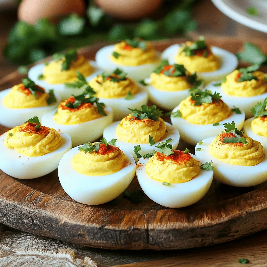 - 6 large eggs - 3 tablespoons mayonnaise - 1 teaspoon Dijon mustard - 1 clove garlic, minced - 1 teaspoon chili paste or Sriracha - Salt and pepper to taste - 1 tablespoon fresh cilantro, chopped - 1 teaspoon smoked paprika (optional) These simple ingredients give you a big flavor punch. Each one plays a special role. The eggs are the base, while mayonnaise adds creaminess. Dijon mustard gives a nice tang, and garlic adds depth. Chili paste or Sriracha brings the heat, so adjust it to your taste. Don’t forget salt and pepper! They enhance every other flavor. Fresh cilantro adds a bright touch. Smoked paprika is optional but adds a smoky note. For the full recipe, head to the Full Recipe section. You will love how easy it is to make these spicy chili garlic deviled eggs! - Cover eggs with cold water. - Bring to a boil and then cover and remove from heat. To make deviled eggs, I start by placing the eggs in a saucepan. I fill the pan with cold water, enough to cover the eggs by about an inch. Next, I turn the heat to medium-high and wait for it to boil. Once it boils, I cover the pan, turn off the heat, and let it sit for 12 minutes. This method helps make the eggs cook evenly. - Create an ice water bowl for cooling. - Transfer eggs to ice bath after boiling. While the eggs are cooking, I prepare an ice bath. I fill a large bowl with cold water and ice cubes. After 12 minutes, I carefully transfer the eggs to the ice bath. This cools them quickly and stops the cooking process. I let them sit in the ice bath for about 5 minutes. - Peel and slice eggs in half. - Mix yolks with remaining ingredients until creamy. - Fill egg whites with yolk mixture. After cooling, I gently tap each egg on the counter. I peel them under cold running water. This helps remove the shell easily. Next, I slice the peeled eggs in half lengthwise. I place the yolks in a mixing bowl and mash them with a fork. Then, I add mayonnaise, Dijon mustard, minced garlic, chili paste or Sriracha, and salt and pepper to taste. I mix everything until it’s smooth and creamy. Finally, I fill the egg whites with the yolk mixture. You can use a piping bag or a spoon for this step. For a nice look, I garnish with chopped cilantro and smoked paprika. For the full recipe, check the details above. To get the best deviled eggs, start by boiling your eggs just right. If you want a soft yolk, boil for 9-10 minutes. For a firmer yolk, stick to 12-13 minutes. The timing is key to how the yolks will taste and look in your spicy chili garlic deviled eggs. Cooling the eggs fast helps with peeling. After boiling, move the eggs to an ice bath. Let them sit in the cold water for about 5 minutes. This shock makes the shells pop off easily, which saves you time and frustration. Make your deviled eggs look as good as they taste. Use a piping bag to fill the whites with the yolk mix. This adds a fun touch. For garnish, sprinkle chopped cilantro on top. A dash of smoked paprika gives a nice color too. These small details make your spicy chili garlic deviled eggs stand out on any table. For more details, check out the Full Recipe. {{image_2}} You can change the heat level in your spicy chili garlic deviled eggs. A great way is to swap out the chili paste. Instead of using chili paste, try different hot sauces. Sriracha gives a nice kick, while a milder sauce like Frank’s RedHot adds flavor without too much spice. You can even mix sauces to find your perfect heat level. Just start with a small amount and taste as you go. This way, you can make the dish just right for your taste buds. Adding herbs or spices can make your deviled eggs unique. Fresh herbs like dill or chives add a fresh taste. You could also use a pinch of cumin or smoked paprika for a deeper flavor. Experiment with different combinations to find what you love. Don't forget to mix in some lemon juice for a zesty twist. Each addition brings new life to this classic dish. If you want a vegan version, you can replace the eggs and mayo. Use chickpeas instead of eggs. Mash them well and mix with vegan mayo. This combo gives a similar texture. You can also try avocado, which adds creaminess and healthy fats. For a low-calorie option, use Greek yogurt instead of mayo. This keeps the flavor while cutting down on calories. These swaps ensure everyone can enjoy spicy chili garlic deviled eggs. For the full recipe, check out the earlier section. To store leftover deviled eggs, place them in an airtight container. You can cover them with plastic wrap if you don’t have a container. Keep them in the fridge to keep them fresh. I recommend eating them within a few days for the best flavor. Deviled eggs last about three to four days in the refrigerator. After that, they may lose their taste and texture. Always check for any off smells or changes in appearance before eating. This helps ensure you enjoy the spicy chili garlic deviled eggs at their best! I don’t recommend freezing deviled eggs. Freezing changes the texture of the eggs and filling, making them watery. If you want to make them ahead, just store them in the fridge. You can prepare the filling early and fill the eggs just before serving. This way, they taste fresh and delicious! For the full recipe, check out the Spicy Chili Garlic Deviled Eggs 🧄! To give your deviled eggs a kick, add spicy ingredients. Use chili paste or Sriracha for heat. You can also add minced jalapeños or hot sauce. Mix these with the egg yolks, mayonnaise, and mustard. This will boost the flavor and spice level. - Use chili paste or Sriracha: Start with 1 teaspoon, then adjust to taste. - Add minced jalapeños: A small amount can add heat. - Incorporate hot sauce: A few drops can elevate the flavor. Mix these ingredients well until creamy. Taste and adjust the heat before filling the eggs. It’s all about finding the right balance for your taste buds. Yes, you can prepare deviled eggs in advance. This makes them great for parties or gatherings. The best way to do this is to make the filling and store it separately. Here’s how: - Prepare the eggs: Boil, cool, and peel the eggs. - Make the filling: Mix yolks with the other ingredients. - Store in the fridge: Keep the filling in an airtight container. You can fill the egg whites right before serving. This keeps the eggs fresh and looking great. Avoid filling them too early, as they can get soggy. If you want to swap out mayonnaise, there are some tasty alternatives. You can use Greek yogurt for a healthier option. It adds creaminess with less fat. Another option is avocado, which gives a rich flavor. - Greek yogurt: Creamy and tangy, perfect for deviled eggs. - Avocado: Mash it up for a smooth texture. - Silken tofu: Blend it for a vegan-friendly filling. These alternatives can make your deviled eggs unique and cater to different diets. In this post, we covered how to make tasty deviled eggs. You learned about the right ingredients, proper boiling techniques, and creative ways to make them your own. Remember to adjust spice levels and think about personal flavors when creating your dish. Storing them well keeps them fresh for your next gathering. Deviled eggs are easy and versatile. Enjoy making them for snacks or parties! You have all the tips you need to impress your friends and family. Happy cooking!