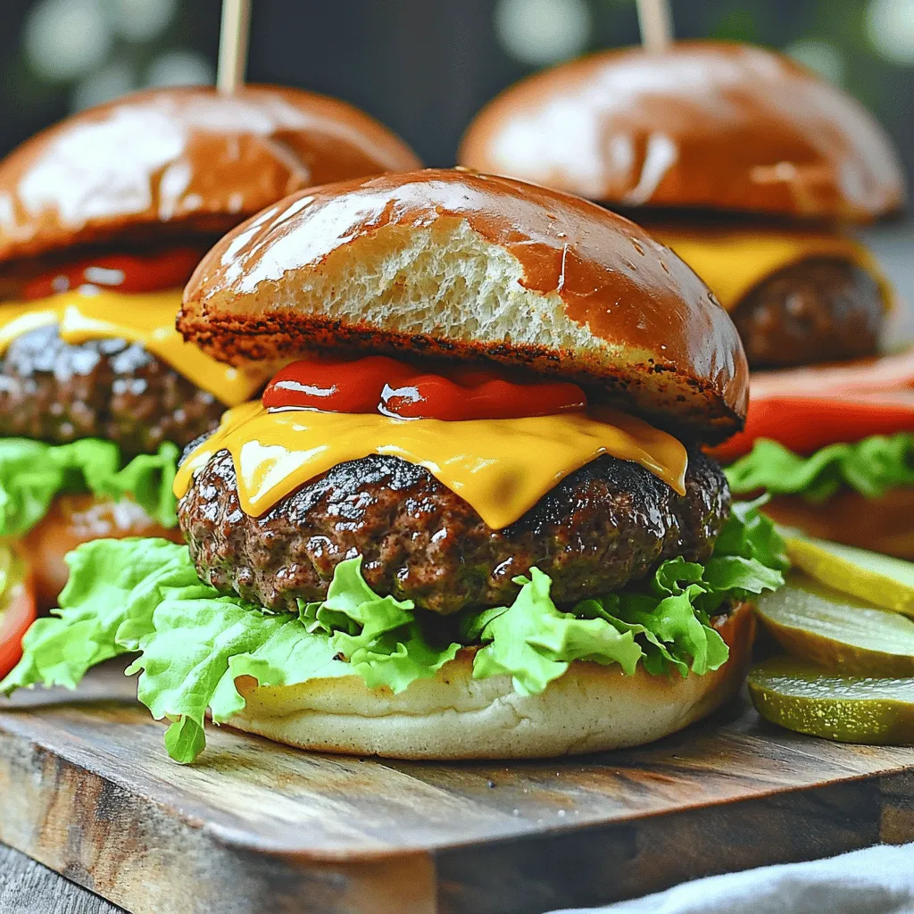 - 1 lb ground beef (80/20 for juiciness) - 1 teaspoon garlic powder - 1 teaspoon onion powder - 1 teaspoon smoked paprika - Salt and pepper to taste - 4 slices of cheddar cheese - Lettuce leaves - 1 large tomato, sliced - Pickles, for topping - 4 hamburger buns - Ketchup and mustard for serving When you choose your ground beef, aim for an 80/20 mix. This blend gives your burgers a juicy bite. The seasonings are simple yet effective. Garlic powder, onion powder, and smoked paprika add depth. Adjust salt and pepper to suit your taste. For toppings, I love using crisp lettuce, fresh tomato slices, and tangy pickles. They add freshness and crunch. Don't forget the cheese! Cheddar melts beautifully and adds rich flavor. Now for the buns, pick ones that you enjoy the most! Soft, toasted buns complete the meal. Finally, have ketchup and mustard ready. These classic condiments are a must for a great burger. If you want the full recipe, check out the detailed steps to create these delicious air fryer hamburgers. To start, gather your ingredients. In a large bowl, mix the ground beef with garlic powder, onion powder, smoked paprika, salt, and pepper. Use your hands to combine the mixture gently. Make sure not to overwork the meat. This keeps the burgers juicy. Next, divide the beef mixture into four equal parts. Shape each part into a patty. Make sure they are slightly larger than your hamburger buns. Use your thumb to press a small indent in each patty. This helps them cook evenly and prevents bulging. Now it’s time to preheat your air fryer. Set it to 350°F (175°C) and let it heat for about 5 minutes. This step is crucial for even cooking. Once your air fryer is ready, place the patties in the basket. Ensure they have space around them. Overcrowding can lead to uneven cooking. Cook the patties for 10 minutes. After 10 minutes, flip each patty over. Now, place a slice of cheddar cheese on top of each burger. This adds a nice melty finish. Cook for an additional 3 to 5 minutes. Check that the patties reach your desired doneness. While the patties cook, you can prepare the buns. Lightly toast them in a toaster or pan. This adds a nice crunch. To assemble, start with a lettuce leaf on the bottom half of each bun. Then, place the cooked patty with melted cheese on top. Add a slice of tomato and some pickles for crunch. Drizzle with ketchup and mustard. Finally, place the top half of the bun on each burger. For a great presentation, serve your burgers on a wooden board or a stylish plate. Pair them with sweet potato fries or a fresh salad for a complete meal. Enjoy your gourmet hamburgers fresh and hot! - Choosing the right meat ratio: Use ground beef with an 80/20 fat ratio. This mix gives you juicy and flavorful burgers. The fat keeps the burger moist while cooking. Too lean, and you get a dry patty. - Importance of not overworking the beef: When mixing the ground beef, use your hands gently. Overworking makes the meat tough. You want a soft texture. Mix just enough to combine the seasonings. - Tips on adjusting cooking time for different air fryers: Air fryer models vary. Check your model’s manual for exact cooking times. For thicker patties, add a few extra minutes. Always check the burgers for doneness. - How to avoid overcrowding in the air fryer basket: Cook in batches. Place 2 to 3 patties in the basket, leaving space between them. This helps them cook evenly. If they are too close, they won't brown well. {{image_2}} You can easily mix up the flavor of your burgers by using different seasonings. For a spicy kick, add chili powder. This will give your burgers an exciting heat. If you prefer herbs, try Italian seasoning. This mix of herbs adds a nice, fresh taste. Cheese can change the taste and texture of your burger. Swap out cheddar for provolone for a creamier flavor. Blue cheese brings a bold taste if you want something different. If you're following a plant-based diet, vegan cheese works well too. It melts nicely and keeps the burger tasty. Get creative with your burger toppings! Avocado adds creaminess and healthy fats. Sautéed mushrooms bring a deep, earthy flavor. You can also try fun condiments like spicy mayo or tangy BBQ sauce. These toppings can make your burger even more special. For the full recipe, check out the Air Fryer Juicy Gourmet Hamburgers guide. After enjoying your air fryer hamburgers, you may have leftovers. To store cooked patties, let them cool first. Place them in an airtight container. They will stay fresh in the fridge for up to three days. If you plan to keep them longer, freezing is a good option. For freezing uncooked patties, make sure to wrap each one tightly in plastic wrap. Then, place them in a freezer bag. This will help prevent freezer burn. These uncooked patties can last in the freezer for about three months. When you're ready to cook, just thaw them in the fridge overnight. To reheat your burgers, the best method is to use the air fryer again. Preheat the air fryer to 350°F (175°C). Place the leftover patties in the basket and heat for about 5-7 minutes. This keeps them juicy and flavorful. If you want to refresh the texture of previously cooked burgers, try adding a slice of cheese on top while reheating. This not only adds flavor but also helps keep the meat moist. Enjoy your burgers as if they were just made! How long to cook hamburgers in an air fryer? Cook the hamburgers for about 10 minutes at 350°F (175°C). Flip them halfway through. This gives them a nice, juicy texture. What temperature should I set for air frying hamburgers? Set your air fryer to 350°F (175°C). This temperature cooks the patties evenly and keeps them moist. Can I use turkey or chicken instead of beef? Yes, you can. Ground turkey and chicken work well. Just keep an eye on the cooking time, as they may cook faster than beef. What are good vegetarian alternatives for burgers? Try black bean patties, lentil burgers, or store-bought veggie burgers. They are tasty options and cook well in the air fryer. What goes well with air fryer hamburgers? Air fryer hamburgers pair well with crispy fries, onion rings, or a fresh salad. You can also add some grilled vegetables for extra flavor. Ideas for side dishes to complement the meal Consider serving sweet potato fries or coleslaw. Both add a nice crunch and balance the meal. For a lighter touch, serve with a simple green salad. You can create delicious air fryer hamburgers easily. We covered key ingredients, preparation steps, and cooking tips to ensure juiciness. Remember to choose your meat wisely and adjust your cooking time based on your air fryer. Don't be afraid to experiment with toppings and seasonings. Enjoy your burger creations with fun sides and sauces. With these tips, you can make fantastic meals that everyone will love. Bring your burger game to the next level!