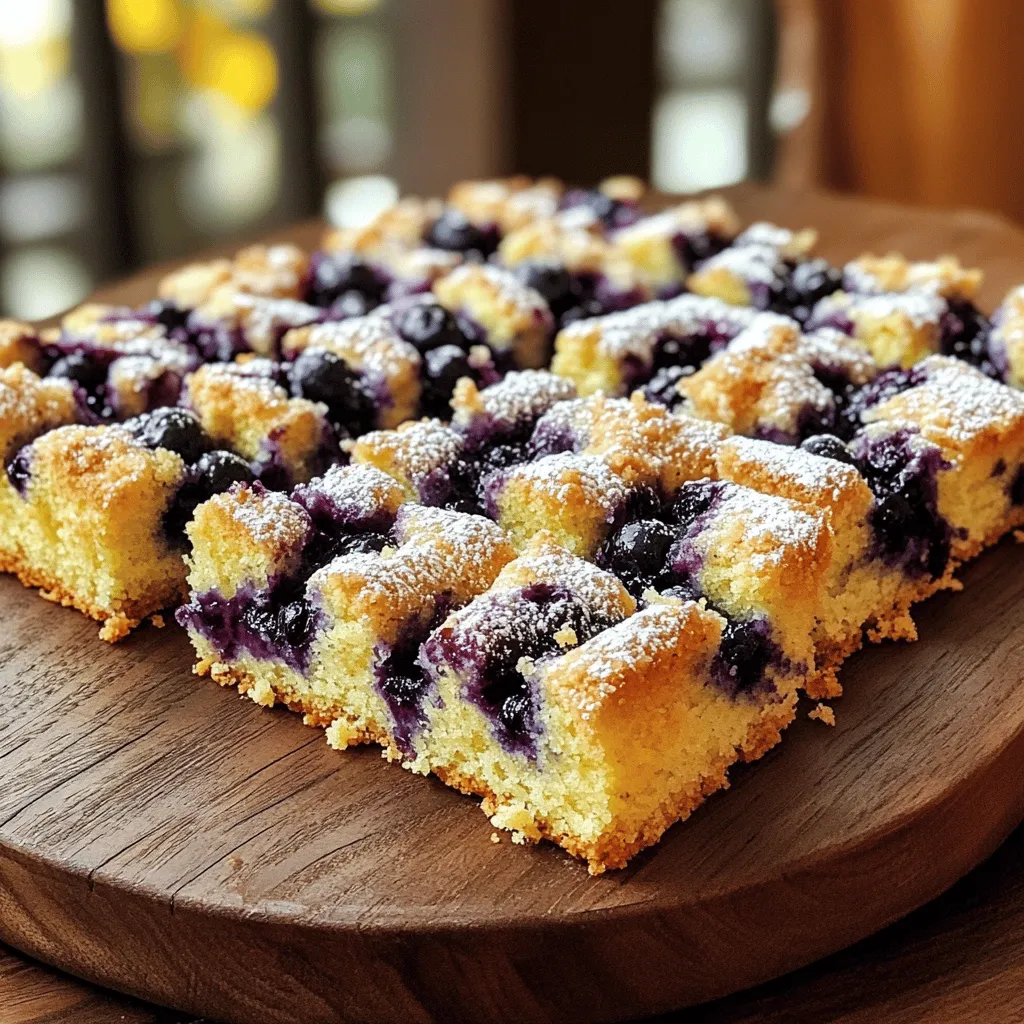 - 2 cups all-purpose flour - 1 teaspoon baking powder - 1 teaspoon baking soda - ½ teaspoon salt - 1 cup granulated sugar - ½ cup unsalted butter, softened - 1 cup sour cream - 2 large eggs - 1 teaspoon vanilla extract - 2 cups fresh blueberries (or frozen, thawed and drained) - ½ teaspoon cinnamon (for topping) - 1 tablespoon brown sugar (for topping) I love using these simple ingredients to make my Blueberry Sour Cream Coffee Cake. The flour gives structure. Baking powder and soda help it rise. Salt brings out the sweetness. Sugar adds that nice touch of sweetness to balance flavors. Butter makes it rich and moist. Sour cream adds creaminess and tang. Eggs bind everything together. Vanilla gives a warm aroma. Blueberries burst with juicy goodness. Cinnamon and brown sugar on top add a lovely crunch. You can swap out some ingredients if needed. Try alternative sweeteners like honey or maple syrup. For dairy-free options, use coconut yogurt instead of sour cream. If you need gluten-free, look for gluten-free flour blends. These swaps keep the cake tasty while meeting your needs. Using fresh blueberries makes a big difference. They are juicy and full of flavor. Fresh ingredients help create a better texture, too. Sourcing quality dairy products, like butter and sour cream, enhances the taste. Good quality items boost the overall flavor of your cake. You want your coffee cake to shine, and fresh ingredients are key! For the full recipe, check out the details above. 1. Preheat your oven to 350°F (175°C). This helps bake the cake evenly. 2. Grease and flour a 9x13 inch baking dish. You can also use parchment paper for easy removal. 3. In a medium bowl, whisk together the dry ingredients: - 2 cups all-purpose flour - 1 teaspoon baking powder - 1 teaspoon baking soda - ½ teaspoon salt 4. In a large mixing bowl, cream together: - 1 cup granulated sugar - ½ cup unsalted butter, softened Beat them until the mix is light and fluffy. 5. Add 2 large eggs, one at a time. Mix well after each egg. 6. Next, add 1 cup sour cream and 1 teaspoon vanilla extract. Stir until combined. 7. Gradually add the dry mix to the wet mix. Stir just until combined; do not overmix. 8. Gently fold in 2 cups fresh blueberries. Make sure they spread evenly in the batter. 9. Pour the batter into your prepared baking dish. Spread it out evenly. 10. For the topping, mix together: - ½ teaspoon cinnamon - 1 tablespoon brown sugar Sprinkle this mix over the cake batter. 11. Bake for 40-45 minutes, or until a toothpick comes out clean. 12. Let the cake cool in the pan for about 10 minutes. Then, transfer it to a wire rack to cool completely. Now, you're ready to enjoy this delicious coffee cake! For the full recipe, check the earlier section. To make your coffee cake perfect, follow these tips: - Ensuring even baking: Use room temperature ingredients. This helps the batter mix well. Spread the batter evenly in your baking dish. Rotate the dish halfway through baking for even heat. - How to check for doneness: Insert a toothpick in the center. If it comes out clean, your cake is done. If it has wet batter on it, bake for a few more minutes. Pair your coffee cake with the right drinks and set an inviting table: - Best beverage pairings: Serve with freshly brewed coffee or hot tea. The warm drinks complement the cake’s flavors. - Presentation ideas for parties: Cut the coffee cake into squares. Serve it on a rustic wooden platter. Add fresh blueberries and a sprinkle of powdered sugar for a nice touch. You can customize your coffee cake to fit your taste: - Customization options for texture: For a denser cake, use less sour cream. For a lighter cake, add more eggs. You can also try using Greek yogurt instead of sour cream. - Balancing sweetness with seasonal fruits: Swap out some blueberries for other fruits like peaches or raspberries. This change can add a new flavor and balance the sweetness. For the full recipe, check out the Irresistible Blueberry Sour Cream Coffee Cake. Enjoy your baking! {{image_2}} You can enhance the flavor of your coffee cake in many ways. Consider adding chopped nuts, like walnuts or pecans, for a nice crunch. You could also stir in spices like nutmeg or cardamom for warmth. Another option is to add citrus zest, such as lemon or orange. This zest brightens the flavor and gives a fresh twist. If you need a gluten-free version, you can use gluten-free flour blends like almond or coconut flour. These flours absorb moisture differently. Make sure to adjust the liquid in your recipe. You may need a little more sour cream to keep the cake moist. Always check the blend's instructions for the best results. For a vegan coffee cake, replace eggs with flaxseed meal or chia seeds. Mix one tablespoon of either with three tablespoons of water. Let it sit until it thickens. For sour cream, you can use a plant-based version made from cashews or soy. This will keep your cake rich and creamy without any dairy. For the full recipe, check the details above. To store leftovers, let the coffee cake cool completely. Wrap it tightly in plastic wrap or aluminum foil. You can also place it in an airtight container. This keeps the cake fresh and moist. Use a container that seals well to maintain its texture and flavor. Glass or plastic containers work well. If you want to freeze the coffee cake, cut it into individual slices. Wrap each slice in plastic wrap. Then place them in a freezer-safe bag or container. Make sure to squeeze out excess air. To thaw, leave it in the fridge overnight. For a quick warm-up, microwave for 15-30 seconds. At room temperature, the coffee cake lasts about 3 days. Keep it covered to avoid drying out. If you want to enjoy it longer, freeze it. To revive the texture after storage, warm a slice in the oven at 350°F for about 10 minutes. This brings back that fresh-baked taste. For the full recipe, check the earlier section. How can I make this coffee cake moister? To make your coffee cake moister, use more sour cream or add an extra egg. You can also try using a bit of applesauce. This will keep the cake soft and tender. Can I use frozen blueberries instead of fresh? Yes, you can use frozen blueberries. Just thaw and drain them first. This helps prevent excess moisture in the batter. What if I don’t have sour cream? If you do not have sour cream, you can use plain yogurt. You can also mix milk with a little lemon juice as a substitute. Both options work well in this recipe. Why did my cake sink? A cake may sink due to too much liquid or if it wasn't baked long enough. Always check if your oven is at the right temperature. Tips for preventing overmixing To prevent overmixing, mix the batter until just combined. Fold in the blueberries gently. This will keep your cake light and fluffy. Nutritional breakdown per serving Each serving has about 250 calories. You can expect around 10 grams of fat and 30 grams of carbs. Calorie considerations and serving sizes This recipe serves 12. If you want smaller portions, cut the cake into smaller squares. This way, you can still enjoy it without overindulging. This blog post covers everything you need to create a delicious blueberry cake. We discussed the key ingredients, from fresh blueberries to the right types of flour. I shared clear instructions on how to prepare and bake your cake, along with smart tips for serving and customizing it. Remember, using fresh ingredients makes a big difference. Now, you're ready to impress your friends and family with your baking skills. Enjoy making your blueberry cake and happy baking!