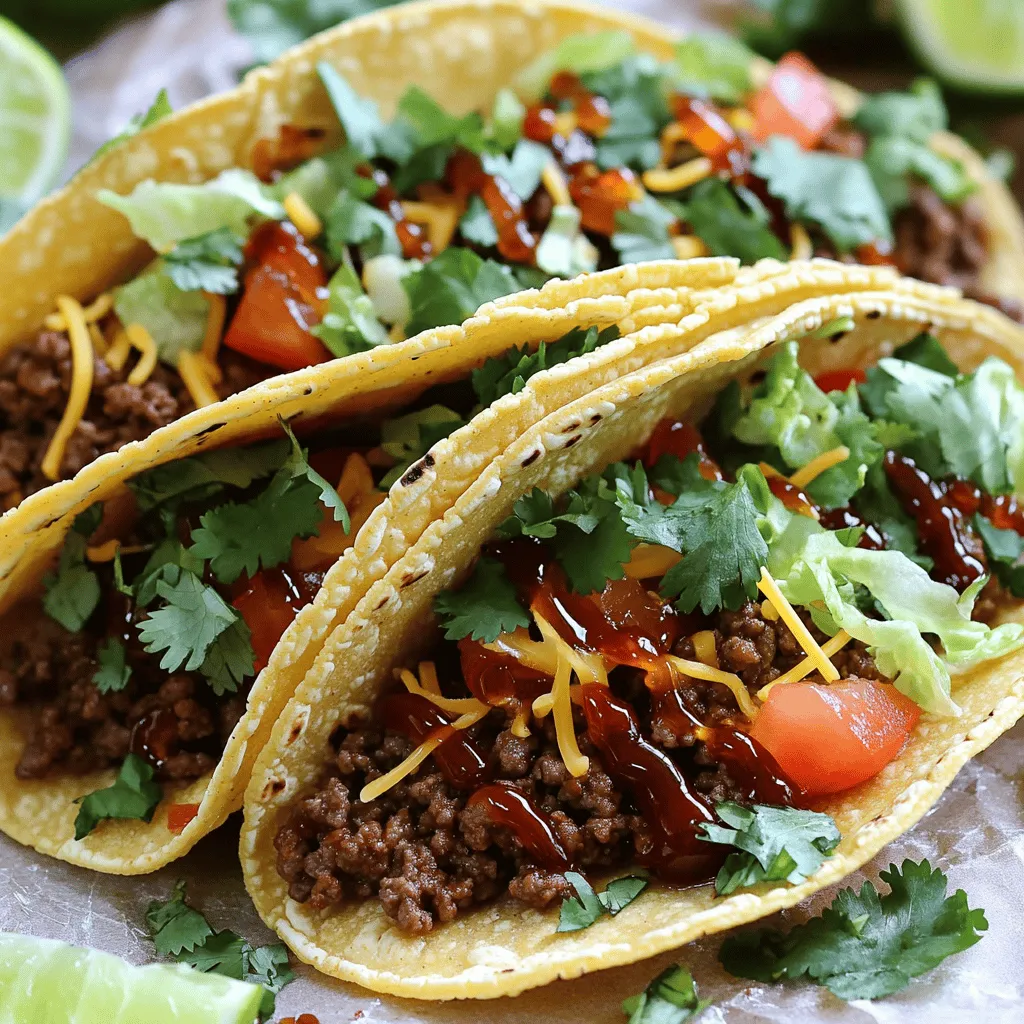 To make Garlic Butter Honey BBQ Beef Tacos, gather these items: - 1 lb ground beef - 3 tablespoons unsalted butter - 4 cloves garlic, minced - 1/4 cup honey - 1/4 cup BBQ sauce (your favorite brand) - 1 teaspoon smoked paprika - 1 teaspoon cumin - 1/2 teaspoon chili powder - Salt and pepper to taste - 8 small corn or flour tortillas - 1 cup shredded lettuce - 1 cup diced tomatoes - 1 cup shredded cheese (cheddar or Mexican blend) - Fresh cilantro for garnish - Lime wedges for serving You will need a few tools to make these tasty tacos: - Large skillet - Spatula - Measuring spoons - Knife and cutting board - Serving plates When picking ingredients, look for freshness: - Ground Beef: Choose bright red meat with minimal fat. - Garlic: Pick firm, plump cloves with no sprouting. - Produce: Look for vibrant lettuce and tomatoes, free of blemishes. - Cheese: Freshly shredded cheese melts better than pre-packaged. Using top-notch ingredients makes these tacos even better. I love the mix of flavors that come together. For the full recipe, check out the link provided. Start with a large skillet. Melt 3 tablespoons of unsalted butter over medium heat. Once melted, add 4 cloves of minced garlic. Sauté for about 1-2 minutes until it smells great, but don’t let it turn brown. Next, add 1 pound of ground beef. Break it apart with a spatula as it cooks. Cook until it turns brown, about 5-7 minutes. Make sure to drain any extra grease. Now, stir in 1/4 cup of honey, 1/4 cup of your favorite BBQ sauce, 1 teaspoon of smoked paprika, 1 teaspoon of cumin, and 1/2 teaspoon of chili powder. Season with salt and pepper to taste. Mix everything well and let it simmer on low heat for 5-10 minutes. This helps the flavors blend nicely. While the meat mixture simmers, it’s time to heat the tortillas. Use a dry skillet and place it over medium heat. Heat each tortilla for about 30 seconds on one side, then flip it over and heat for another 30 seconds. You want them warm and soft, so they can hold all the delicious filling. Now comes the fun part: assembling your tacos! Take a tortilla and place a generous scoop of the BBQ beef mixture in the center. Top it with 1 cup of shredded lettuce, 1 cup of diced tomatoes, and some shredded cheese. You can use cheddar or a Mexican blend, whichever you prefer. For the finishing touch, sprinkle fresh cilantro on top. Serve your tacos with lime wedges on the side for an extra burst of flavor. Enjoy this easy and tasty meal with family or friends! For the full recipe, check the main section. To make your garlic butter honey BBQ beef tacos shine, use the right seasonings. Smoked paprika gives a nice depth to the flavor. Cumin adds warmth, while chili powder provides a touch of heat. I like to add salt and pepper at the end for balance. Feel free to adjust these spices based on your taste. You can also try adding a sprinkle of lime zest for a zesty kick. Cooking the beef right is key. Start with medium heat to melt the butter and sauté the garlic. This step builds a great base for the beef. When you add the ground beef, break it into small pieces. Allow it to brown evenly for about 5-7 minutes. Drain any excess grease to keep your tacos from being soggy. Let the beef simmer with the sauce for 5-10 minutes. This step lets all the flavors blend nicely. When serving your tacos, keep it simple yet tasty. Use warm corn or flour tortillas for the best texture. Top with fresh shredded lettuce, diced tomatoes, and cheese. I love using cheddar or a Mexican blend for richness. For a fresh finish, sprinkle on some cilantro. Serve lime wedges on the side for a burst of flavor. You can pair these tacos with a side of tortilla chips or a light salad for a complete meal. For the full recipe, check out the detailed instructions in the previous section. {{image_2}} If you want to make this meal fit your needs, you can swap some items. For a gluten-free option, use corn tortillas instead of flour. If you need to avoid dairy, try olive oil instead of butter. You can also use a vegan butter for added richness without the milk. You can switch the beef for other proteins. Ground chicken or turkey works well. Both will soak up the flavors nicely. For a plant-based option, use crumbled tofu or tempeh. Just remember to adjust the cooking time since they cook faster than beef. Toppings can make your tacos even more fun! Try adding diced avocados for creaminess. Sliced jalapeños add a spicy kick. You can also use a dollop of sour cream or Greek yogurt for extra flavor. Fresh salsa or pico de gallo brings a bright, fresh taste. Don't forget to explore the full recipe for more ideas! To keep your leftover tacos fresh, wrap them tightly in foil or plastic wrap. You can also store the beef mixture and toppings separately. This method helps prevent soggy tortillas. Use an airtight container for best results. When it's time to eat leftovers, reheat the beef in a skillet over medium heat. Stir it often to warm it evenly. For the tortillas, heat them briefly in a dry skillet. This keeps them soft and prevents them from becoming tough. Leftover tacos can last in the fridge for about three days. If you want to keep them longer, consider freezing the beef mixture. It can stay good in the freezer for up to three months. Just thaw it overnight in the fridge before reheating. You can find the Full Recipe in the earlier sections for any additional details! The best meat for tacos is ground beef. It is juicy and easy to cook. You can also use chicken or pork if you prefer. For a healthier option, try using turkey or even plant-based meat. Each type brings its own flavor and texture. Yes, you can make this recipe ahead of time. Cook the beef mixture and store it in the fridge. It will stay fresh for up to three days. When you are ready to eat, heat it on the stove or in the microwave. Warm the tortillas just before serving for the best taste. To make homemade BBQ sauce, mix these simple ingredients: - 1 cup ketchup - 1/4 cup apple cider vinegar - 1/4 cup brown sugar - 1 tablespoon Worcestershire sauce - 1 teaspoon smoked paprika - 1 teaspoon garlic powder - Salt and pepper to taste Combine them in a saucepan over medium heat. Stir until well mixed and simmer for 10 minutes. Use this sauce in your Garlic Butter Honey BBQ Beef Tacos for a personal touch. For the full recipe, check the full recipe section above. In this post, we covered taco-making from start to finish. We explored key ingredients, essential tools, and fresh selection tips. You learned step-by-step instructions, cooking methods, and creative serving ideas. I shared options for dietary needs and how to store leftovers. Tacos are fun and easy to customize. Experiment with flavors and toppings. With these tips, you can create tasty tacos for any occasion. Enjoy cooking!