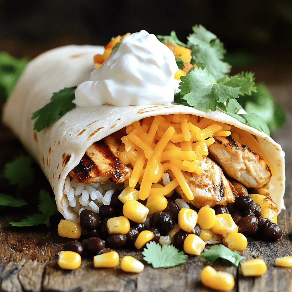To make a tasty burrito, gather these main items: - 1 lb boneless, skinless chicken thighs - 2 cups cooked rice (white or brown) - 1 can black beans, drained and rinsed - 1 cup corn (fresh, frozen, or canned) - 1 cup shredded cheddar cheese - 1 cup fresh salsa (store-bought or homemade) - 1 cup sour cream or Greek yogurt - 4 large flour tortillas - Fresh cilantro, chopped (for garnish) These ingredients form the heart of your burrito. The chicken thighs give a juicy base. The rice and beans add bulk and flavor. The salsa and cheese bring zest to each bite. For that Chipotle flair, use this marinade: - 2 tablespoons olive oil - 2 tablespoons lime juice - 1 tablespoon smoked paprika - 1 teaspoon ground cumin - 1 teaspoon garlic powder - 1 teaspoon onion powder - ½ teaspoon cayenne pepper (adjust for spice preference) - Salt and pepper to taste This marinade is key. It helps the chicken soak up all the great flavors. The lime juice gives it a fresh kick, while the spices add depth. Feel free to add these extras for more flavor: - Extra salsa - Sliced jalapeños - Avocado or guacamole - Extra cheese These optional items can elevate your burrito. They add more taste and texture. You can mix and match based on your preference. Enjoy customizing your meal! For the complete recipe, check out the Full Recipe. To start, gather your ingredients. You will need olive oil, lime juice, smoked paprika, ground cumin, garlic powder, onion powder, cayenne pepper, salt, and pepper. In a large bowl, mix the olive oil and lime juice first. Then, add the smoked paprika, cumin, garlic powder, onion powder, cayenne pepper, salt, and pepper. Stir everything together until it forms a smooth marinade. Now, add the chicken thighs. Make sure each piece is well coated in the marinade. Cover the bowl and place it in the fridge for at least 30 minutes. If you have time, letting it sit for up to 2 hours will give better flavor. Next, preheat your grill or grill pan to medium-high heat. While it heats up, take the chicken out of the marinade. Place the chicken on the grill and cook for about 6-7 minutes on each side. The chicken should reach an internal temperature of 165°F to be fully cooked. Once done, remove the chicken from the grill and let it rest for 5 minutes. This helps keep the chicken juicy. After resting, slice the grilled chicken into strips. Now it’s time to put your burrito together. Warm your flour tortillas in a dry skillet for about 30 seconds on each side. This step makes them easier to roll. Lay a warm tortilla flat on a clean surface. Start by adding a scoop of cooked rice. Next, layer on some black beans, corn, and a few slices of grilled chicken. Then, sprinkle on shredded cheese, add salsa, and finish with a dollop of sour cream. Carefully fold in the sides of the tortilla. Roll it tightly from the bottom up to form a burrito. Repeat this process for the remaining tortillas. If you want a crispy finish, grill the assembled burritos for an extra 2-3 minutes on each side. Serve them warm, and enjoy every bite! To get great flavor, you need a solid marinade. Start with good olive oil and fresh lime juice. The oil keeps the chicken moist while the lime juice adds zing. Use smoked paprika for that smoky taste. Adjust the cayenne pepper based on your spice level. Marinate the chicken for at least 30 minutes. If you can wait, two hours brings better flavor. Grilling chicken can be tricky. Preheat your grill to medium-high heat. This helps sear the chicken and lock in juices. Grill the chicken thighs for about 6-7 minutes on each side. Check that the inside reaches 165°F to ensure it’s safe to eat. After grilling, let the chicken rest for 5 minutes. This keeps it juicy when you slice it. Burritos are fun because you can make them your way! Start with rice and beans, then add your grilled chicken. You can mix in corn, cheese, and salsa. For extra flavor, try adding guacamole or jalapeños. Don’t forget fresh cilantro for garnish! Each bite can be different, making your meal exciting. You can find the full recipe in the earlier section. {{image_2}} You can easily make a vegetarian burrito. Start by swapping the chicken for grilled veggies. Use zucchini, bell peppers, and onions. These add a nice crunch and flavor. You can also replace the meat with beans. Black beans or pinto beans work great. For added protein, try lentils or chickpeas. You have many protein choices for your burrito. If you want something different, try steak or shrimp. Season them like you would the chicken. For a lighter option, use turkey or tofu. Just marinate the tofu in the same spices. It absorbs all the great flavors. This way, you can enjoy a tasty burrito no matter your protein preference. The rice and beans can change the taste of your burrito. For a zesty twist, add lime juice and cilantro to the rice. You can also mix in some corn for sweetness. For the beans, try adding spices like chili powder or cumin. This gives them a nice kick. Use different types of rice, too. Brown rice adds more fiber, while cilantro-lime rice brings fresh flavor. Ready to spice up your burrito? Check out the Full Recipe for more ideas! To store leftover burritos, wrap them tightly in plastic wrap or foil. This keeps them fresh and prevents drying out. You can also place them in an airtight container. Store them in the fridge for up to three days. If you want to save them longer, consider freezing. When ready to eat, unwrap the burrito. Place it on a plate and cover it with a damp paper towel. Microwave it on high for about 1-2 minutes. This method helps keep the tortilla soft. If you prefer the crispy texture, heat it in a skillet over medium heat for about 3-5 minutes, flipping once. To freeze your burritos, let them cool completely first. Wrap each burrito in plastic wrap, then place them in a freezer bag. Squeeze out any air before sealing. You can freeze them for up to three months. When you’re ready to eat, thaw them in the fridge overnight and reheat using the guidelines above. Enjoy your tasty burritos anytime! For the complete recipe, check out the Full Recipe. This burrito is a "Copycat" recipe because it mimics the famous Chipotle flavors. I use similar spices and cooking methods to recreate that beloved taste. By marinating the chicken in lime juice and spices, I bring out the fresh flavors you love. The ingredients match closely with what Chipotle uses, giving you a taste of the restaurant at home. Yes, you can make this burrito gluten-free! Simply swap the flour tortillas for gluten-free tortillas. Many brands offer great options that taste good and hold well. Check the labels to ensure they are certified gluten-free. You can enjoy all the flavors without the gluten. You can easily adjust the spice level to fit your taste. If you prefer less heat, reduce the cayenne pepper or leave it out. For more spice, add extra cayenne or include sliced jalapeños in the burrito. You can also use a spicy salsa to kick things up a notch. Taste as you go and find your perfect balance! In this article, I shared how to make a great burrito. We covered key ingredients, marinade, grilling tips, and assembling. You also learned about tasty variations, storage tips, and answers to common questions. Burritos are flexible and fun. You can make them your way. Enjoy creating, sharing, and tasting your own version of this dish!