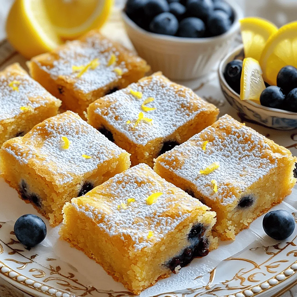 - 1 cup unsalted butter, melted - 1 ½ cups brown sugar, packed - 2 large eggs - 2 cups all-purpose flour - ½ cup white chocolate chips - Zest of 1 large lemon - 1 cup fresh or frozen blueberries 1. Preheat your oven to 350°F (180°C). 2. Line a 9x13 inch baking pan with parchment paper. Leave some paper hanging over the sides. This helps lift the blondies out later. 1. In a large bowl, whisk the melted butter and brown sugar together until smooth. 2. Add the eggs one at a time. Mix well after each one. Then add the vanilla extract. 3. In another bowl, whisk together the baking powder, baking soda, salt, and flour. 4. Slowly add the dry mix to the wet mix. Stir until just combined. Be careful not to over-mix. 5. Gently fold in the lemon zest, blueberries, and white chocolate chips if you’re using them. 1. Pour the batter into your prepared pan. Spread it out evenly. 2. Bake for 25-30 minutes. The edges should be golden and the center set. 3. To check doneness, insert a toothpick in the center. It should come out with a few moist crumbs. For the complete details, check the Full Recipe. To get the best texture in your blueberry lemon blondies, avoid over-mixing. When you combine the wet and dry ingredients, mix just until you see no flour. This keeps the blondies light and chewy. Cooling them properly is key too. After baking, let them sit in the pan for 15 minutes. Then, lift them out using the parchment paper. Place them on a wire rack to cool completely. This helps them set and makes cutting easier. Presentation matters. Serve your blondies on a bright platter. Dust them with powdered sugar for a sweet touch. Add a small bowl of fresh blueberries and lemon wedges next to them. This adds color and makes the dish pop. Pair these blondies with a refreshing drink. I recommend iced tea or lemonade. The tartness of the drinks balances the sweet blondies perfectly. Enjoying them this way elevates your dessert experience! Want to mix things up? You can add nuts or spices. Chopped walnuts or pecans give a nice crunch. A pinch of cinnamon can add warmth and depth to the flavor. You can also swap the blueberries. Try raspberries or diced strawberries for a different fruity twist. Each fruit brings its own unique taste to the blondies. If you need gluten-free options, use almond flour instead of all-purpose flour. It works well and keeps the blondies moist. For vegan adjustments, replace the eggs. Use flax eggs by mixing ground flaxseed with water. This swap keeps the blondies delicious while meeting dietary needs. To keep your Blueberry Lemon Blondies fresh, store them in an airtight container. Place a piece of parchment paper between layers to prevent sticking. You can keep them at room temperature for 2 to 3 days. For a longer shelf life, refrigerate them. In the fridge, they stay good for up to a week. Just let them come to room temperature before serving for the best taste. If you want to save your blondies for later, freezing is your best option. Cut the blondies into squares and wrap each piece tightly in plastic wrap. Then, place them in a freezer-safe bag or container. They can last up to 3 months in the freezer. To enjoy, thaw them in the fridge overnight or at room temperature for a few hours. This method helps keep their flavor and texture intact. To check if your blondies are done, look for golden edges. Insert a toothpick into the center. It should come out with a few moist crumbs, not wet batter. If it comes out clean, they might be overbaked. Keep a close eye on them during the last few minutes of baking. Yes, you can use frozen blueberries! Just add them straight from the freezer without thawing. They may make your batter a bit wetter, but the taste will still be great. If you want, you can toss them in a bit of flour before adding. This helps keep them from sinking to the bottom. To make dairy-free Blueberry Lemon Blondies, swap out the unsalted butter for a dairy-free butter alternative. You can also use applesauce or coconut oil as a substitute. Check your white chocolate chips for dairy content, or skip them altogether. Your blondies will still be tasty! {{image_2}} You now know how to make delicious Blueberry Lemon Blondies. We discussed key ingredients and optional add-ins for flavor. You learned step-by-step how to prep, mix, and bake these treats. I shared tips for perfect texture and serving ideas. You can also explore variations for dietary needs. Storage advice helps keep your blondies fresh. With this knowledge, your baking will impress family and friends. Enjoy making these tasty treats, and don’t forget to experiment!