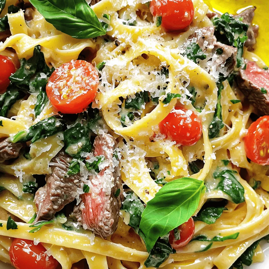 To make this creamy steak and pasta dinner, gather the following main ingredients: - 12 oz fettuccine or pasta of choice - 1 lb sirloin steak, thinly sliced - 2 tablespoons olive oil - 4 cloves garlic, minced - 1 cup heavy cream - 1 cup beef broth - 1 cup cherry tomatoes, halved - 1 cup fresh spinach - 1 teaspoon Italian seasoning - Salt and pepper to taste - Grated Parmesan cheese for serving - Fresh basil leaves for garnish These ingredients create a rich and tasty meal. The steak adds protein, while the pasta carries the creamy sauce. You can enhance the dish with these optional ingredients: - Mushrooms for extra flavor - Red pepper flakes for spice - Fresh herbs like parsley or thyme These options let you customize the dish to your taste. To prepare this meal, you will need: - Large pot for boiling pasta - Large skillet for cooking steak and sauce - Cooking spoon for stirring - Knife for slicing steak and vegetables Having the right tools makes cooking easier and more fun. For the full recipe, check the instructions provided above. Start by boiling water in a large pot. Add a pinch of salt to the water for flavor. Once the water reaches a rolling boil, add 12 oz of fettuccine or your favorite pasta. Cook the pasta according to the package instructions until it’s al dente. This usually takes about 8-10 minutes. After cooking, save ½ cup of the pasta water before draining. Set the drained pasta aside while you move on to the steak. Next, grab a large skillet and heat 2 tablespoons of olive oil over medium-high heat. While the oil heats, season 1 lb of thinly sliced sirloin steak with salt and pepper. Once the oil is hot, add the steak to the skillet. Cook for about 2-3 minutes until the steak is browned and cooked to your liking. Remember, overcooking can make the steak tough. After cooking, remove the steak from the skillet and set it aside. In the same skillet, add 4 cloves of minced garlic and sauté for about 30 seconds until fragrant. This will add a wonderful flavor to your sauce. Pour in 1 cup of beef broth and 1 cup of heavy cream. Stir well to combine the ingredients. Bring the mixture to a gentle simmer. As it simmers, it will thicken up and become creamy. Now it’s time to bring everything together! Stir in 1 teaspoon of Italian seasoning, 1 cup of halved cherry tomatoes, and 1 cup of fresh spinach. Keep stirring until the spinach wilts and the tomatoes soften. If your sauce looks too thick, add some of the reserved pasta water to loosen it. Finally, add the cooked pasta and seared steak back into the skillet. Toss everything together so the pasta and steak are coated in the creamy sauce. Taste and adjust with more salt and pepper if needed. Now you're ready to serve your creamy steak and pasta dinner! For the complete recipe, check the [Full Recipe](#). To make a great cream sauce, start with quality ingredients. Use fresh garlic and good beef broth. Sauté the garlic just until it smells nice. If you cook it too long, it can taste bitter. When you add the heavy cream, stir gently. Let it simmer for a few minutes. If the sauce is too thick, add reserved pasta water. This will help make it creamy and smooth. Choose sirloin steak for its flavor and tenderness. Slice the steak thinly for quick cooking. Heat the skillet until it is hot. This browns the steak well. Don’t crowd the pan. Cook in batches if needed. Let the steak rest after cooking. This keeps it juicy. You can season it simply with salt and pepper for great taste. Always use a large pot for boiling pasta. This helps it cook evenly. Add enough salt to the water; it should taste like the sea. Cook the pasta until it is al dente, which means firm to the bite. Reserve some pasta water before draining. This starchy water can help thicken your sauce. After draining, toss the pasta with a bit of olive oil to prevent sticking. {{image_2}} You can switch up your pasta to fit your taste. While fettuccine is great, you can use penne, spaghetti, or even whole wheat pasta. Each type offers a unique bite. If you want a fun twist, try using spiralized zucchini as a low-carb option. It pairs well with the creamy sauce. While sirloin is the star in this dish, other cuts work too. Ribeye adds a rich flavor, while flank steak offers a leaner option. You can also try tenderloin for a more tender bite. Each cut will change the taste slightly, so feel free to experiment based on what you love. Adding veggies or fresh herbs can elevate your meal. Spinach is a great choice, but you can also add bell peppers, mushrooms, or asparagus. They add color and nutrition. Fresh herbs like parsley or basil enhance the dish's flavor. Just sprinkle them on top right before serving for a fresh touch. After enjoying your creamy steak and pasta, let any leftovers cool down. Place them in an airtight container. Store the container in the fridge. Your leftovers will stay fresh for up to three days. Make sure to label the container with the date so you remember when you made it. To reheat, you can use the stove or microwave. If using the stove, add a splash of water or broth to a pan. Heat it over low heat and stir until warm. If using the microwave, place the pasta in a bowl. Cover it with a damp paper towel and heat in 30-second bursts until hot. Stir between each burst to heat evenly. If you want to save some for later, you can freeze it! Let the dish cool completely. Then, transfer it to a freezer-safe container. Make sure to leave some space at the top, as it will expand when frozen. It will last about two months in the freezer. To defrost, move it to the fridge overnight before reheating. For the best taste, try to eat it within a month. For the full recipe, check the section above! You can use milk and butter. Mix 1 cup of milk with 2 tablespoons of melted butter. This mix gives a creamy texture without heavy cream. You can also try coconut cream or cashew cream for a dairy-free option. Each choice adds a unique flavor to the dish. Yes, you can! Use gluten-free pasta instead of regular pasta. Many brands offer tasty gluten-free options. Just check the label to ensure it's truly gluten-free. This way, you enjoy a creamy steak and pasta dinner without the gluten. Use a meat thermometer for the best results. For medium-rare, aim for 135°F. For medium, go for 145°F. If you do not have a thermometer, check the color. A pink center usually means it is cooked well. Practice makes perfect, so don’t be afraid to try! For the full recipe and more details, check out the [Full Recipe] link. This will guide you through each step in detail for a creamy and delicious meal. This blog post explored how to create a creamy steak and pasta dinner. We discussed key ingredients, tips for cooking, and tools needed. I shared step-by-step instructions to help you succeed. You learned about variations to suit your taste and how to store leftovers properly. In the end, cooking this meal can be easy and fun. With practice, you can impress anyone at your table. Enjoy making this dish your own!