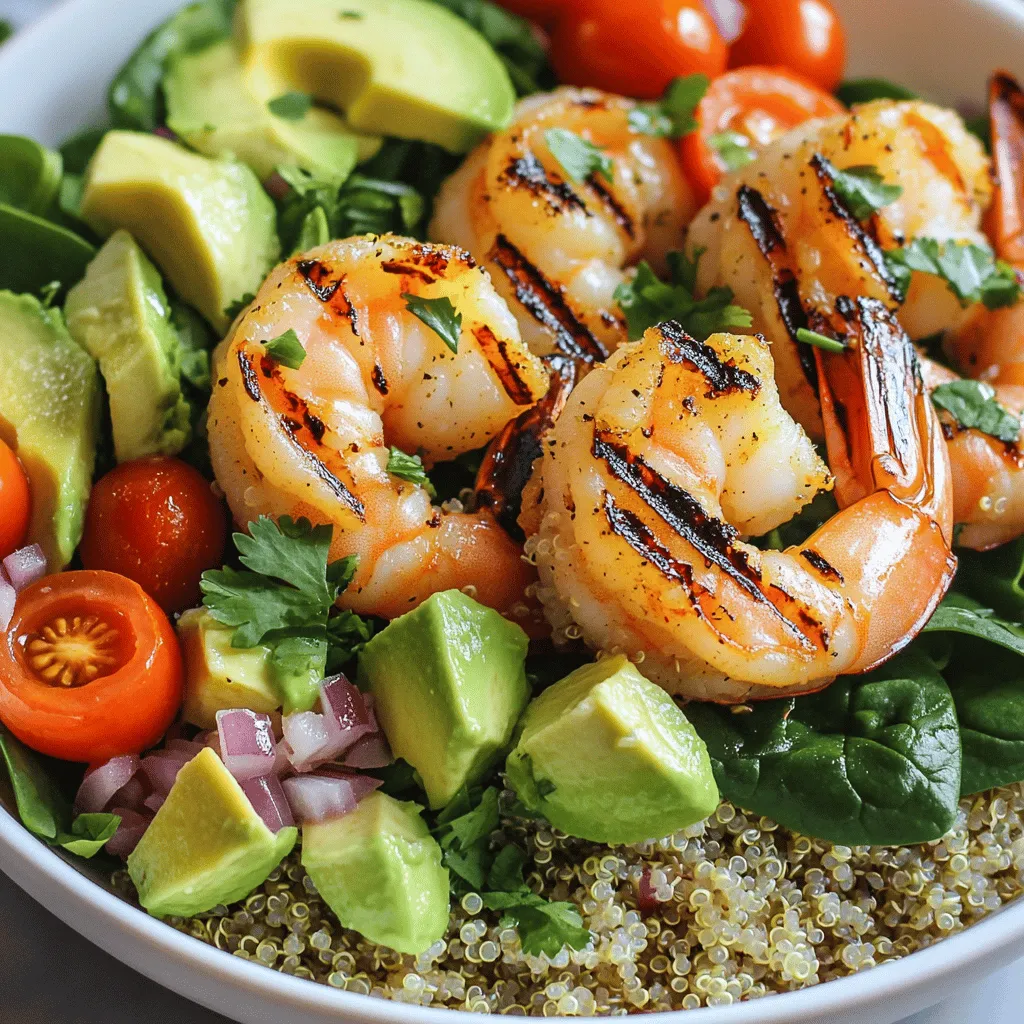 For the Grilled Shrimp Bowl, you will need: - 1 pound large shrimp, peeled and deveined - 2 ripe avocados, diced - 1 cup cooked quinoa - 1 cup cherry tomatoes, halved - 1/2 red onion, finely chopped - 1 cup baby spinach - 2 tablespoons olive oil - 1 tablespoon lime juice - 1 teaspoon smoked paprika - 1 teaspoon garlic powder - Salt and pepper to taste - Fresh cilantro for garnish You can also use optional garnishes and seasonings like sliced jalapeños or a dash of hot sauce if you prefer a kick. Each serving of this bowl contains approximately: - Calories: 450 - Protein: 25 grams - Fats: 20 grams - Carbohydrates: 45 grams This meal is filling and packed with nutrients. The shrimp adds lean protein, while avocados provide healthy fats. To make this dish, you'll need some basic tools: - Mixing bowl for marinating shrimp - Grill or grill pan for cooking - Large serving bowl for assembling the dish - Knife and cutting board for chopping ingredients For grilling, a gas or charcoal grill works best. If you prefer indoors, a grill pan is a great alternative. Make sure it’s preheated to get perfect grill marks on your shrimp. For the complete recipe, check out the [Full Recipe]. Start by marinating the shrimp. In a bowl, mix the shrimp with olive oil, lime juice, smoked paprika, garlic powder, salt, and pepper. Make sure the shrimp is well-coated. This mix adds great flavor. For the best shrimp texture, choose fresh or thawed shrimp. If shrimp is frozen, let it thaw in the fridge overnight. Next, preheat your grill or grill pan over medium-high heat. A hot grill helps create a nice sear. Once hot, grill the shrimp for about 2-3 minutes per side. Look for the shrimp to turn pink and opaque. Don't overcrowd the grill; give each shrimp space to cook evenly. Now it's time to put everything together. Start by layering cooked quinoa in a large bowl as the base. Add fresh baby spinach on top, followed by the grilled shrimp. Then, layer diced avocado, halved cherry tomatoes, and finely chopped red onion. To finish, drizzle with a bit more lime juice and sprinkle salt and pepper. When you toss the ingredients, do it gently. You want to mix them without crushing the avocados. This keeps your bowl fresh and colorful. Enjoy your Grilled Shrimp Bowl with Avocado! For more details, check the Full Recipe. When you choose avocados, look for a few key signs. They should feel firm but give slightly when you press them. If they are hard, they are not ripe yet. If they feel mushy, they are overripe. To keep avocados fresh, store them in a cool place or the fridge once ripe. If you cut an avocado, sprinkle lime juice on the flesh. This helps prevent browning. Wrap it tightly in plastic wrap or store it in an airtight container. Grilling shrimp takes just a few minutes. Cook them over medium-high heat for about 2-3 minutes per side. They are ready when they turn pink and opaque. Adjust the seasoning to match your taste. You can add more spices or herbs. If you prefer a milder flavor, reduce the seasoning. To boost the taste, try different herbs and spices. Fresh cilantro and parsley add brightness. You can also use cumin or chili powder for a warm, savory note. If you like heat, add a few drops of hot sauce or a pinch of cayenne pepper. This will give your bowl an extra kick that pairs well with the shrimp and avocado. For the full recipe, check the earlier section. Enjoy your cooking! {{image_2}} You can swap shrimp with chicken or tofu. Both work well in this bowl. If you choose chicken, cut it into small pieces. Cook it until it’s no longer pink, about 6-8 minutes on the grill. For tofu, press it first to remove excess water. Then, grill it for about 4-5 minutes on each side. Adjust the cooking times to ensure your proteins are safe and tasty. To make this dish vegan, skip the shrimp. Use chickpeas or tempeh instead. Both add great texture and flavor. You can also add more toppings like diced bell peppers or shredded carrots. These will enhance the bowl and keep it colorful and fun. Try adding a drizzle of tahini or a sprinkle of nutritional yeast for an extra boost. Focus on fresh, seasonal veggies and fruits. In spring, add asparagus or snap peas. In summer, use zucchini or corn. In fall, try roasted sweet potatoes or apples. Adjust the recipe based on what’s available at your local market. This keeps your dish fresh and exciting. Whenever you can, use what’s in season for the best taste. For the full recipe, check out the steps to create this delightful grilled shrimp bowl with avocado. To keep your grilled shrimp bowl fresh, store it in an airtight container. Place it in the fridge right after serving. This helps prevent bacteria growth. The shrimp and veggies stay good for about two days. If you want to keep it longer, you can freeze it. Just ensure the shrimp are cool before freezing. You can freeze it for up to three months. When you want to enjoy your leftovers, reheat them gently. The best way is to use a microwave. Heat it on medium power for about one to two minutes. Stir halfway through to ensure even heating. You can also use a skillet on low heat. This helps maintain the shrimp's texture. Avoid high heat, as it can make the shrimp tough. You can make this bowl ahead of time for busy weeknights. Cook a large batch of quinoa and shrimp. Store them separately in the fridge. When you need a meal, combine them with fresh veggies. Portion them into grab-and-go containers for easy lunches or dinners. This way, you have a delicious meal ready in minutes. For the freshest taste, add avocado just before eating. You can find the full recipe above to guide your prep. Yes, you can make this recipe ahead of time. Here are some tips for meal prepping: - Cook the shrimp and store it in an airtight container. It stays good for up to three days. - Prepare the quinoa and keep it in the fridge. It will last for about five days. - Chop the veggies and avocados just before serving. This helps keep them fresh. - You can mix everything in a bowl when you are ready to eat. This keeps flavors bright and tasty. If you need a substitute for quinoa, try these options: - Rice: Brown or white rice works well. - Farro: This grain has a nice chewy texture. - Couscous: This is quick to cook and very light. - Cauliflower rice: A great low-carb option for gluten-free diets. Make sure to adjust cooking times based on the grain you choose. You can tell when shrimp is cooked by these signs: - The shrimp turns pink when cooked. - It becomes opaque and firm to the touch. - Cook shrimp for 2-3 minutes on each side. To avoid overcooking, watch carefully. Overcooked shrimp can become rubbery and tough. Enjoy your perfectly grilled shrimp! For the full recipe, check out the Grilled Shrimp Bowl with Avocado. In this post, we explored how to create a delicious Grilled Shrimp Bowl, covering ingredients, cooking techniques, and tips for preparation. You learned about essential tools, nutritional details, and variations to suit your taste. Whether you stick to the classic recipe or try something new, the right ingredients and techniques make all the difference. Enjoy this meal with friends or as a quick weeknight treat. Keep experimenting, and make it your own!