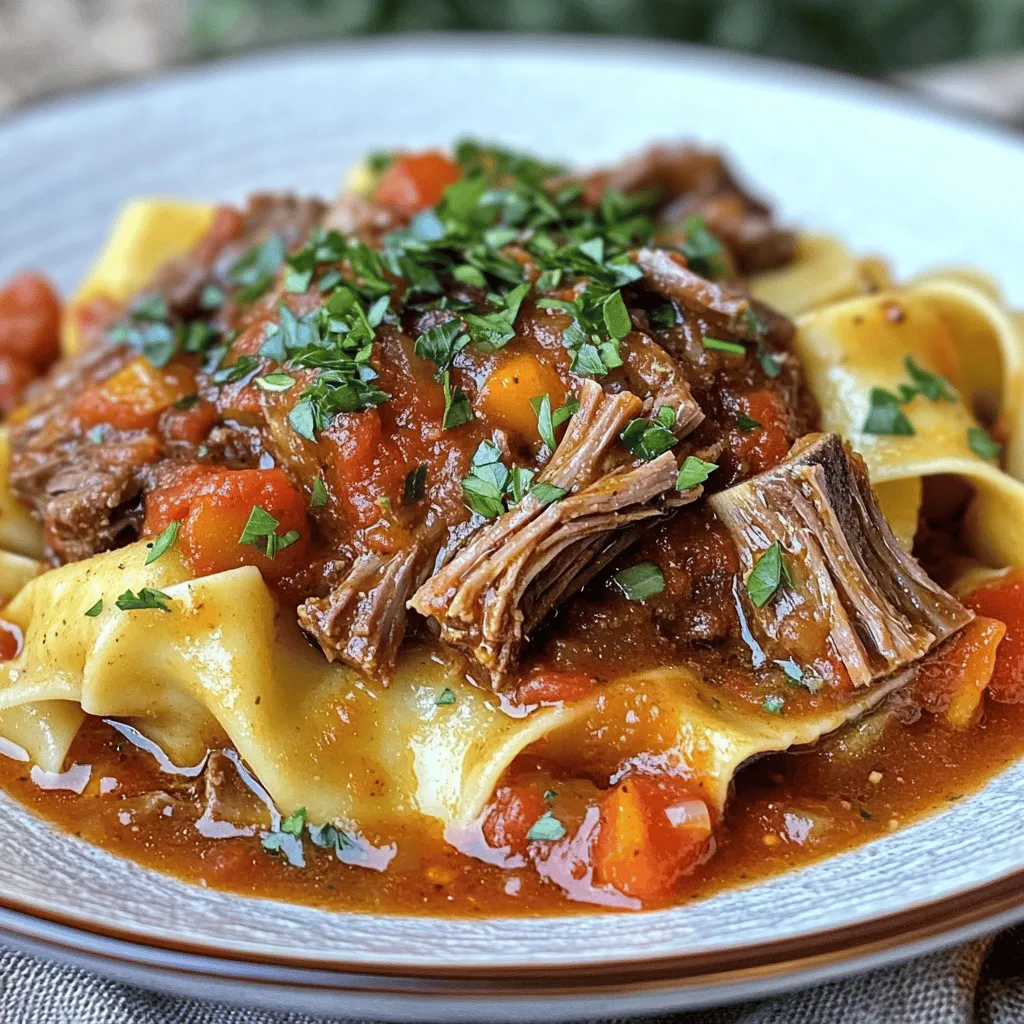 - 2 pounds bone-in beef short ribs - 12 ounces pappardelle pasta - 1 onion, diced - 2 cloves garlic, minced - 1 large carrot, diced - 1 stalk celery, diced - 1 teaspoon dried thyme - 1 teaspoon dried oregano - 1 bay leaf - 2 tablespoons olive oil - 1 can (14 ounces) crushed tomatoes - 1 cup beef broth - Salt and pepper to taste - Fresh parsley, chopped (for garnish) Gather these ingredients before you start cooking. The short ribs give the ragu a rich flavor. The pappardelle pasta adds a nice texture. Diced onion, carrot, and celery create the base of the sauce. Garlic adds depth, while thyme and oregano bring warmth. The crushed tomatoes and beef broth create a hearty sauce. Olive oil helps to sauté the veggies. Salt and pepper enhance the flavors, and fresh parsley adds a bright finish. For the full recipe, refer back to the beginning. - Sear the short ribs: Start by heating 2 tablespoons of olive oil in a heavy pot over medium-high heat. Season 2 pounds of bone-in beef short ribs with salt and pepper. Sear the ribs for 4-5 minutes on each side. This will give the meat a nice brown crust. Once browned, remove the ribs and set them aside. - Sauté the vegetables: In the same pot, add 1 diced onion, 1 large diced carrot, and 1 stalk of diced celery. Toss in 2 minced garlic cloves as well. Cook these for about 5-6 minutes. You want the onions to turn translucent and the veggies to soften. - Add remaining ingredients to the pot: Return the short ribs to the pot. Pour in 1 can of crushed tomatoes and 1 cup of beef broth. Add 1 teaspoon of dried thyme, 1 teaspoon of dried oregano, and 1 bay leaf. Stir everything together and bring it to a simmer. - Cook low and slow: Cover your pot and reduce the heat to low. Let it cook for 2.5 to 3 hours. This slow cooking makes the short ribs tender. You will know they are done when they pull apart easily with a fork. - Prepare the pappardelle pasta: About 15 minutes before the ragu finishes cooking, boil 12 ounces of pappardelle pasta in salted water. Cook until al dente, then drain and set aside. - Shred the beef and combine: Remove the short ribs from the pot. Shred the meat with two forks and discard the bones. Return the shredded beef to the pot. Stir well and let it simmer for another 10 minutes. - Serve with garnish: Toss the cooked pappardelle with the ragu, ensuring the pasta is well coated. Serve warm, garnished with chopped fresh parsley for a pop of color. For the full recipe, refer to the earlier section. Choosing the right cut of meat is key. Bone-in beef short ribs work best. The bones add flavor and richness to the sauce. Look for marbled meat. This fat helps keep the meat tender during cooking. Low and slow cooking is vital for success. It breaks down tough fibers in the meat. This process makes the short ribs melt in your mouth. Cooking for 2.5 to 3 hours is ideal. Patience is your friend here! To boost flavor, use a good mix of seasonings. Salt and pepper are a must. Fresh herbs like parsley can uplift the dish. You can also add a splash of red wine for depth. If you’re missing an ingredient, don’t fret. You can swap in different veggies like bell peppers or mushrooms. You can use other pasta types too, like fettuccine or rigatoni. Just keep the cooking time in mind. Pair your ragu with a nice red wine. A Chianti or a Merlot works well. These wines match the rich flavors of the dish. For sides, consider a fresh salad or garlic bread. Both can balance the meal. When serving, make the dish look nice. A sprinkle of fresh parsley adds a pop of color. You can also serve the ragu over creamy polenta for a twist. For the full recipe, be sure to check out the details above! {{image_2}} You can change the pasta type for your ragu. Try using fettuccine or rigatoni. These shapes hold the sauce well. You can also use whole wheat pasta for a healthier choice. For vegetables, mix it up! Use bell peppers or zucchini instead of carrot and celery. You can also add mushrooms for more flavor. Fresh herbs like basil or rosemary can enhance the taste too. Adding a splash of red wine can deepen the flavor. Use a dry red wine for best results. If you prefer a sweet twist, balsamic vinegar works nicely. Just a tablespoon can brighten up the dish. For spice lovers, sprinkle in some chili flakes. This gives your ragu a nice kick. Adjust the amount based on your heat preference. Your taste buds will thank you! If you need gluten-free options, look for gluten-free pasta. There are many great brands available now. You can also use polenta as a base for the ragu. It adds a creamy texture. For a vegetarian version, swap short ribs for mushrooms or lentils. Use vegetable broth instead of beef broth. This still gives you a hearty meal. You won’t miss the meat at all! For the full recipe of Savory Short Rib Ragu, check out the main article. To store leftover ragu, cool it down quickly. Place it in an airtight container. Store it in the fridge for up to three days. When reheating, warm it on the stove over low heat. Stir often to prevent sticking. You can also use a microwave but check it often. To freeze the ragu, let it cool completely first. Portion it into freezer-safe containers. Leave some space at the top for expansion. You can also use heavy-duty freezer bags. Squeeze out the air before sealing. Ragu can last for up to three months in the freezer. In the fridge, ragu lasts about three days. In the freezer, it can stay good for three months. Look for signs of spoilage like off smells or mold. If it’s discolored or has a strange texture, throw it out. Always trust your senses when it comes to food safety. Savory short rib ragu is a rich and hearty sauce made with tender beef short ribs. This dish boasts deep flavors from slow cooking, making it perfect for a comforting meal. The short ribs become soft and easy to shred, mixing beautifully with the sauce. Often served over pasta, it brings warmth and satisfaction to any table. The combination of tomatoes, herbs, and beef creates a flavorful experience. Making this ragu ahead of time is easy and smart. You can prepare it one or two days in advance. Just follow the full recipe and let it cool before storing. Place it in an airtight container in the fridge. When you are ready to eat, gently reheat it on the stove. This allows the flavors to blend even more. Yes, using a slow cooker works well for savory short rib ragu. Start by searing the short ribs in a pan. Then, transfer them to the slow cooker. Add the sautéed vegetables and remaining ingredients. Set your slow cooker to low for 6 to 8 hours. This method makes the meat very tender and flavorful. Pair savory short rib ragu with pappardelle pasta for a classic touch. You can also serve it with creamy polenta or crusty bread. A fresh salad or steamed green vegetables enhance the meal. For drinks, a glass of red wine complements the flavors perfectly. Savory short rib ragu is a rich, hearty dish perfect for cozy meals. We covered key ingredients like beef short ribs, pappardelle pasta, and fresh herbs. I shared step-by-step instructions and helpful tips for cooking and serving. You can even customize it with different flavors or dietary options. Remember, low and slow cooking brings out the best flavors. Enjoy making this dish for family and friends!