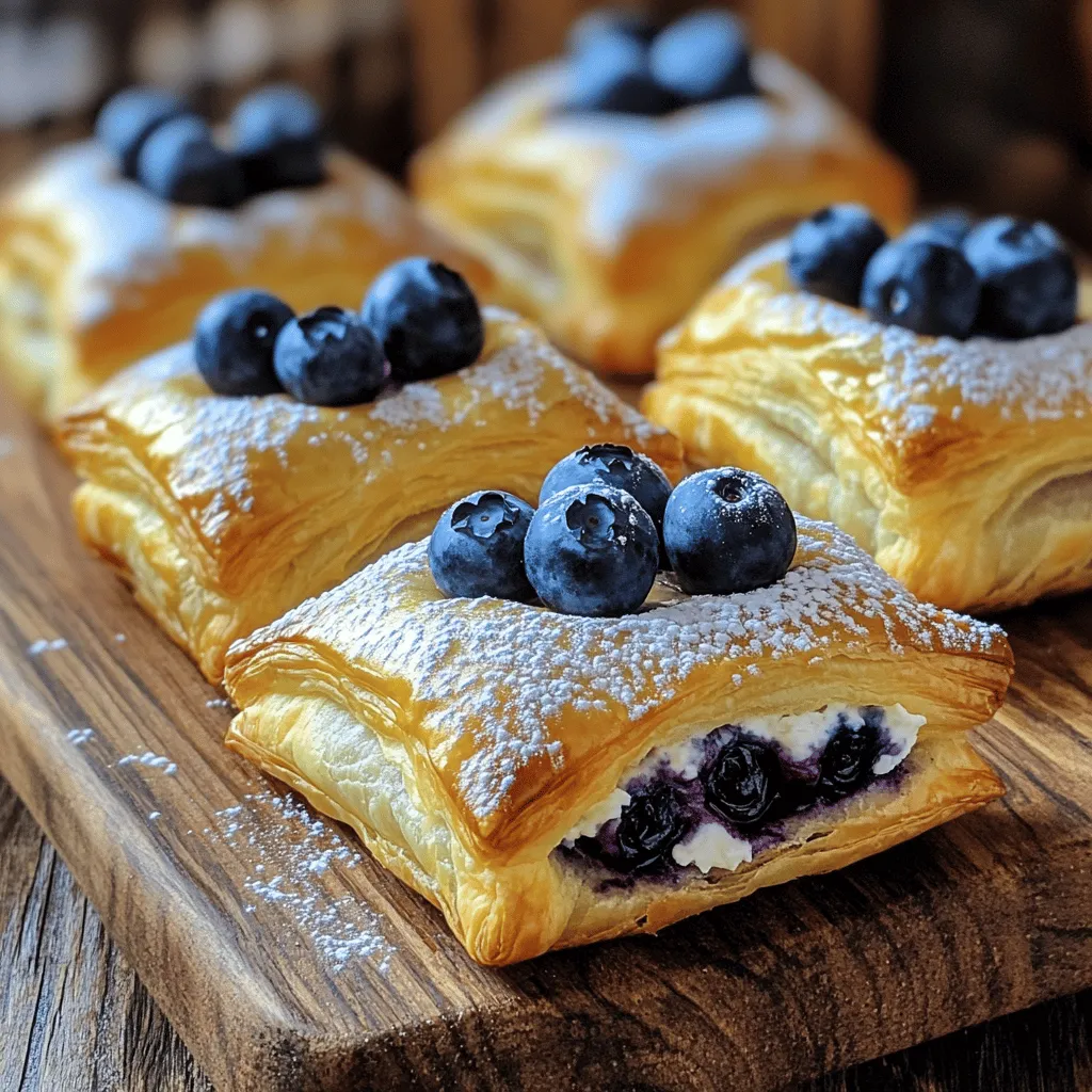 To create the perfect Blueberry Cream Cheese Puff Pastry, you need simple yet delicious ingredients. Here’s what you’ll need: - 1 sheet of puff pastry, thawed - 8 oz cream cheese, softened - 1/2 cup powdered sugar - 1 teaspoon vanilla extract - 1 1/2 cups fresh blueberries (divided) - 1 egg (for egg wash) - 1 tablespoon milk - Pinch of salt Each ingredient plays a key role in the overall taste and texture of the dish. The puff pastry gives a light and flaky base, while the cream cheese adds a rich, creamy layer. The sweetness of the powdered sugar and the warm notes from the vanilla extract enhance the flavors. Fresh blueberries lend a burst of juiciness and tartness, making every bite a delight. When you gather these ingredients, aim for freshness, especially with the blueberries. They make a big difference in flavor! You can find the full recipe to guide you through the preparation and cooking steps. Enjoy the process of making this treat; it’s as fun as it is rewarding! 1. Preheat your oven to 400°F (200°C). This ensures even baking. Line a baking sheet with parchment paper. It helps prevent sticking. 2. Mix the cream cheese filling. In a medium bowl, take 8 oz of softened cream cheese. Add 1/2 cup powdered sugar, 1 teaspoon vanilla extract, and a pinch of salt. Beat this mixture until it is smooth. This will be your sweet, creamy center. 3. Roll out the puff pastry. On a lightly floured surface, take a sheet of thawed puff pastry. Roll it out gently to smooth any creases. Cut the pastry into 4 equal squares. 1. Fill and seal the pastry squares. Place 2 tablespoons of the blueberry cream cheese mixture in the center of each pastry square. Make sure to leave room at the edges. Fold the corners toward the center to create a pocket. Pinch the edges to seal them well. This keeps the filling inside. 2. Add the egg wash and final blueberries. In a small bowl, whisk together 1 egg and 1 tablespoon of milk. Brush this egg wash on top of each pastry for a golden finish. Finally, top each pastry with the remaining 1/2 cup of blueberries. Press them gently into the tops. 1. Bake the pastries. Place the baking sheet in the preheated oven. Bake for 15-20 minutes. You want the pastries to be puffed and golden brown. 2. Allow the pastries to cool before serving. Once baked, remove them from the oven. Let them cool slightly on the baking sheet. This helps them set a bit before you serve them. For the complete recipe, check out [Full Recipe]. Enjoy making these delightful treats! To get the best texture from your puff pastry, make sure it is cold. Cold pastry puffs up better. When you roll out the dough, be gentle. Too much pressure can flatten the layers. For sealing pastry pockets, pinch the corners tightly. This step stops any filling from leaking out while baking. You can also use a fork to press down the edges. This adds a nice touch and seals the pastry well. To make your pastries look great, dust them with powdered sugar right before serving. You can also add a few fresh blueberries on top for color. Arrange them nicely on a plate to impress your guests. Pair these pastries with a cup of tea or coffee. The sweet blueberry and cream cheese flavors go well with both. You can even serve them with a scoop of vanilla ice cream. It's a delightful treat! One big mistake is overfilling the pastries. Stick to about 2 tablespoons of filling. If you add too much, they can burst open while baking. Another mistake is not preheating the oven. Always heat it to 400°F (200°C) before baking. This step helps the pastries puff up perfectly and achieve that golden brown color. {{image_2}} You can play with the flavors in this recipe. Instead of blueberries, try using raspberries or strawberries. Both fruits add great taste and color. You can also mix fruits for a fun twist. For cream cheese, consider adding lemon zest or using a flavored cream cheese like chive or herb. These small changes can make your dish unique. If you need vegan options, replace the cream cheese with a vegan cream cheese. There are many great brands available now. For puff pastry, look for gluten-free options. Many stores sell gluten-free puff pastry that works well. Always check the label to ensure it fits your needs. Want smaller treats? Cut the puff pastry into mini squares. This makes perfect bite-sized snacks for parties. You can also double the recipe if you have a big gathering. This way, you will have enough for everyone to enjoy. Just remember to adjust the baking time if you make larger batches. To keep your blueberry cream cheese puff pastries fresh, store them in the refrigerator. Place them in an airtight container. This way, they stay moist and tasty. When you want to enjoy them again, reheat in the oven. Set it to 350°F (175°C) for about 10 minutes. This helps them regain their crisp texture. If you have leftovers, you can freeze them. Wrap each pastry tightly in plastic wrap, then place them in a freezer bag. This keeps the flavor and texture intact. When you're ready to eat, thaw them in the fridge overnight. Reheat in the oven for the best results. These pastries last about 3-5 days in the fridge. Check for any signs of spoilage. If they smell sour or look discolored, it's time to toss them. Enjoy your blueberry cream cheese puff pastry delight while they're fresh! For the full recipe, refer back to the earlier section. If you need a dairy-free option, try using cashew cream. Blend soaked cashews until smooth to get a creamy texture. You can also use silken tofu. It has a similar consistency and will work well in this recipe. Just add a bit of lemon juice for a tangy flavor. Yes, you can use frozen blueberries. They work well in this recipe. However, they may release more juice, making the filling a bit runny. This can affect the final pastry's texture. To help with this, thaw the berries and drain any excess juice before mixing them in. If your puff pastry does not puff, check the oven temperature. It should be hot enough to create steam. Also, make sure you didn’t overwork the dough. Handle it gently to keep those layers intact. Lastly, ensure your baking sheet is not overcrowded, which can trap steam. You can prep the filling and store it in the fridge for a day. Roll out the puff pastry and cut it into squares. Store them in the fridge, covered with plastic wrap. Assemble the pastries just before baking for the best results. This keeps them fresh and flaky. This blog post guided you through making delicious puff pastry filled with cream cheese and blueberries. We covered key ingredients, step-by-step instructions, and helpful tips. You learned about variations, storage, and common mistakes to avoid. Remember, practice makes perfect. Use these insights to create tasty treats for yourself or guests. Enjoy the process and share your creations with others. Baking can be fun and rewarding when you know how to make it right!