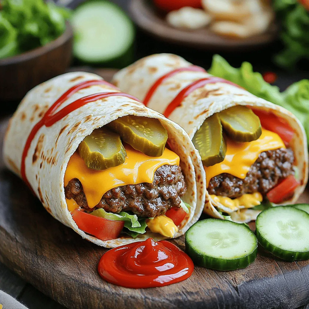 - Ground beef specifics Use 1 lb of ground beef with an 80/20 blend. This mix keeps the meat juicy. - Tortilla options I like large flour tortillas for wraps. They hold everything well. You can also try whole wheat or corn tortillas for a twist. - Cheese varieties Shredded cheddar cheese is my go-to. It melts nicely and gives great flavor. You can also use Monterey Jack or pepper jack for extra zest. - Recommended spices for flavor Add 1 teaspoon each of garlic powder, onion powder, and smoked paprika. These spices boost the taste of the beef. Don’t forget salt and pepper to season. - Recommended extras Ketchup and mustard are classic choices. I recommend 1/4 cup of each for that cheeseburger taste. You can also add BBQ sauce for a smoky flavor. - Garnishing options Diced tomatoes and pickles add crunch and freshness. Try adding fresh lettuce or sliced cucumbers on the side for extra color. 1. Mixing the beef and spices Start by taking a large bowl. Add 1 pound of ground beef. Then, sprinkle in 1 teaspoon each of garlic powder, onion powder, and smoked paprika. Add salt and pepper to taste. Use your hands to mix everything well. This blend makes the beef tasty. 2. Preheating the air fryer Next, set your air fryer to 400°F (200°C). Let it heat for about 5 minutes. This step helps cook the patties evenly. 3. Shaping the patties Take a portion of your beef mix, about 1/4 pound. Flatten it into a small patty. Repeat this for the rest of the beef. You should have 4 nice patties ready to go. 1. Initial cooking of patties Place the patties in the air fryer basket. Cook for 10-12 minutes. Flip them halfway through. This gives them a golden crust. They should be fully cooked when done. 2. Assembling the wraps Once the patties cool a bit, grab a tortilla. Place one patty in the center. Top it with 1/4 cup of shredded cheddar cheese, diced tomatoes, and pickles. Drizzle with ketchup and mustard. Roll the tortilla tightly and fold in the sides. 3. Final air frying for crispiness Spray the outside of each wrap with cooking spray or olive oil. Place them back in the air fryer in a single layer. Cook at 400°F (200°C) for 5-6 minutes. They will turn golden and crispy. Enjoy your delicious wraps! Check out the Full Recipe for more details. To ensure even cooking, use small, uniform patties. This helps them cook at the same rate. Flip the patties halfway through cooking. It gives both sides a nice golden color. To avoid soggy wraps, let the cooked patties cool slightly before wrapping. This keeps the tortillas crisp. Also, use a light spray of oil on the outside. It helps achieve a crunchy finish in the air fryer. Adjust cooking times based on your air fryer model. Not all air fryers cook the same. You may need to check your wraps a few minutes early or add extra time if needed. You can add more toppings for extra flavor. Try adding lettuce, onions, or avocado. These can make the wraps more exciting and tasty. If you like heat, adjust the spices. You can add a pinch of cayenne or chili powder. This will give your wraps a nice kick. For cheese variation, try different types like pepper jack or gouda. Each adds a unique taste to the wraps. Experimenting with cheese can lead to delicious results. {{image_2}} You can change the meat in your wraps for a healthier taste. Using turkey or chicken works great. Both options are leaner but still juicy. If you want a gluten-free option, try a corn or rice tortilla. These alternatives are easy to find. For a meatless wrap, use black beans or lentils. They add protein and flavor without the meat. Add fun flavors from different regions! For a Southwestern twist, toss in some jalapeños. They give your wraps a nice kick. If you crave a Mediterranean touch, sprinkle some feta cheese inside. This cheese adds a creamy texture and tangy taste. Want something unique? Try BBQ sauce and coleslaw in your wraps. This twist gives a sweet and savory flavor that will impress everyone. For the full recipe, check out the details above. To keep your Air Fryer cheeseburger wraps fresh, store them in the fridge. Wrap each one in foil or plastic wrap. This helps keep moisture in and prevents them from drying out. Place the wrapped wraps in an airtight container. They will last for up to three days. When you are ready to eat the leftovers, reheat them in the air fryer. Set it to 350°F (175°C) for about 5 minutes. This will help the wraps regain their crispiness. You can also use a microwave if you are in a hurry. However, the microwave will not give the same crunchy texture. If you want to save some wraps for later, you can freeze them. First, let the wraps cool completely. Then, wrap each one tightly in plastic wrap. You can also use freezer bags. Make sure to remove as much air as possible. This prevents freezer burn. Frozen wraps can last up to two months. When you want to enjoy a frozen wrap, take it out of the freezer. Let it thaw in the fridge overnight. Once thawed, reheat in the air fryer at 350°F (175°C) for about 8-10 minutes. This ensures they heat evenly and stay crispy. How to prevent wraps from getting soggy? To keep your wraps crispy, use a light hand with sauces. Too much ketchup or mustard can make them wet. Also, make sure to cook the patties until they are brown and not too juicy. After cooking, let the patties cool a bit before adding them to the wrap. This helps reduce moisture. Can I make these wraps ahead of time? You can make the patties ahead. Cook and cool them, then store in the fridge. When you’re ready to eat, just assemble the wraps and air fry them for a quick meal. If you want to make the full wrap ahead, store them in the fridge but use them within a day for best taste. What type of air fryer is best for this recipe? Most air fryers work well for this recipe. A basket-style air fryer is great for even cooking. Make sure your air fryer has enough space for four wraps to cook at once. If needed, you can cook in batches. Calorie count per serving Each serving has about 500 calories. This can vary based on the beef and cheese you use. If you want to cut calories, use leaner beef or less cheese. Healthier modifications available You can use ground turkey or chicken instead of beef. Whole wheat tortillas are a great swap. Adding more veggies like lettuce or bell peppers boosts nutrition without many calories. Protein content details Each wrap packs about 30 grams of protein. The beef and cheese give a good protein boost. If you choose turkey or add beans, protein stays high while cutting fat. In this blog post, we explored how to make delicious air fryer wraps. We covered the main ingredients like beef, tortillas, and cheese options. You learned step-by-step instructions for preparing, cooking, and assembling your wraps. With tips on even cooking and flavor boosts, you can create the best wraps at home. Finally, we discussed variations, storage, and answered your burning questions. Making these wraps is fun and easy, so enjoy your cooking journey!