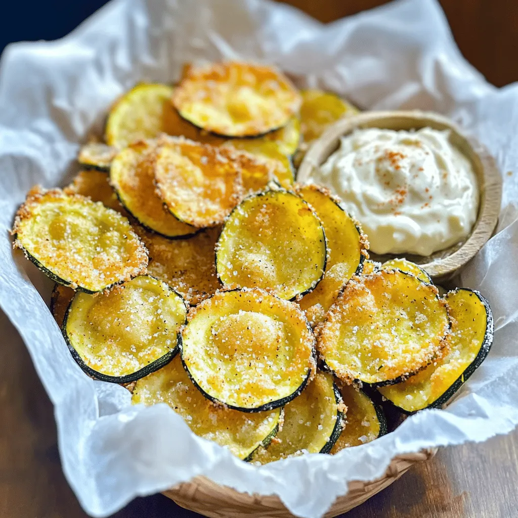 - 2 medium zucchinis - 1 cup panko breadcrumbs - ½ cup grated parmesan cheese - 1 teaspoon garlic powder - 1 teaspoon onion powder - ½ teaspoon smoked paprika - ½ teaspoon salt - ¼ teaspoon black pepper - 1 large egg, beaten - Cooking spray When you gather these ingredients, think of how fun it will be! Zucchini is tasty and healthy. Panko breadcrumbs add crunch, while parmesan cheese gives flavor. Garlic and onion powders boost taste too. Smoked paprika adds a lovely touch with its warm, smoky flavor. You can adjust the spices based on what you like. Want it spicier? Add a pinch of cayenne pepper! Or switch up the cheese—try cheddar or nutritional yeast for a vegan twist. Make sure you have a large egg; it helps the crumbs stick well. Cooking spray is key for that extra crispiness. Trust me, these crunchy zucchini chips will be a hit! Check out the Full Recipe to see how to put everything together. Enjoy your time in the kitchen! 1. Preheat your oven to 225°F (110°C). Line two baking sheets with parchment paper. This helps the chips not stick. 2. Wash the zucchinis well. Slice them thinly, about 1/8 inch. You can use a mandoline or a sharp knife. Pat the slices dry with paper towels. This step is key to getting crispy chips. 3. In a shallow bowl, mix 1 cup of panko breadcrumbs, ½ cup of grated parmesan cheese, 1 teaspoon of garlic powder, 1 teaspoon of onion powder, ½ teaspoon of smoked paprika, ½ teaspoon of salt, and ¼ teaspoon of black pepper. This mix adds great flavor. 1. In a separate bowl, beat 1 large egg until mixed. This will help the breadcrumbs stick. 2. Dip each zucchini slice into the beaten egg. Let the extra egg drip off. 3. Next, coat the zucchini slice in the breadcrumb mixture. Press the crumbs onto the zucchini to help them stick well. 1. Lay the coated zucchini chips in a single layer on the prepared baking sheets. Make sure they do not overlap. 2. Lightly spray the tops with cooking spray. This adds extra crispiness. 3. Bake the zucchini chips for about 2 hours. Flip them halfway through baking. This ensures they get crispy on both sides. Keep an eye on them. Baking times may change depending on your oven. 4. When the chips look golden and crispy, take them out of the oven. Let them cool on the tray for a few minutes before serving. For the full recipe, check out the details above. Enjoy your crunchy zucchini chips! To make the best crunchy zucchini chips, slicing matters. Aim for slices about 1/8 inch thick. Thinner slices cook faster and become crispier. Use a sharp knife or a mandoline for even cuts. After slicing, dry the zucchini well with paper towels. Removing moisture helps make them extra crispy. Oven temperature plays a vital role too. Preheat your oven to 225°F (110°C). This low temperature allows the chips to dry out slowly. Baking them for about two hours will give you that perfect crunch. Flip them halfway to ensure they brown evenly. Keep an eye on them; every oven is different. Zucchini chips are great on their own, but you can make them even better. Pair them with dips like hummus, ranch, or spicy aioli. These dips add flavor and make the chips more fun to eat. For a fun presentation, serve the chips in a small basket lined with parchment paper. This makes it look fancy and keeps them warm. You can also sprinkle some fresh herbs on top for a pop of color. If you have leftover zucchini chips, store them well to keep them crispy. Place the chips in an airtight container. Avoid stacking them too high, as this can cause them to lose their crunch. For the best taste, eat the chips within three days. After that, they may become stale. You can also re-crisp them in the oven at 300°F (150°C) for a few minutes. This way, you can enjoy them just as much as when they were fresh from the oven. {{image_2}} You can boost the taste of your zucchini chips easily. Try adding spices like cayenne pepper or Italian herbs. These can make your chips exciting. You can also swap out parmesan for cheddar or feta cheese. Each type of cheese gives a new flavor twist to the chips. If you want a healthier version, use whole wheat breadcrumbs or nutritional yeast. These options add fiber and nutrients. Baking is always a great choice. It keeps the chips crunchy without the extra oil from frying. You can enjoy tasty chips without the guilt. Zucchini isn't your only option here. You can use eggplant, sweet potatoes, or carrots too. Each veggie has its own cooking time. Thin slices of sweet potato need about 30 minutes, while sliced eggplant cooks in about 25 minutes. Adjust your baking time to get the best crunch! For the complete recipe, check out the Full Recipe section. A serving of crunchy zucchini chips is about 1 ounce. Here’s what you get: - Calories: 130 - Fat: 8g - Carbohydrates: 10g - Protein: 5g Zucchini is low in calories and high in water. This makes it a great snack for weight management. It also provides vitamins A and C, which help with your immune system. Plus, the fiber in zucchini aids digestion and keeps you feeling full. Homemade zucchini chips beat store-bought ones in many ways. Most commercial chips are high in sodium and preservatives. They often lack the fresh taste and crunch you get from making them at home. When you make zucchini chips, you control the ingredients. You can use less salt and add your favorite spices. This way, you create a snack that's healthier and more flavorful. Homemade snacks are generally better for you, as they have fewer additives and more nutrients. Can I use other types of squash? You can use other squash like yellow squash or pattypan squash. They will give a different taste but still be tasty. Just slice them thinly like zucchini. How do I make these chips gluten-free? To make the chips gluten-free, swap the panko breadcrumbs for gluten-free breadcrumbs. Check the label to ensure they are certified gluten-free. What size of zucchini is best for chips? Medium zucchinis work best. They have a good balance of size and moisture. Aim for zucchinis that are firm and not too big to prevent sogginess. Can I make this recipe dairy-free? Yes, you can use nutritional yeast instead of parmesan cheese. It gives a cheesy flavor without dairy. You can also try dairy-free cheese shreds. How can I adjust baking times for different ovens? Oven times can vary. Check your chips around the 1.5-hour mark. If they are not crispy, give them more time, flipping them halfway through. What is the best way to store zucchini chips? Store the chips in an airtight container at room temperature. They will stay crispy for a few days but taste best fresh. How to reheat chips without losing crispiness? To reheat, place the chips in a single layer on a baking sheet. Bake at 350°F (175°C) for about 5-10 minutes. This keeps them crispy and warm. Zucchini chips are a tasty and healthy snack you can make at home. We covered the best ingredients, easy prep steps, and tips for crispy results. You learned how to vary flavors and store leftovers. Making your chips beats store-bought options in health and taste. Enjoy this fun recipe, and share it with friends. You’ll impress them with your yummy and crunchy zucchini chips. Happy cooking!
