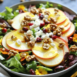 - 2 Honeycrisp apples, thinly sliced - 4 cups mixed greens (arugula and spinach work well) - 1/2 cup crumbled feta cheese - 1/4 cup walnuts, roughly chopped - 1/4 cup dried cranberries - 2 tablespoons olive oil - 1 tablespoon apple cider vinegar - 1 tablespoon honey - Salt and pepper to taste When making a Honeycrisp apple and feta salad, choose fresh Honeycrisp apples. Their sweet and crisp flavor shines in this salad. The feta cheese adds a creamy and tangy touch that balances the sweetness of the apples. I love using mixed greens like arugula and spinach. They provide a nice base and a variety of textures. Adding walnuts gives a satisfying crunch. They also add healthy fats and protein. Dried cranberries bring a burst of sweetness, which complements the flavors well. For the dressing, I mix apple cider vinegar with honey. This creates a sweet and tangy dressing that brings all the flavors together. A touch of salt and pepper enhances everything. This simple combination makes the salad fresh and flavorful. You can find the full recipe [here]. 1. Whisking the dressing Start by grabbing a small bowl. Add the olive oil, apple cider vinegar, honey, salt, and pepper. Use a whisk to mix them well. This dressing brings a nice sweetness and tang to the salad. 2. Layering the mixed greens Next, take a large salad bowl. Place the mixed greens at the bottom. You can use arugula and spinach for a fresh taste. This layer gives a nice base for the rest of the salad. 1. Arranging apples and feta Now, take your thinly sliced Honeycrisp apples. Arrange them beautifully on top of the greens. The apples add a crisp texture and a sweet flavor. Then, sprinkle the crumbled feta cheese evenly over the apples. The saltiness of feta balances the sweetness of the apples. 2. Adding walnuts and cranberries After that, sprinkle the roughly chopped walnuts on top. They provide a lovely crunch. Then, add the dried cranberries. Their sweetness complements the apples and feta perfectly. 1. Gently combining the ingredients Drizzle the dressing over the entire salad. Use your hands or a large spoon to gently toss everything. Be careful not to bruise the apples. You want to keep them looking nice. 2. Presentation tips Serve the salad in a large, shallow bowl. This way, the vibrant colors stand out. For a finishing touch, garnish with a few walnut halves and cranberries on top. This adds extra flair and makes the dish more appealing. For the full recipe, check out the details above. - Choosing the right Honeycrisp apples: Look for firm apples with a bright color. A little blush on the skin shows they are ripe and sweet. Avoid apples with soft spots or bruises. - How to keep apples from browning: To prevent browning, soak sliced apples in a mix of water and lemon juice. Use one tablespoon of lemon juice for each cup of water. This keeps your salad looking fresh and tasty. - Adding herbs for freshness: Fresh herbs can make your salad pop. Try adding chopped mint or basil. They bring a nice touch and elevate the flavors. - Adjusting the sweetness of the dressing: If you like a sweeter taste, add more honey to the dressing. Start with a teaspoon and taste as you go. Balance it with vinegar so it stays bright. - Ideal accompaniments for the salad: Serve this salad with grilled chicken or fish for a full meal. It pairs well with crusty bread or a light soup too. - Perfect pairings for a meal: A crisp white wine complements the flavors nicely. Consider a Sauvignon Blanc or a light Pinot Grigio. These drinks enhance the sweetness of the apples and the saltiness of the feta. For the complete recipe, check the [Full Recipe]. {{image_2}} You can change the cheese in this salad. Try goat cheese or blue cheese for a different taste. Both add great flavor and texture. You can also mix in seasonal fruits. In summer, use peaches or berries. In the fall, pears or figs work well. These fruits add sweetness and make the salad exciting. If you need gluten-free options, this salad is perfect. All the ingredients are naturally gluten-free. You can also make it vegan. Replace feta cheese with crumbled tofu or a nut-based cheese. This keeps the creaminess while making it plant-based. Use maple syrup instead of honey for sweetness. In summer, add fresh berries like strawberries or blueberries. They pair well with the Honeycrisp apples. For a fall twist, include roasted squash. This adds warmth and heartiness to the dish. You can also roast the walnuts for extra flavor. Adjusting the recipe for the season keeps it fresh and fun. For the complete recipe, check out the [Full Recipe]. To keep your Honeycrisp apple and feta salad fresh, store it right. First, separate the dressing from the salad. This keeps the greens crisp and the apples bright. Use airtight containers for best results. Glass containers work well. They do not stain and keep odors out. If you can, wrap leftover salad tightly in plastic wrap. In the refrigerator, this salad lasts about 2 to 3 days. After that, the apples may become mushy. Check for signs of spoilage. If you see brown spots on the apples or the greens wilt, it’s time to toss the salad. Trust your nose too; if it smells off, don’t eat it. You can repurpose salad ingredients easily. Try adding leftover mixed greens to a sandwich or wrap. Toss apples in oatmeal for a sweet breakfast. Crumbled feta can enhance a pasta dish or a grain bowl. Use walnuts in baked goods or as a crunchy topping on yogurt. For more ideas, check out the Full Recipe to see how to make new meals with your leftovers. To make this salad, gather your ingredients first. Start by whisking olive oil, apple cider vinegar, honey, salt, and pepper in a small bowl. This makes a tasty dressing. Then, in a large bowl, layer the mixed greens as a base. Next, add the thinly sliced Honeycrisp apples on top. Sprinkle crumbled feta cheese over the apples. After that, add walnuts and dried cranberries for crunch and sweetness. Finally, drizzle the dressing over the salad and toss gently. Be careful not to bruise the apples. This recipe is quick and easy. You can find the full recipe above. Yes, you can make this salad ahead of time. If you want to prepare it early, keep the dressing separate. This way, the greens stay fresh and crisp. You can slice the apples and mix them with a little lemon juice. This helps prevent browning. Store the salad in the fridge in an airtight container. When you are ready to eat, just add the dressing and toss everything together. You can get creative with this salad! Some popular add-ins include: - Sliced pears for sweetness - Avocado for creaminess - Grilled chicken for protein - Sunflower seeds for extra crunch These additions will enhance the flavor and texture. Mix and match to find your favorite combination! Yes, this recipe works well for meal prep. To make it easier, store the ingredients separately. Keep the greens, apples, and toppings in different containers. You can add the dressing just before eating. This will keep everything fresh. It’s a great way to have a healthy lunch ready for the week! This salad combines Honeycrisp apples, feta cheese, and mixed greens. You also add walnuts and cranberries for crunch and sweetness. A simple dressing ties the flavors together. Making this salad is easy and fun. You can try different cheeses or seasonal fruits too. Store leftovers smartly to keep them fresh. In the end, this salad is both delicious and adaptable. It is perfect for any meal or a healthy snack. Enjoy experimenting with it!