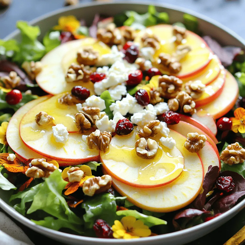 - 2 Honeycrisp apples, thinly sliced - 4 cups mixed greens (arugula and spinach work well) - 1/2 cup crumbled feta cheese - 1/4 cup walnuts, roughly chopped - 1/4 cup dried cranberries - 2 tablespoons olive oil - 1 tablespoon apple cider vinegar - 1 tablespoon honey - Salt and pepper to taste When making a Honeycrisp apple and feta salad, choose fresh Honeycrisp apples. Their sweet and crisp flavor shines in this salad. The feta cheese adds a creamy and tangy touch that balances the sweetness of the apples. I love using mixed greens like arugula and spinach. They provide a nice base and a variety of textures. Adding walnuts gives a satisfying crunch. They also add healthy fats and protein. Dried cranberries bring a burst of sweetness, which complements the flavors well. For the dressing, I mix apple cider vinegar with honey. This creates a sweet and tangy dressing that brings all the flavors together. A touch of salt and pepper enhances everything. This simple combination makes the salad fresh and flavorful. You can find the full recipe [here]. 1. Whisking the dressing Start by grabbing a small bowl. Add the olive oil, apple cider vinegar, honey, salt, and pepper. Use a whisk to mix them well. This dressing brings a nice sweetness and tang to the salad. 2. Layering the mixed greens Next, take a large salad bowl. Place the mixed greens at the bottom. You can use arugula and spinach for a fresh taste. This layer gives a nice base for the rest of the salad. 1. Arranging apples and feta Now, take your thinly sliced Honeycrisp apples. Arrange them beautifully on top of the greens. The apples add a crisp texture and a sweet flavor. Then, sprinkle the crumbled feta cheese evenly over the apples. The saltiness of feta balances the sweetness of the apples. 2. Adding walnuts and cranberries After that, sprinkle the roughly chopped walnuts on top. They provide a lovely crunch. Then, add the dried cranberries. Their sweetness complements the apples and feta perfectly. 1. Gently combining the ingredients Drizzle the dressing over the entire salad. Use your hands or a large spoon to gently toss everything. Be careful not to bruise the apples. You want to keep them looking nice. 2. Presentation tips Serve the salad in a large, shallow bowl. This way, the vibrant colors stand out. For a finishing touch, garnish with a few walnut halves and cranberries on top. This adds extra flair and makes the dish more appealing. For the full recipe, check out the details above. - Choosing the right Honeycrisp apples: Look for firm apples with a bright color. A little blush on the skin shows they are ripe and sweet. Avoid apples with soft spots or bruises. - How to keep apples from browning: To prevent browning, soak sliced apples in a mix of water and lemon juice. Use one tablespoon of lemon juice for each cup of water. This keeps your salad looking fresh and tasty. - Adding herbs for freshness: Fresh herbs can make your salad pop. Try adding chopped mint or basil. They bring a nice touch and elevate the flavors. - Adjusting the sweetness of the dressing: If you like a sweeter taste, add more honey to the dressing. Start with a teaspoon and taste as you go. Balance it with vinegar so it stays bright. - Ideal accompaniments for the salad: Serve this salad with grilled chicken or fish for a full meal. It pairs well with crusty bread or a light soup too. - Perfect pairings for a meal: A crisp white wine complements the flavors nicely. Consider a Sauvignon Blanc or a light Pinot Grigio. These drinks enhance the sweetness of the apples and the saltiness of the feta. For the complete recipe, check the [Full Recipe]. {{image_2}} You can change the cheese in this salad. Try goat cheese or blue cheese for a different taste. Both add great flavor and texture. You can also mix in seasonal fruits. In summer, use peaches or berries. In the fall, pears or figs work well. These fruits add sweetness and make the salad exciting. If you need gluten-free options, this salad is perfect. All the ingredients are naturally gluten-free. You can also make it vegan. Replace feta cheese with crumbled tofu or a nut-based cheese. This keeps the creaminess while making it plant-based. Use maple syrup instead of honey for sweetness. In summer, add fresh berries like strawberries or blueberries. They pair well with the Honeycrisp apples. For a fall twist, include roasted squash. This adds warmth and heartiness to the dish. You can also roast the walnuts for extra flavor. Adjusting the recipe for the season keeps it fresh and fun. For the complete recipe, check out the [Full Recipe]. To keep your Honeycrisp apple and feta salad fresh, store it right. First, separate the dressing from the salad. This keeps the greens crisp and the apples bright. Use airtight containers for best results. Glass containers work well. They do not stain and keep odors out. If you can, wrap leftover salad tightly in plastic wrap. In the refrigerator, this salad lasts about 2 to 3 days. After that, the apples may become mushy. Check for signs of spoilage. If you see brown spots on the apples or the greens wilt, it’s time to toss the salad. Trust your nose too; if it smells off, don’t eat it. You can repurpose salad ingredients easily. Try adding leftover mixed greens to a sandwich or wrap. Toss apples in oatmeal for a sweet breakfast. Crumbled feta can enhance a pasta dish or a grain bowl. Use walnuts in baked goods or as a crunchy topping on yogurt. For more ideas, check out the Full Recipe to see how to make new meals with your leftovers. To make this salad, gather your ingredients first. Start by whisking olive oil, apple cider vinegar, honey, salt, and pepper in a small bowl. This makes a tasty dressing. Then, in a large bowl, layer the mixed greens as a base. Next, add the thinly sliced Honeycrisp apples on top. Sprinkle crumbled feta cheese over the apples. After that, add walnuts and dried cranberries for crunch and sweetness. Finally, drizzle the dressing over the salad and toss gently. Be careful not to bruise the apples. This recipe is quick and easy. You can find the full recipe above. Yes, you can make this salad ahead of time. If you want to prepare it early, keep the dressing separate. This way, the greens stay fresh and crisp. You can slice the apples and mix them with a little lemon juice. This helps prevent browning. Store the salad in the fridge in an airtight container. When you are ready to eat, just add the dressing and toss everything together. You can get creative with this salad! Some popular add-ins include: - Sliced pears for sweetness - Avocado for creaminess - Grilled chicken for protein - Sunflower seeds for extra crunch These additions will enhance the flavor and texture. Mix and match to find your favorite combination! Yes, this recipe works well for meal prep. To make it easier, store the ingredients separately. Keep the greens, apples, and toppings in different containers. You can add the dressing just before eating. This will keep everything fresh. It’s a great way to have a healthy lunch ready for the week! This salad combines Honeycrisp apples, feta cheese, and mixed greens. You also add walnuts and cranberries for crunch and sweetness. A simple dressing ties the flavors together. Making this salad is easy and fun. You can try different cheeses or seasonal fruits too. Store leftovers smartly to keep them fresh. In the end, this salad is both delicious and adaptable. It is perfect for any meal or a healthy snack. Enjoy experimenting with it!