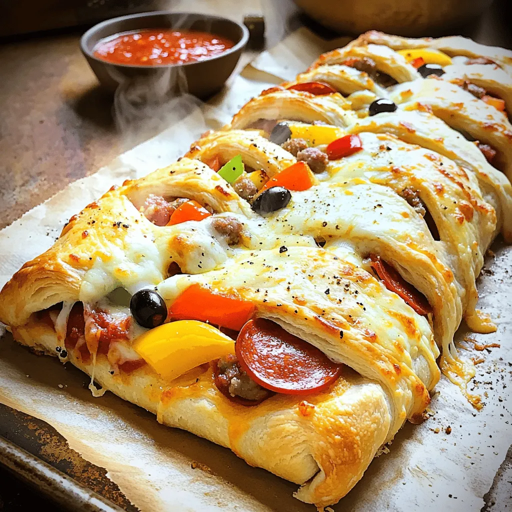 To make your Homemade Stromboli, you need the following ingredients: - 1 pound pizza dough (store-bought or homemade) - 1 cup mozzarella cheese, shredded - 1/2 cup provolone cheese, shredded - 1/2 cup pepperoni slices - 1/2 cup cooked Italian sausage, crumbled - 1/2 cup bell peppers, thinly sliced (red and green) - 1/4 cup black olives, sliced - 1 teaspoon Italian seasoning - 1/2 teaspoon garlic powder - 1 egg, beaten (for egg wash) - Olive oil, for brushing - Marinara sauce, for dipping I recommend choosing high-quality brands for the best taste. For pizza dough, look for brands like Pillsbury or Trader Joe's. They make great store-bought dough that rolls out easily. For cheese, try Galbani mozzarella and BelGioioso provolone. These brands melt well and add rich flavor to your Stromboli. Feel free to make this recipe your own! You can add other meats like ham or salami. Spinach or mushrooms can give it a veggie twist. You can even switch up the cheese. Cheddar or feta can bring new flavors. Get creative with what you love to eat! Just keep the main structure the same for best results. To make a great Stromboli, start with the dough. You can use store-bought pizza dough or make your own. If you choose to make it, combine yeast, warm water, flour, and salt. Knead the dough until it’s smooth. Let it rise for about an hour in a warm spot. If you buy dough, let it sit out for 30 minutes. This helps it stretch better. Once your dough is ready, roll it out on a floured surface. Aim for a rectangle shape, about 1/4 inch thick. Next, sprinkle the mozzarella and provolone cheese evenly over the dough. Leave a small border around the edges. Then, layer on the pepperoni, cooked sausage, bell peppers, and olives. To boost flavors, add Italian seasoning and garlic powder on top. Now, start rolling the dough from one long edge. Roll tightly like a log, tucking in the edges. Pinch the seams to seal it well. Transfer your rolled Stromboli to a baking sheet, seam side down. Brush olive oil on top, then apply the beaten egg wash for a nice color. With a sharp knife, make diagonal slashes on top to let steam escape. Bake it at 400°F for 25-30 minutes. It should turn golden brown. After baking, let it cool for a few minutes before slicing. Serve it warm with marinara sauce for dipping. For full details, refer to the Full Recipe. To get the best results, start with room-temperature dough. This makes it easy to stretch. Use a lightly floured surface, and gently press the dough into a rectangle. If the dough shrinks back, let it rest for a few minutes. This helps it relax. Aim for about 1/4 inch thick. This thickness gives you a nice crunch. Spillage can ruin your Stromboli. To avoid this, layer your toppings neatly. Leave a small border around the edges. As you roll, tuck in the filling tightly. Pinch the seams and ends well. This seals the Stromboli and keeps the filling inside. Making diagonal slashes on top also helps steam escape. For the perfect bake, preheat your oven to 400°F (200°C). Bake your Stromboli for 25-30 minutes. Look for a golden brown color on the dough. This means it’s done. If you like a crispier crust, bake for a few more minutes. Always let it cool for a few minutes before slicing. Enjoy with marinara sauce for dipping. For more tips and a detailed recipe, check the Full Recipe. {{image_2}} You can easily make a vegetarian stromboli. Just swap out the meat for fresh veggies. Try spinach, mushrooms, or zucchini. Add some artichokes for a tasty twist. Use a mix of your favorite vegetables. They will add color and flavor. For cheese, stick with mozzarella and provolone. These melt well and taste great. If you love meat, mix it up! You can use ham, salami, or turkey. Each meat brings its own flavor. For a spicy kick, try adding hot sausage or chorizo. You can also layer in some cooked chicken or beef. Just remember to keep the total amount about 1 to 1.5 cups. This way, your stromboli stays balanced and tasty. Cheese is key to a great stromboli. While mozzarella and provolone are classic, you can try others. Cheddar adds a sharp flavor, while gouda gives a smoky touch. For a rich taste, use ricotta mixed with herbs. Feta cheese also works well for a tangy twist. Choose what you love, and don’t be afraid to mix cheeses! For the full recipe, refer to the earlier section. Store leftover Stromboli in an airtight container. It keeps well in the fridge for up to three days. Make sure it cools down first before storing. This way, it won’t create steam, which can make it soggy. To reheat, use your oven for the best results. Preheat it to 350°F (175°C). Place the Stromboli on a baking sheet. Heat for about 10-15 minutes or until warm. If you want a crispy crust, cover it loosely with foil to keep moisture in while it warms. You can also use a microwave but know it might make the crust soft. You can freeze unbaked Stromboli to enjoy later. Prepare the Stromboli but don’t bake it. Wrap it tightly in plastic wrap and then in foil. This keeps it fresh for up to three months. When ready to bake, remove it from the freezer and let it thaw in the fridge overnight. Preheat your oven and then bake as per the full recipe instructions. Stromboli comes from Italy, specifically from the region of Naples. It is named after the volcano Stromboli. This dish is similar to calzones but is rolled instead of folded. Many believe it was created in the United States by Italian immigrants. They wanted a fun, portable meal that was easy to eat. Today, Stromboli is loved worldwide for its tasty fillings and crispy crust. Yes, you can make Stromboli ahead of time! Prepare it up to the baking step. After rolling it, wrap it in plastic wrap. Store it in the fridge for up to 24 hours. You can also freeze it for longer storage. Just be sure to thaw it in the fridge before baking. This makes it a great option for busy days or family gatherings. Homemade Stromboli pairs well with many sides. Here are some great options: - A fresh green salad with light dressing - Garlic bread for extra flavor - Marinara sauce for dipping - Roasted vegetables for a healthy touch Each of these adds a nice balance to your meal. Enjoy your Stromboli with any of these tasty sides. Check out the Full Recipe for more tips! To make homemade Stromboli, follow these clear steps. First, preheat your oven to 400°F (200°C). Line a baking sheet with parchment paper. Roll out one pound of pizza dough on a floured surface. Aim for a rectangle about 1/4 inch thick. Next, sprinkle 1 cup of mozzarella cheese and 1/2 cup of provolone cheese evenly over the dough. Leave a small border around the edges. Then, add layers of 1/2 cup of pepperoni slices, 1/2 cup of cooked Italian sausage, 1/2 cup of thinly sliced bell peppers, and 1/4 cup of sliced black olives. For flavor, sprinkle 1 teaspoon of Italian seasoning and 1/2 teaspoon of garlic powder across the toppings. Now, starting from one long edge, carefully roll the dough tightly into a log shape. Tuck in the edges to keep the filling from spilling out. Pinch the seams and ends to seal your Stromboli. Transfer the rolled Stromboli to the baking sheet, seam side down. Brush the top with olive oil and use a beaten egg for a nice finish. Make several diagonal slashes on top for steam to escape. Bake for 25 to 30 minutes, until golden brown. Let it cool for a few minutes and then slice. Serve warm with marinara sauce for dipping. Each serving of homemade Stromboli provides a hearty meal. Here is a quick look at the nutritional facts: - Calories: Approximately 350 per serving - Protein: About 16 grams - Fat: Roughly 18 grams - Carbohydrates: Around 32 grams - Fiber: 2 grams These numbers may vary based on the exact ingredients used. Always check labels for more precise information. Serve your homemade Stromboli warm with a side of marinara sauce. You can add a simple salad or some garlic bread for a complete meal. For a fun twist, try different dipping sauces. Experiment with ranch dressing or spicy marinara. Enjoy this dish with family and friends; it’s perfect for gatherings! Making Stromboli is fun and easy. We covered the best ingredients, brands, and optional additions for taste. The step-by-step guide showed how to prepare the dough and assemble your dish. I shared tips for perfecting the dough and preventing spills. You can personalize your Stromboli with great variations while learning about storage. Overall, this guide helps you create a delicious meal with ease. Now, it’s your turn to enjoy this tasty treat!