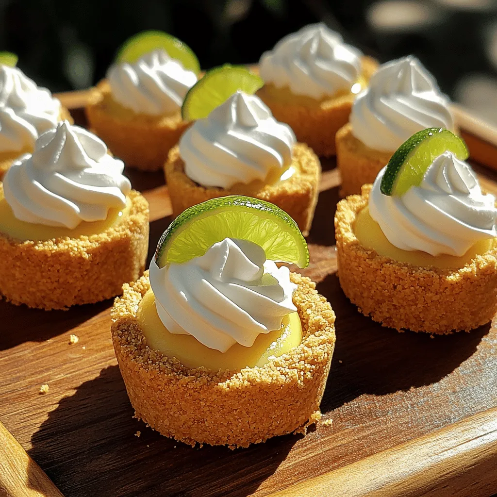 To make Key Lime Pie Mini Desserts, you need these key ingredients: - 1 cup graham cracker crumbs - 1/4 cup unsalted butter, melted - 2 tablespoons sugar - 1 can (14 oz) sweetened condensed milk - 1/2 cup fresh key lime juice (or regular lime juice) - 2 large egg yolks - 1 teaspoon lime zest - Whipped cream, for topping - Lime slices, for garnish These ingredients create a creamy filling and a crunchy crust. They blend together to make each bite refreshing and light. You can change up the recipe with these fun additions: - Coconut flakes for a tropical twist - Fresh berries for added sweetness - A sprinkle of sea salt to enhance flavors These options let you personalize your mini desserts. You can adjust the taste to match your mood! If you can’t find something, here are some swaps: - Use gluten-free graham crackers for a gluten-free crust. - Honey or maple syrup can replace sugar. - Greek yogurt can substitute for sweetened condensed milk. These substitutions keep the spirit of the recipe while catering to different diets. Feel free to experiment and find what works best for you! For the full recipe, check out the Key Lime Pie Mini Desserts section. To start, preheat your oven to 350°F (175°C). In a large bowl, combine the graham cracker crumbs, melted butter, and sugar. Mix until the crumbs are evenly coated. Next, take a mini muffin tin. Spoon the mixture into each cup, filling them about three-quarters full. Press down firmly to form the crusts. Bake these for 5-7 minutes until they turn a light golden color. Once done, remove them from the oven and let the crusts cool completely. In another bowl, whisk together the sweetened condensed milk, key lime juice, egg yolks, and lime zest. Keep mixing until the filling is smooth and well combined. This mixture will add that zesty kick to your mini desserts. Now, it's time to fill the cooled crusts. Pour the filling into each crust, leaving a little space on top for the filling to expand. Return the muffin tin to the oven and bake for 10-12 minutes. The filling should be set but still jiggle slightly in the center. Once baked, allow them to cool at room temperature. After they cool, refrigerate the mini key lime pies for at least 2 hours until they chill thoroughly. This step makes them even more refreshing. When ready to serve, top each mini dessert with whipped cream and a lime slice for garnish. Enjoy your delightful treat! For the full recipe, check out the details above. A great crust makes all the difference. Start with fresh graham cracker crumbs for the best taste. Mix them with melted butter and sugar. This mix should feel like wet sand. Press it firmly into your mini muffin tin. A good crust should be crunchy, not soggy. Bake until golden brown, about 5-7 minutes. Let it cool completely before adding the filling. This prevents the crust from getting too soft. For a smooth filling, whisk the sweetened condensed milk well. Add fresh key lime juice and egg yolks. Mix until everything is well blended. The filling should be creamy and thick. Lime zest adds a nice touch of flavor. Pour the filling into the cooled crusts, filling them almost to the top. This allows room for expansion when baking. Bake until set, but still a bit jiggly in the center. Presentation is key for any dessert. Top each mini dessert with a dollop of whipped cream. A lime slice on top adds color and flair. Arrange them nicely on a serving platter. Consider using decorative plates to enhance the look. Fresh mint leaves can also elevate the presentation. Remember, we eat with our eyes first! The Full Recipe will guide you in creating these delightful treats. {{image_2}} Mini key lime tarts are a fun twist on the classic pie. Instead of using a muffin tin, you can use mini tart pans. This way, the shape is more elegant. You can follow the same crust and filling recipe. Just bake them in the tart pans until golden. They make a lovely treat for any occasion. For a quick dessert, try no-bake key lime mini desserts. You skip baking the crust. Instead, mix the graham cracker crumbs with melted butter and sugar. Press the mixture into cups and chill them in the fridge. Once set, fill them with the key lime mixture. This version is creamy and cool, perfect for hot days. You can add berries or mint to your key lime mini desserts for a fresh twist. Mixing in berries like raspberries or blueberries gives a pop of color and flavor. Just fold them into the filling before you pour it into the crusts. For a minty taste, add a few mint leaves to the topping. This adds a bright note that pairs well with the tartness of lime. Find the full recipe and make these delightful treats today! After enjoying these tasty treats, store any leftovers in the fridge. Place them in an airtight container. Make sure to cover them well to keep them fresh. They can last in the fridge for about three days. If you want to keep them longer, freezing is a great option. To freeze these mini desserts, start by letting them cool completely. Once cooled, wrap each mini dessert tightly in plastic wrap. Then, place them in a freezer-safe bag or container. Label the bag with the date. They can stay in the freezer for up to three months. When you’re ready to enjoy them, thaw them in the fridge overnight. These mini desserts are best enjoyed cold. However, if you want to warm them, use the oven. Preheat your oven to 300°F (150°C). Place the mini desserts on a baking sheet and heat for about 5-10 minutes. Keep an eye on them to avoid overcooking. If you prefer them cold, just serve them straight from the fridge. Enjoy your Key Lime Pie Mini Desserts! For the complete recipe, check out the Full Recipe. You can make Key Lime Pie Mini Desserts without eggs by using a simple substitution. Instead of eggs, use silken tofu or a mix of cornstarch and water. This will help bind the filling while keeping it creamy. Blend the tofu until smooth and mix it with sweetened condensed milk and lime juice. This method gives you a rich texture without the egg. Yes, you can use bottled lime juice instead of fresh juice. However, fresh key limes provide a brighter flavor. If you choose bottled juice, look for one that is 100% juice without any additives. The taste may differ slightly, but it will still work for your mini desserts. You can find pre-made Key Lime Pie Mini Desserts at many grocery stores. Look in the frozen dessert section or the bakery aisle. Many specialty shops or bakeries may also sell them. Check your local stores or order them online for convenience. If you prefer homemade, I recommend trying the Full Recipe for a fresh take on this classic dessert. We explored the key lime mini desserts, focusing on ingredients, steps, and tips. From perfecting the crust to creating tasty fillings, each part matters. Don't forget the fun variations, like mini tarts or no-bake options. Storing these treats well helps keep them fresh. Remember, you can easily swap ingredients based on what you have. Enjoy creating these delightful desserts that add zest to any occasion!